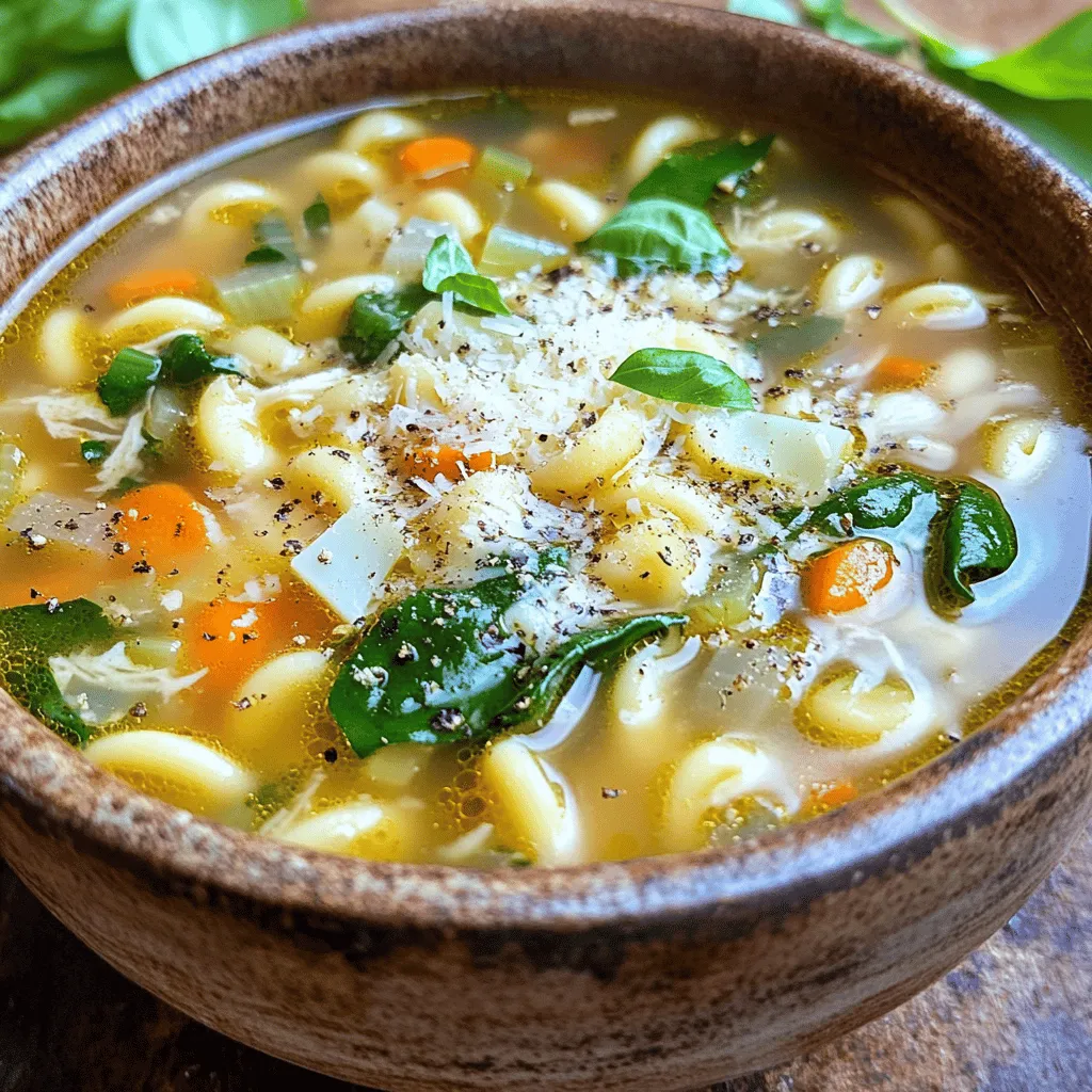To make a great Italian pastina soup, gather these key ingredients: - 1 cup pastina (tiny pasta) - 6 cups chicken or vegetable broth - 2 tablespoons olive oil - 1 medium onion, finely chopped - 2 cloves garlic, minced - 2 medium carrots, diced - 1 celery stalk, diced - 1 cup baby spinach, roughly chopped - 1 teaspoon dried oregano - 1/2 teaspoon red pepper flakes (optional) - Salt and pepper to taste - 1/4 cup grated Parmesan cheese (plus extra for serving) These ingredients work together to create a warm and tasty meal. The pastina adds a fun texture, while the broth provides depth. To boost the flavor, consider adding these optional ingredients: - Fresh herbs like thyme or rosemary for aroma - A splash of lemon juice for brightness - A bay leaf for an earthy note These options let you customize the soup to your taste. They can make a simple soup feel special. When serving your Italian pastina soup, consider these garnishes: - Fresh basil or parsley for color and freshness - Extra grated Parmesan for a cheesy kick - Croutons for added crunch Garnishes not only enhance the look but also add fun flavors. They make each bowl feel like a treat. First, gather your fresh vegetables. You need onion, garlic, carrots, and celery. Take a medium onion and chop it finely. Then, mince two cloves of garlic. Dice two medium carrots and one celery stalk into small pieces. This mix gives a great base for your soup. Next, in a large pot, heat two tablespoons of olive oil over medium heat. Once the oil is hot, add the chopped onion. Sauté it for about three to four minutes until it turns translucent. Then, add the minced garlic, diced carrots, and celery. Cook these for five more minutes, stirring often. You want them to soften but not brown. This step builds a lovely flavor for your soup. After the vegetables soften, pour in six cups of chicken or vegetable broth. Bring the mixture to a boil. The broth adds depth to your soup. Once it boils, add one cup of pastina. Stir it well, then lower the heat to a simmer. Cook the pastina for about eight to ten minutes, or until it’s tender. Stir in one cup of roughly chopped baby spinach next. Add one teaspoon of dried oregano and half a teaspoon of red pepper flakes if you like some heat. Season with salt and pepper to taste. Let the soup simmer for another two to three minutes. You want the spinach to wilt nicely. Once the cooking is done, remove the pot from heat. Stir in a quarter cup of grated Parmesan cheese until it melts. This cheese adds creaminess and flavor. Taste the soup and adjust the seasoning if needed. Now, it’s time to serve. Ladle the warm soup into bowls. Garnish with fresh basil or parsley. Don’t forget to add extra Parmesan on top for that special touch. Enjoy your comforting Italian pastina soup! To cook pastina just right, start with lots of water. Use a big pot and bring it to a boil. Add salt to the water for flavor. Once boiling, add the pastina. Stir it gently. Cook for about 8 to 10 minutes. Taste it to check if it’s tender. Drain the pastina, but save a bit of the water to add back later. You can change the soup's taste by adding more veggies. Try zucchini or peas for a fresh twist. For a richer flavor, add a splash of lemon juice. If you love spice, toss in more red pepper flakes. You can also switch the broth. Use beef broth for a hearty taste. Or try a broth made from mushrooms for a unique flavor. If you want to serve more people, it’s easy to scale up. Simply double or triple the ingredients. For every cup of pastina, add about 6 cups of broth. Keep the same amount of veggies. Just make sure to use a larger pot. This way, everyone can enjoy a warm bowl of soup together. {{image_2}} To make a vegetarian version of pastina soup, skip the chicken broth. Use vegetable broth instead. This change keeps the soup rich and tasty. You can also add more veggies. Try zucchini, bell peppers, or peas. Each adds color and flavor. For a heartier feel, toss in some beans. Cannellini beans or chickpeas work great. For a protein boost, consider adding chicken or beans. If you want chicken, cook it first. Dice it into small pieces and add it to the pot with the broth. This gives the soup a nice, savory depth. For a meat-free option, beans are excellent. They fill you up and add protein without meat. Just rinse and drain canned beans before adding them to the soup. If you like some heat, add spices to your pastina soup. Red pepper flakes bring a nice kick. Just a half teaspoon can spice things up. For more flavor, consider Italian seasoning or a bit of smoked paprika. These spices create a warm, inviting taste. Adjust the amount based on your spice level. You can always start small and add more as you taste. Storing your Italian pastina soup is easy. First, let the soup cool down to room temperature. Then, pour it into an airtight container. Make sure to leave some space at the top. This space helps with expansion if you freeze it later. You can keep the soup in the fridge for up to three days. Just remember to label the container with the date. When you’re ready to enjoy your leftover soup, reheating it is simple. Pour the soup into a pot. Heat it on medium until it’s warm. Stir occasionally to prevent sticking. If the soup is too thick, add a splash of broth or water. You can also use a microwave. Place the soup in a microwave-safe bowl. Heat it in short bursts, stirring in between, until it’s hot. Freezing your soup is a great way to save it for later. Pour the cooled soup into freezer-safe bags or containers. Make sure to remove as much air as possible. This keeps the soup fresh. You can freeze it for up to three months. When you’re ready to eat, thaw the soup overnight in the fridge. Then, reheat it as mentioned above. Enjoy your comforting meal any time! Pastina is a tiny type of pasta. It is small and shaped like little stars or grains. This pasta cooks quickly and absorbs flavors well. Kids and adults love it for its fun shape. Pastina is often used in soups, making meals feel warm and cozy. Its small size lets it blend perfectly with broth and veggies. This is why it shines in Italian Pastina Soup. Yes, you can make Italian Pastina Soup ahead of time. This soup tastes even better the next day. To do this, cook the soup but don’t add the pastina yet. Store it in the fridge for up to three days. When you are ready to eat, heat the broth and add the pastina. This keeps the pasta from getting mushy. It’s a great way to have a quick meal ready! To make a gluten-free Italian Pastina Soup, choose a gluten-free pasta. Many stores offer gluten-free pastina or similar tiny pasta shapes. You can also use rice or quinoa as a substitute. Just make sure to adjust the cooking time. Read the package instructions for the best results. This way, everyone can enjoy this comforting soup! Italian Pastina Soup is simple and comforting. We covered key ingredients, variations, and tips for cooking. You can adjust flavors, add proteins, or keep it vegetarian. Remember to store and reheat it properly for the best taste. Making this soup is fun and rewarding. Enjoy creating your version any day of the week. Treat yourself to this classic dish, and embrace its warm, savory flavors. Your kitchen will feel like Italy with each bowl!