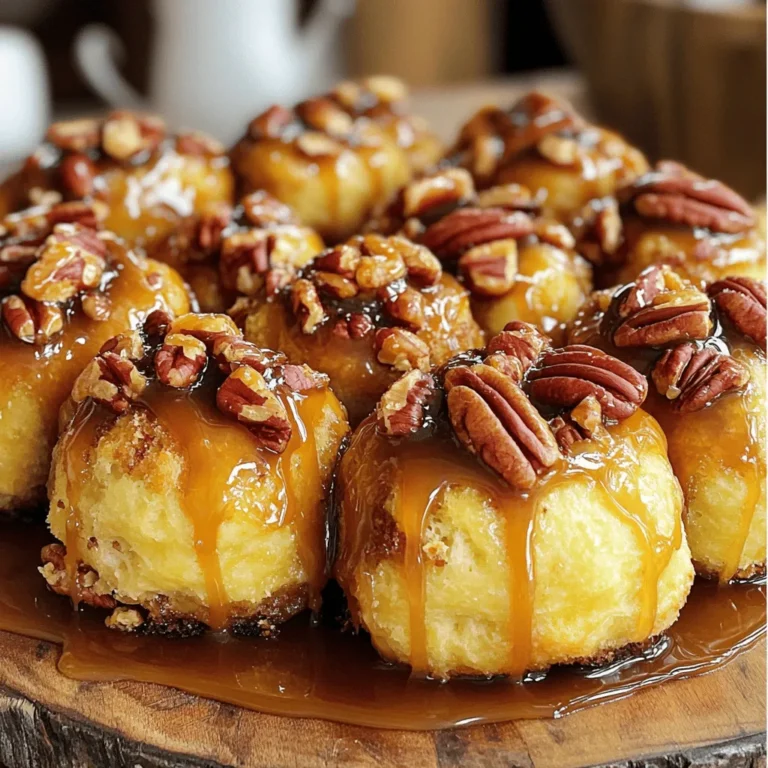 This recipe for Caramel Pecan Monkey Bread is simple and fun. Here’s what you need: - 2 cans of refrigerated biscuit dough (8 pieces each) - 1 cup packed brown sugar - 1/2 cup granulated sugar - 1 teaspoon ground cinnamon - 1/2 cup unsalted butter, melted - 1 cup pecans, chopped - 1 teaspoon vanilla extract - A pinch of salt These ingredients create a sweet, gooey treat. The biscuit dough forms the base, while the sugar and butter give it that rich caramel flavor. The pecans add a nice crunch. You can find these items at any grocery store, making it easy to whip up this dessert. The mix of flavors and textures makes each bite delightful. 1. Preheat your oven to 350°F (175°C). Grease a 10-inch bundt pan with cooking spray or butter. 2. In a medium bowl, mix the granulated sugar and cinnamon together. This mix adds great flavor. 3. Open the cans of biscuit dough. Cut each biscuit into quarters. This makes them easier to coat. 1. In a separate bowl, combine chopped pecans, melted butter, brown sugar, vanilla extract, and a pinch of salt. Stir until the mixture is well combined. 2. Layer half of the coated biscuit balls at the bottom of the bundt pan. Spread them evenly. 3. Sprinkle half of the pecan mixture on top of the biscuit balls. This adds a nice crunch. 4. Add the remaining biscuit balls on top of the pecan layer. 5. Finish with the rest of the pecan mixture. Pour any remaining melted butter evenly over the top. 1. Bake in the preheated oven for 30-35 minutes. Look for a golden brown color. 2. To check for doneness, insert a toothpick. It should come out clean. 3. Let it cool for about 10 minutes. This helps the bread set. 4. Carefully invert the bundt pan onto a serving plate. The monkey bread should come out easily. Enjoy your warm Caramel Pecan Monkey Bread! To make the best Caramel Pecan Monkey Bread, start with even dough ball coating. After cutting the biscuits, roll each piece into a ball. Make sure each ball gets fully coated in the cinnamon-sugar mix. This step adds great flavor. Check your baking time closely. Bake for 30 to 35 minutes. The bread should turn golden brown. Insert a toothpick in the center to check doneness. If it comes out clean, your bread is ready. To make your monkey bread look stunning, drizzle it with extra caramel sauce. Use a spoon to create a beautiful pattern. This adds sweetness and makes it eye-catching. Also, consider adding toasted pecans on top. They add crunch and a nice touch. To toast, just place them in a dry pan over medium heat for a few minutes. Stir often to prevent burning. This will enhance their flavor and make your dish more appealing. {{image_2}} You can change the flavor of your Caramel Pecan Monkey Bread easily. Adding chocolate chips gives a sweet twist. Just mix in a cup of semi-sweet or dark chocolate chips with the pecans. Dried fruits also work well. Consider raisins, cranberries, or even chopped apples. They add a nice chew and extra sweetness. Try different nuts too! Walnuts or almonds can replace pecans for a new taste. If you need a gluten-free option, use gluten-free biscuit dough. Many brands offer this now. Check your local store for options. For vegan substitutions, swap the butter for coconut oil or a vegan butter spread. Use a plant-based milk in place of any dairy. This way, everyone can enjoy this treat. To store your Caramel Pecan Monkey Bread, let it cool first. Wrap it tightly in plastic wrap or foil. Place it in the fridge. This keeps it fresh for about three days. Avoid using a container that is too tight. This can make the bread soggy. To keep the texture nice, place a paper towel in the container. The towel absorbs extra moisture. Another tip is to store it in a loose bag. This allows some air to flow, keeping the bread from getting too soft. When it comes to reheating, you have two choices: microwave or oven. The microwave is quick. Place a piece on a plate and heat for about 20 seconds. Check if it is warm enough. If not, heat it for another 10 seconds. Using the oven gives a better texture. Preheat your oven to 350°F (175°C). Wrap the monkey bread in foil. Heat it for about 10-15 minutes. This method keeps the bread warm and crispy. Enjoy the warm, gooey goodness! Yes, you can make this dish ahead of time. Prepare the monkey bread and let it cool. Then, cover it well and store it in the fridge. Just reheat it before serving for a warm treat. Caramel Pecan Monkey Bread is great on its own. You can serve it with a scoop of vanilla ice cream or a drizzle of extra caramel sauce. Fresh fruit, like sliced bananas or berries, pairs well too. Store the monkey bread in the fridge for up to three days. Make sure it’s in an airtight container to keep it fresh. Check for any signs of spoilage before eating. Yes, you can freeze it. Wrap the cooled monkey bread tightly in plastic wrap and aluminum foil. It can last in the freezer for up to three months. Thaw it in the fridge overnight before reheating. You now have a simple recipe for Caramel Pecan Monkey Bread. We covered the ingredients and steps to make it perfect. Remember to layer the dough balls well and watch the baking time for the best results. You can customize it with flavors and store leftovers properly. This treat is sure to impress friends and family. Enjoy making it, and have fun with the variations!