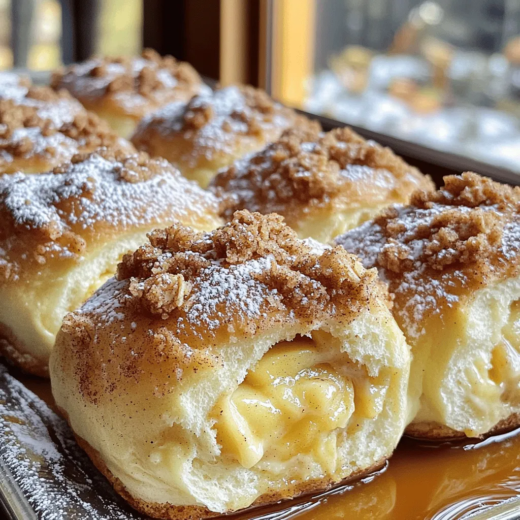 - Dough: - 2 cups all-purpose flour - 1 tablespoon sugar - 1 teaspoon baking powder - 1/2 teaspoon baking soda - 1/4 teaspoon salt - 1/2 cup unsalted butter, chilled and cubed - 1/2 cup cold buttermilk - 1 medium apple, peeled and diced - 1/2 teaspoon cinnamon - Cheesecake Filling: - 8 oz cream cheese, softened - 1/4 cup sugar - 1 egg - 1 teaspoon vanilla extract - Crumble Topping: - 1/2 cup rolled oats - 1/2 cup brown sugar - 1/4 cup melted butter - 1/2 teaspoon cinnamon When making these Apple Cheesecake Crumble Buns, I love to gather the ingredients first. This keeps things smooth as I cook. The dough forms the base of the bun, creating a soft, flaky texture. It uses simple pantry staples like flour, sugar, and butter. The cold butter is key; it helps the buns rise and stay tender. Next, we have the cheesecake filling. Cream cheese gives it a rich flavor, while sugar and vanilla add sweetness. The egg helps it set up nicely. I always beat it until smooth for the best texture. Finally, the crumble topping adds a nice crunch. Oats and brown sugar combine to create a sweet, crunchy layer. The melted butter binds it all together. I love how the cinnamon in both the dough and topping brings a warm, cozy flavor. With all these ingredients ready, we can create a dessert that everyone will love! Start by mixing the dry ingredients in a large bowl. Whisk together 2 cups of all-purpose flour, 1 tablespoon of sugar, 1 teaspoon of baking powder, 1/2 teaspoon of baking soda, and 1/4 teaspoon of salt. Next, add 1/2 cup of chilled and cubed unsalted butter. Mix until the texture resembles coarse crumbs. Then, pour in 1/2 cup of cold buttermilk. Stir gently until just combined. Finally, fold in 1 medium peeled and diced apple along with 1/2 teaspoon of cinnamon. Be careful not to overmix; we want a light dough. In a separate bowl, beat 8 ounces of softened cream cheese with 1/4 cup of sugar until smooth. Then, add 1 egg and 1 teaspoon of vanilla extract. Mix until fully blended. This filling adds a creamy touch to our buns, making them even more delightful. On a lightly floured surface, roll out the dough into a rectangle about 1/2 inch thick. Cut the dough into squares. In the center of each square, place a tablespoon of the cream cheese filling. Fold the corners over to create a bun shape and seal them well. This step is key to keeping the filling inside while baking. Preheat your oven to 375°F (190°C) and line a baking sheet with parchment paper. In a small bowl, mix together 1/2 cup of rolled oats, 1/2 cup of brown sugar, 1/4 cup of melted butter, and 1/2 teaspoon of cinnamon until crumbly. Place the buns on the prepared baking sheet and top each with the crumble topping. Bake for 20-25 minutes, or until the buns turn golden brown. The aroma will fill your kitchen, making it hard to wait! To make the best dough, avoid overmixing. Mix until just combined. Too much mixing can make the buns tough. Ensure the butter is chilled before you start. Cold butter helps create a flaky texture in the dough. For the cheesecake filling, you can play with flavors. Try adding vanilla or even chocolate for a twist. To get a smooth consistency, beat the cream cheese well before adding other ingredients. This helps prevent lumps. For the crumble topping, use the right ratios. I recommend equal parts oats and brown sugar for the best crunch. To serve, drizzle warm caramel sauce on top. This adds a sweet touch that pairs well with the apple and cheesecake flavors. {{image_2}} You can change the fruit in these buns to mix things up. Try using pears or mixed berries instead of apples. Each fruit adds a unique taste and keeps things fun. You can also switch spices to add depth. Nutmeg gives a warm touch, while allspice brings a hint of sweetness. If you need gluten-free options, use a gluten-free flour blend in place of regular flour. This works well without losing the bun's charm. For a dairy-free filling, replace cream cheese with a dairy-free cream cheese option. This way, everyone can enjoy these buns! To keep your Apple Cheesecake Crumble Buns fresh, store them in an airtight container. This helps maintain their softness and flavor. You can keep them at room temperature for up to two days. If you want to store them longer, the fridge is a great option. They will last for about a week when chilled. For the best results, use a container that fits the buns snugly. This prevents them from getting squished. You can also layer parchment paper between the buns to keep them from sticking together. If you want to enjoy these buns later, freezing is a smart choice. First, let the baked buns cool completely. Then, wrap each bun tightly in plastic wrap. Place them in a freezer-safe bag or container. They can last up to three months in the freezer. When you're ready to eat them, take the buns out of the freezer. Let them thaw in the fridge overnight or at room temperature for a few hours. To reheat, pop them in the oven at 350°F (175°C) for about 10-15 minutes. This warms them up and keeps them soft and yummy. How long do the buns stay fresh? The buns stay fresh for about two days. Store them in an airtight container. Can I make the dough ahead of time? Yes, you can make the dough a day in advance. Wrap it tightly and chill. What can I serve with these buns? These buns pair well with vanilla ice cream or whipped cream. A drizzle of caramel adds a nice touch. What to do if my filling is too runny? If the filling is too runny, add a bit more cream cheese. Mix until smooth. How to tell when the buns are done baking? The buns are done when they turn golden brown. A toothpick should come out clean when inserted. Is there a vegan version of this recipe? Yes, you can use vegan cream cheese and flax eggs. Substitute dairy ingredients with plant-based options. Can I use a different cheese for the filling? You can use mascarpone or ricotta cheese for a different flavor. Adjust sugar to taste. You now have a complete guide to making delicious Apple Cheesecake Crumble Buns. We covered key ingredients, step-by-step instructions, and useful tips. You learned about variations, storage options, and answered common questions. With this knowledge, you can create your own tasty treats. Try different flavors or dietary options to make them unique. Enjoy the process and share your results with others. Happy baking!