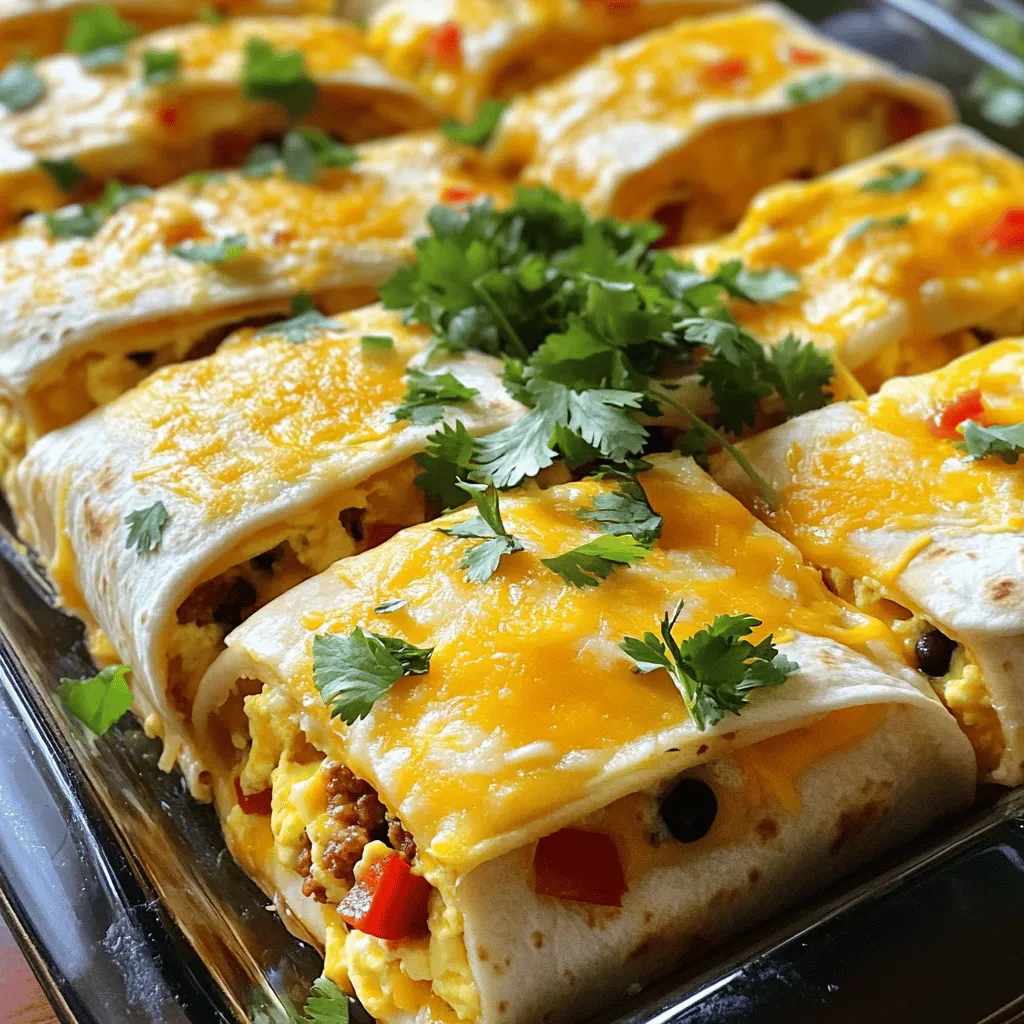 To make a tasty breakfast burrito casserole, you need a few key ingredients: - 8 large flour tortillas - 6 large eggs - 1 cup milk - 1 cup shredded cheddar cheese - 1 cup cooked chorizo (or a vegetarian alternative) - 1 cup black beans, drained and rinsed - 1 red bell pepper, diced - 1 small onion, diced - 2 cloves garlic, minced - 1 teaspoon ground cumin - 1 teaspoon chili powder - Salt and pepper to taste - Fresh cilantro for garnish (optional) These ingredients blend well together. They create a filling and savory dish that the whole family will love. If you want to switch things up, try these alternatives: - Chorizo: Use any cooked sausage, like turkey sausage or chicken sausage. For a vegetarian option, use crumbled tofu or tempeh with spices. - Tortillas: Instead of flour, you can choose corn tortillas for a gluten-free version. - Cheese: Try pepper jack cheese for extra heat, or use a dairy-free cheese for a vegan option. These swaps can help you tailor the dish to your taste and dietary needs. Toppings can add flavor and fun to your casserole. Here are some great options: - Fresh cilantro, chopped - Salsa or pico de gallo - Avocado or guacamole - Sour cream or Greek yogurt - Sliced jalapeños for heat Feel free to mix and match these toppings. They will bring your breakfast burrito casserole to life! Start by dicing one small onion and one red bell pepper. Heat a large skillet over medium heat. Add the onion and bell pepper to the skillet. Sauté them for about five minutes. You want them soft and fragrant. Next, mince two cloves of garlic. Add the garlic to the skillet. Cook for one more minute. This brings out the garlic's flavor. In a mixing bowl, whisk six large eggs and one cup of milk together. Then add one teaspoon of ground cumin and one teaspoon of chili powder. Sprinkle in salt and pepper to taste. Mix it well until smooth. Pour this egg mixture into the skillet with the veggies. Cook gently while stirring for about five to seven minutes. The eggs should just set. Now, stir in one cup of cooked chorizo and one cup of rinsed black beans. Mix everything until well combined. Take eight large flour tortillas and lay them flat. Scoop about one-third of the egg mixture onto each tortilla. Sprinkle a little cheddar cheese on top of the filling. Fold the sides of the tortillas over the filling. Place them seam-side down in a greased 9x13 inch baking dish. Once all the tortillas are in the dish, pour any leftover egg mixture on top. Finish by sprinkling the rest of the cheddar cheese evenly across the casserole. Cover the dish with foil. Bake in a preheated oven at 350°F for 25 minutes. Remove the foil and bake for another 10-15 minutes. You want the cheese to be bubbly and golden brown. After baking, let the casserole cool for a few minutes before slicing. Enjoy your delicious meal! To cook the eggs just right, keep the heat low. You want them to cook slowly. This way, they stay soft and fluffy. Stir gently while cooking. This helps mix in the chorizo and beans evenly. Watch them closely, as they can overcook fast. They only need about 5-7 minutes on the stove. Remove them from heat when they are still slightly runny. They will continue to cook in the oven. Store any leftovers in an airtight container. This keeps them fresh for later. If you plan to make it ahead, cover the dish with foil or plastic wrap. You can store it in the fridge for up to three days. If you want to keep it longer, try freezing it. Just make sure to wrap it tightly. It can last for up to three months in the freezer. Label the container with the date to track freshness. You can cook your casserole in two ways: the oven or microwave. The oven gives a crisp top and warm inside. Bake it at 350°F for about 35-40 minutes. If you are short on time, use the microwave. Heat it in 2-minute intervals until warm. The microwave may not brown the cheese, but it still tastes great. Choose the method that fits your schedule! {{image_2}} You can easily make this dish vegetarian. Simply swap chorizo for a plant-based option. I like using black beans or diced mushrooms. These add great flavor and texture. Use the same spices to keep it tasty. Your friends will love it, and they won't miss the meat. Feel free to add more veggies to suit your taste. Spinach or zucchini work well. You can also mix in jalapeños for some heat. If you want more flavor, add smoked paprika or cayenne pepper. This dish is all about your preferences, so have fun with it! For a low-carb version, use cauliflower tortillas instead of flour. They hold up nicely and add a new taste. If you need it gluten-free, check the labels on your tortillas. Many brands offer gluten-free options that work great. You can enjoy this dish without worry. To store leftovers, let the casserole cool to room temperature. Then, cover it tightly with plastic wrap or aluminum foil. You can also place it in an airtight container. This keeps the casserole fresh and prevents it from drying out. Store it in the fridge for up to three days. Freezing is a great way to save your breakfast burrito casserole. To freeze, first, let it cool completely. Then, cut it into portions. Wrap each piece in plastic wrap and then in aluminum foil. This method prevents freezer burn. You can freeze it for up to three months. When ready to eat, simply thaw it in the fridge overnight. To reheat the casserole, preheat your oven to 350°F (175°C). Place the casserole in the oven for about 20-25 minutes. If you are reheating individual portions, place them on a baking sheet. You can also microwave portions on high for 2-3 minutes. Check to ensure they are heated through. Enjoy your tasty meal just as if it were fresh! Yes, you can make the casserole the night before. Prepare it fully and cover it well. Store it in the fridge overnight. This saves time in the morning. Just bake it in the oven when you are ready to eat. The casserole lasts about 3 to 4 days in the fridge. Make sure to keep it covered. This keeps it fresh and tasty. If you want to keep it longer, consider freezing it. You can serve many things with this casserole. Here are some ideas: - Fresh salsa - Avocado slices - Sour cream - Chopped green onions - A side salad These options add flavor and make the meal more fun! We covered a lot about making a delicious breakfast burrito casserole. You learned about the key ingredients, from chorizo to vegetarian choices. I shared easy steps to prep and cook this dish. Tips on storing and reheating ensure your casserole stays tasty. You can even explore fun variations. In the end, this casserole is versatile and simple. It’s perfect for busy mornings or brunch gatherings. Enjoy making it, and share it with family and friends!
