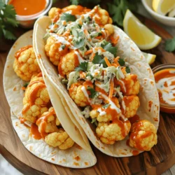 - 1 medium head of cauliflower, cut into bite-sized florets - 1 cup all-purpose flour - 1 cup water - 1 teaspoon garlic powder - 1 teaspoon smoked paprika - 1 teaspoon onion powder - Salt and pepper to taste - 1 cup buffalo sauce - 8 small corn tortillas - 1 cup shredded green cabbage - 1/2 cup shredded carrots - 1/2 cup mayonnaise - 1/4 cup buttermilk - 1 teaspoon dried dill - 1 tablespoon lemon juice The main ingredients for these tacos start with cauliflower. Cauliflower is the star here. It has a great texture and soaks up flavor well. Next, we have the flour and water mix. This creates the batter that gives the cauliflower a perfect crunch. The buffalo sauce adds the heat and tang. For the slaw, we use shredded cabbage and carrots. These give a nice crunch and color. The creamy ranch dressing has mayonnaise and buttermilk. This makes the slaw rich and tasty. Dried dill and lemon juice add freshness to the dressing. - Fresh cilantro, chopped (for garnish) - Slices of avocado (for serving) You can add toppings like fresh cilantro. This adds a pop of color and flavor. Avocado slices are a great choice too. They bring a creamy texture that balances the spice of the buffalo sauce. Feel free to be creative with your toppings. You can use other herbs or even some cheese if you like. These ingredients can help you make your tacos even more special! To make the batter for coating, start by mixing flour, water, garlic powder, smoked paprika, onion powder, salt, and pepper in a bowl. Whisk until smooth. This batter will give the cauliflower its tasty crunch. Next, dip each cauliflower floret into the batter. Make sure to coat each piece evenly. Place them on a lined baking sheet in a single layer. Bake these beauties at 450°F (232°C) for 20 minutes. Halfway through, flip them to ensure they cook evenly. After 20 minutes, they should be golden brown and crisp. Now, it’s time to add the buffalo sauce. Remove the cauliflower from the oven and toss the florets in the sauce. Make sure they are well-coated. Return them to the oven for another 10 minutes. This step makes them spicy and flavorful. While the cauliflower bakes, let’s prepare the creamy ranch slaw. In a large bowl, mix the shredded cabbage and shredded carrots. These veggies add crunch and color to your tacos. In a separate bowl, whisk together mayonnaise, buttermilk, dried dill, lemon juice, salt, and pepper. This dressing will give your slaw a tangy bite. Pour the dressing over the cabbage and carrots. Toss everything to coat evenly. This slaw is creamy and refreshing. To get started with the tacos, heat the corn tortillas for about 30 seconds on each side in a dry skillet. This makes them warm and pliable, perfect for holding all that goodness. Now, it’s time to assemble! Place a generous portion of buffalo cauliflower on each tortilla. Follow this with a handful of creamy ranch slaw. Garnish with fresh cilantro for a pop of color. If you like, add avocado slices for an extra creamy touch. Your buffalo cauliflower tacos are now ready to enjoy! To make your cauliflower nice and crispy, dip each floret in the batter. Make sure the batter coats the cauliflower well. Bake them at 450°F (232°C) for 20 minutes. Flip halfway through to ensure even cooking. For more flavor, try adding a bit of hot sauce to the batter. You can also toss the cauliflower in garlic powder or smoked paprika for extra zest. You can make your slaw even better by adding diced bell peppers or green onions. They add color and crunch. You can prepare the slaw ahead of time. Just mix the veggies and dressing. Store it in the fridge for up to two days. This will save you time when you are ready to eat. When you assemble your tacos, layer the buffalo cauliflower first. Then add a good amount of creamy ranch slaw on top. To make it look nice, serve the tacos on a large platter. You can add lemon wedges for a pop of color. A small bowl of extra buffalo sauce on the side is great for drizzling or dipping. For portion sizes, two tacos per person is a good rule of thumb. {{image_2}} You can add more protein to your tacos. For a plant-based twist, try adding cooked lentils or chickpeas. These options are rich in protein and fiber. You can also mix them with the buffalo cauliflower for a hearty dish. If you prefer meat, consider using shredded chicken or beef. These proteins pair well with buffalo sauce. You can toss them in the sauce just like the cauliflower. This adds a spicy kick and keeps everything flavorful. Explore different vegetables for your slaw. You can swap cabbage for kale or add bell peppers for color. Thinly sliced radishes give a nice crunch too. Experimenting with different veggies keeps your dish fresh. For dressings, try Greek yogurt instead of mayonnaise. It’s lighter and still creamy. You could also use a vinaigrette for a tangy twist. This way, you can tailor the slaw to your taste. Lettuce wraps make a great low-carb option. They hold the filling well and add freshness. You can use large leaves of romaine or butter lettuce for this. If you want something different, try flour tortillas. They are soft and can hold more filling. Corn tortillas give a nice flavor and are gluten-free. For creative serving, stack tacos on a platter. Add lemon wedges for a pop of color. Serve with a bowl of extra buffalo sauce for dipping. This makes it fun for everyone at the table. To keep your buffalo cauliflower fresh, store it in an airtight container. This helps keep out moisture and air. You can store it in the fridge for up to three days. For the creamy ranch slaw, place it in a separate container. The slaw stays fresh for about two days. This way, the flavors stay bright and crunchy. When you're ready to enjoy leftovers, there are a few great ways to reheat the tacos. You can use a skillet over medium heat. Heat each taco for about two to three minutes. This method helps keep the tortilla soft and the cauliflower crispy. You can also use a microwave, but it may make the tortillas a bit soggy. If you do use a microwave, heat for just 30 seconds at a time. Yes, you can freeze buffalo cauliflower! Just place it in a freezer-safe bag. Make sure to remove as much air as possible. It can stay frozen for up to three months. When you're ready to eat it, thaw it in the fridge overnight before reheating. However, I don’t recommend freezing the creamy ranch slaw. The texture of the cabbage can change when frozen and thawed. It’s best to enjoy the slaw fresh for the best taste and crunch. If you don’t like spicy food, you can tweak the buffalo sauce. Start with a milder sauce. You can also mix in some honey or butter. This will help tone down the heat. You can even use barbecue sauce for a sweet twist. Enjoy the great flavor without the burn! Yes, you can make these tacos gluten-free easily. Use a gluten-free flour blend instead of all-purpose flour. For the tortillas, swap corn tortillas with gluten-free versions. Check the labels to be sure. You can enjoy delicious tacos without gluten! Leftovers can last about 3-4 days in the fridge. Store the buffalo cauliflower and slaw in separate containers. This keeps them fresh and tasty. Make sure they are sealed tightly. You can reheat the cauliflower in the oven for a crispy texture! This blog post covered how to make delicious buffalo cauliflower tacos with creamy ranch slaw. You learned about key ingredients, step-by-step instructions, and helpful tips to make your tacos shine. Remember, you can customize these tacos with toppings, proteins, and different slaws. Don’t forget to store leftovers properly for maximum freshness. Now, you can enjoy this tasty dish your way! Get creative and have fun while cooking!