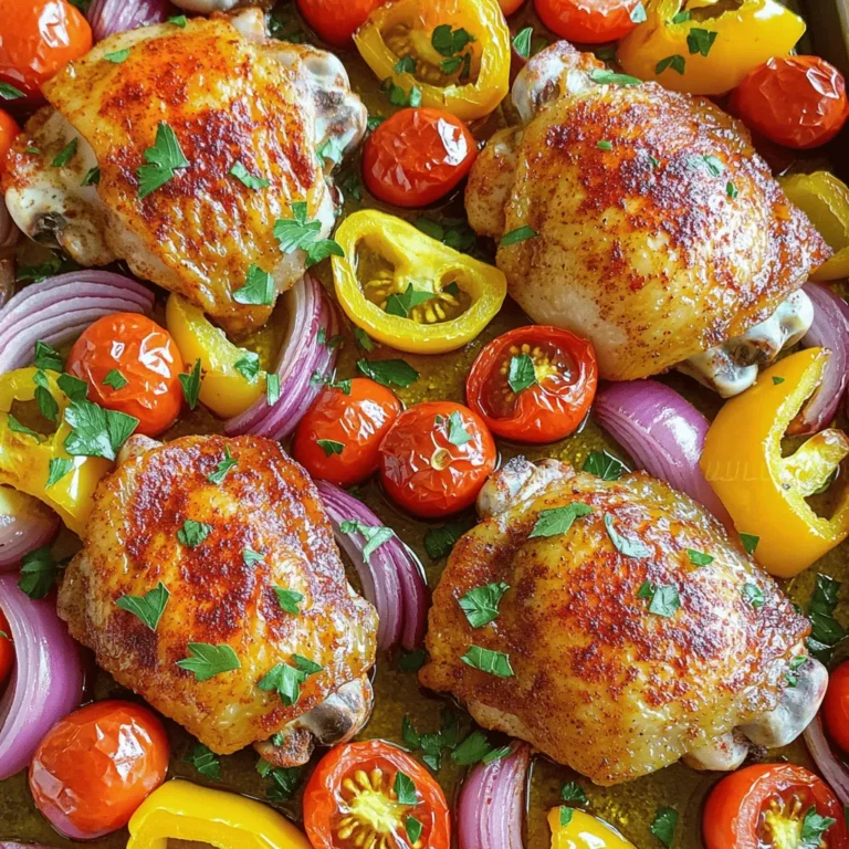 - 4 bone-in, skin-on chicken thighs - 1 teaspoon smoked paprika - 1 teaspoon garlic powder - 1 teaspoon onion powder - 1 teaspoon dried oregano - 1 teaspoon salt - ½ teaspoon black pepper - 2 tablespoons olive oil - 1 red bell pepper, sliced - 1 yellow bell pepper, sliced - 1 red onion, cut into wedges - 2 cups cherry tomatoes, halved - Fresh parsley for garnish The heart of this dish is the spice blend. Smoked paprika gives a rich, smoky flavor. Garlic powder adds depth, while onion powder brings sweetness. Dried oregano adds a hint of earthiness. Salt and black pepper enhance all the flavors. This mix makes the chicken and veggies pop. I love to sprinkle fresh parsley on top before serving. It adds color and freshness. You can also add lemon wedges for a zesty touch. A drizzle of balsamic glaze can elevate the dish further. These simple garnishes make your meal look and taste amazing! First, set your oven to 425°F (220°C). This temperature gets the oven hot and ready. You want it to be nice and warm for cooking. Next, grab a small bowl. In this bowl, mix together: - 1 teaspoon smoked paprika - 1 teaspoon garlic powder - 1 teaspoon onion powder - 1 teaspoon dried oregano - 1 teaspoon salt - ½ teaspoon black pepper Stir these spices well. This mix gives your chicken a rich flavor. Now, take your chicken thighs. Pat them dry with paper towels. This helps the spices stick better. Rub the spice mix all over the chicken. Make sure every part is covered. In a large bowl, combine: - 1 red bell pepper, sliced - 1 yellow bell pepper, sliced - 1 red onion, cut into wedges - 2 cups cherry tomatoes, halved Drizzle with 2 tablespoons of olive oil. Toss the veggies to coat them evenly with the oil. Take a large sheet pan. Place the seasoned chicken thighs in the center. Spread the vegetable mix around the chicken. This way, they all roast together. Slide the sheet pan into your preheated oven. Roast for 30-35 minutes. Use a meat thermometer to check if the chicken is done. It should reach 165°F (74°C). If you want crispy skin, turn on the broiler for the last 2-3 minutes. Keep a close watch to avoid burning. After cooking, let it rest for 5 minutes. Garnish with fresh parsley before serving. To get that crispy skin, start by drying your chicken thighs. Use paper towels to pat them dry. This step helps the skin crisp up nicely. After drying, rub the spice mix all over. Make sure to coat every inch. If you want it extra crispy, broil the chicken for 2-3 minutes at the end. Watch it closely to avoid burning. For tender chicken, you need to cook it well. Bake the chicken thighs at 425°F (220°C). This high heat helps keep the meat juicy. Use a meat thermometer to check the internal temperature. It should reach 165°F (74°C). Let the chicken rest for 5 minutes after cooking. This allows the juices to settle. To roast your veggies just right, cut them into similar sizes. This helps them cook evenly. Toss them in olive oil and the spice mix before placing them on the pan. Make sure they are spread out. Crowding the pan can make them steam instead of roast. Stir the veggies halfway through cooking for even browning. {{image_2}} You can swap in many tasty veggies. Try zucchini or asparagus for a fresh twist. Broccoli florets also work well. Just cut them into bite-sized pieces. Root vegetables like carrots or sweet potatoes add a nice sweetness. Keep in mind that cooking times may change. Thicker veggies need a little extra time to cook. Want more heat? Add a pinch of cayenne pepper. If you prefer a more herbal flavor, consider adding thyme or rosemary. For a zesty kick, a squeeze of lemon juice can brighten the dish. Taste the spice mix before adding it to the chicken. This lets you adjust to your liking. You can also cut back on salt if needed. Feel free to use chicken breasts or drumsticks. If you use breasts, reduce the cooking time to avoid dryness. Drumsticks can add more flavor and moisture. Just remember to check the internal temperature. It should still reach 165°F (74°C). Each cut gives you a different texture and taste experience. To store your Smoky Paprika Chicken, first let it cool. Place the chicken and veggies in an airtight container. Make sure to keep them together for best flavor. Store in the fridge for up to three days. If you want to keep it longer, freezing is a great option. When you're ready to eat leftovers, preheat your oven to 350°F (175°C). Place the chicken and veggies on a baking sheet. Cover with foil to keep moisture in. Heat for about 15-20 minutes or until warmed through. You can also use the microwave. Heat in short bursts, stirring in between, until hot. For freezing, wrap the chicken and veggies tightly in plastic wrap. Then, place them in a freezer bag or container. Make sure to remove as much air as possible. This dish can last in the freezer for up to three months. When ready to eat, thaw it in the fridge overnight before reheating. Yes, you can use boneless chicken thighs. They will cook faster than bone-in thighs. Adjust the cooking time to about 25-30 minutes. Check that they reach 165°F for safety. This dish pairs well with many sides. Consider serving it with rice or quinoa. You can also add a fresh salad or some crusty bread. These options balance the rich flavors of the chicken. The best way to check chicken doneness is with a meat thermometer. Insert it into the thickest part of the thigh. It should read 165°F (74°C). If you don't have a thermometer, the juices should run clear. Yes, you can prep the chicken and veggies ahead of time. Season the chicken and store it in the fridge for up to a day. You can also chop the veggies and keep them in a sealed container. Just roast them when you're ready to eat. This blog shared a simple way to make smoky paprika chicken. We covered key ingredients, step-by-step instructions, and best tips for great results. You can try different veggies and chicken cuts to mix things up. Remember to store leftovers safely for later. I hope you feel ready to create a tasty meal that impresses. Enjoy every bite!