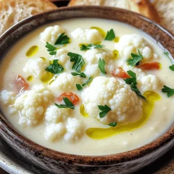 - 1 large head of cauliflower, cut into florets - 1 medium onion, chopped - 3 cloves of garlic, minced - 1 medium carrot, diced - 2 tablespoons olive oil - 1 teaspoon ground cumin - 1 teaspoon smoked paprika - 4 cups vegetable broth - 1 can (14 oz) diced tomatoes, drained - 1/2 cup tahini - Juice of 1 lemon - Salt and pepper, to taste - Fresh parsley, for garnish - Optional: Crusty bread for serving Gather these ingredients before you start. Each one adds flavor and nutrition to your soup. The large head of cauliflower is the star. It gives the soup its creamy base. The onion and carrot add sweetness. Garlic brings depth and aroma. Olive oil helps to sauté and blend flavors. The spices, cumin and smoked paprika, offer warmth and a hint of smokiness. Vegetable broth makes the soup hearty. Diced tomatoes add a touch of acidity. Tahini gives a creamy texture and nutty flavor. The lemon juice brightens the soup. Finish with salt and pepper to taste. Garnish with fresh parsley for a pop of color. If you like, serve the soup with warm, crusty bread. It’s perfect for dipping! 1. Start by heating the olive oil in a large pot over medium heat. 2. Add the chopped onion and diced carrot. Sauté these for about 5 minutes until they soften. 3. Next, stir in the minced garlic, ground cumin, and smoked paprika. Cook for one more minute until the spices smell great. 1. Now, add the cauliflower florets to the pot and stir well. Cook them for about 3 to 4 minutes until they lightly brown. 2. Pour in the vegetable broth and add the drained diced tomatoes. Bring the mix to a boil. Then, lower the heat and let it simmer for about 20 minutes or until the cauliflower is tender. 1. After cooking, remove the pot from heat. Mix in the tahini and lemon juice for extra creaminess. 2. Use an immersion blender to puree the soup until it’s smooth. If you don’t have one, you can transfer it to a blender in batches. 3. Season your soup with salt and pepper to taste. If it feels too thick, add a little more broth or water to reach the right consistency. To make your Mediterranean cauliflower soup stand out, spices are key. I love using ground cumin and smoked paprika. They bring warmth and depth to the dish. Fresh ingredients also play a big role. Always pick ripe tomatoes and fresh garlic. They add that vibrant flavor you want. A creamy soup is a delight. To get that smooth texture, blend the soup well. I recommend using an immersion blender. If it's too thick, just add more broth or water. This way, you can reach your perfect soup consistency. Presentation matters. A sprinkle of fresh parsley on top makes the soup pop. It adds color and freshness. Pair the soup with warm, crusty bread. This not only enhances the meal but also provides a nice crunch. Enjoy the creamy soup with a dip of bread for a perfect bite. {{image_2}} If you want to make this soup vegan, you can swap out tahini. Use sunflower seed butter or almond butter instead. These options keep the soup creamy while being plant-based. For gluten-free bread, choose options made with rice or almond flour. Many stores offer gluten-free loaves that taste great with this soup. You can enhance the soup by adding leafy greens. Spinach or kale works well. Just toss them in before you blend. Want extra protein? Add some chickpeas or lentils for a heartier meal. For flavor, try different herbs or spices. Fresh basil or dill can brighten the soup. A touch of lemon zest gives it a nice twist, too. Do you like heat? Add red pepper flakes while cooking the onions. This will bring a kick to your soup. For a briny flavor, mix in olives or capers. They add depth and a Mediterranean vibe. You can also top your soup with sliced jalapeños for more spice. Enjoy your unique creation! To keep your Mediterranean cauliflower soup fresh, store it in an airtight container. Place it in the fridge within two hours of cooking. It can stay good for about 3 to 4 days. If you want to freeze it, let the soup cool first. Use freezer-safe containers or bags. This soup can last up to three months in the freezer. For reheating, you have a few options. You can use the stove or the microwave. If using the stove, heat it on low to avoid burning. Stir it often for even warming. If using the microwave, heat in short bursts. This will help keep the texture smooth. Aim for 2 to 3 minutes per serving, stirring in between. You can prepare ingredients ahead of time. Chop the onions, garlic, and carrots a day before. Store them in the fridge to save time. For the soup, you can also make it in advance. Just cool it down, then store it in the fridge or freezer. This way, you can enjoy a quick meal later. Yes, you can make this soup ahead. It tastes even better the next day. Here are some tips for making it in advance: - Cool and Store: Let the soup cool before putting it in an airtight container. It keeps well in the fridge for up to three days. - Freeze for Later: You can also freeze the soup. Use freezer-safe containers, leaving some space for expansion. It lasts for about three months. - Reheat Gently: When ready to eat, reheat the soup on low heat. Stir often to prevent sticking and ensure even warming. This soup pairs well with several sides. Here are some great options: - Crusty Bread: A slice of warm, crusty bread is perfect for dipping. - Salad: A fresh side salad adds crunch and brightness. - Cheese: Top with crumbled feta or a sprinkle of parmesan for extra flavor. - Olives: Serve a bowl of olives on the side for a salty contrast. If you like heat, here are some easy ways to spice it up: - Red Pepper Flakes: Add a pinch of red pepper flakes while sautéing the onions. - Spicy Paprika: Swap smoked paprika for spicy paprika for a different kick. - Hot Sauce: Drizzle your favorite hot sauce in each bowl before serving. - Chili Oil: Drizzle chili oil on top for an extra layer of warmth and flavor. This blog post covered a delicious Mediterranean Cauliflower Soup recipe. You learned about essential ingredients, step-by-step cooking instructions, and tips for perfect flavor and texture. Variations let you customize the dish to your taste, while storage tips ensure leftovers stay fresh. In conclusion, making this soup is simple and rewarding. It’s versatile, healthy, and perfect for sharing. Enjoy this comforting dish any time!