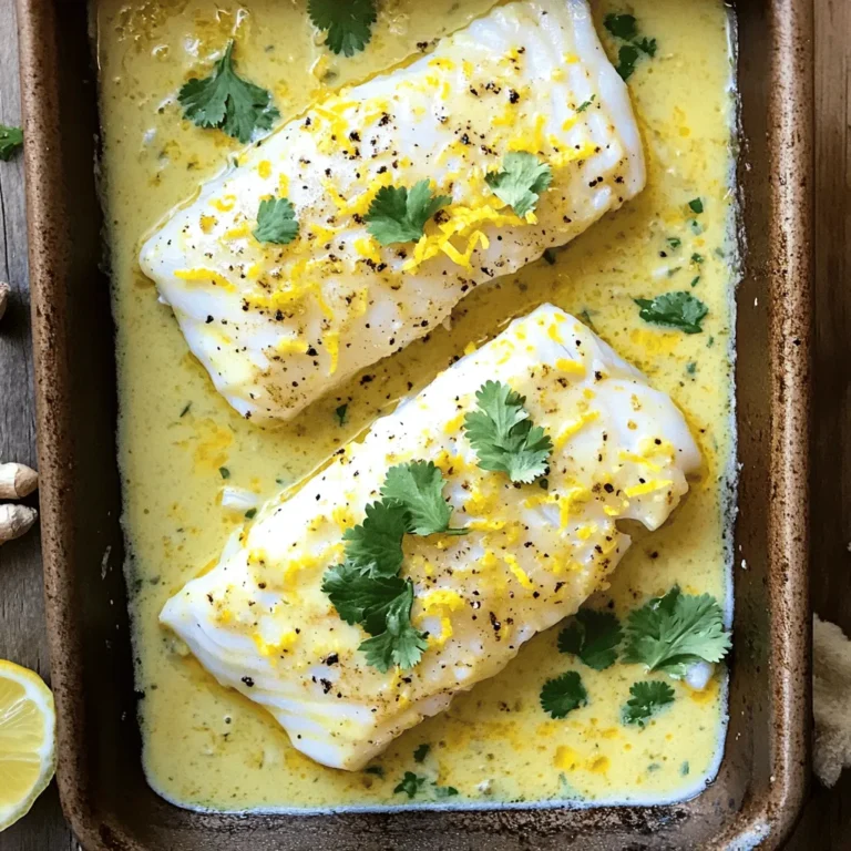 To make Baked Cod in Coconut Lemon Cream Sauce, gather these tasty ingredients: - 4 cod fillets (about 6 oz each) - 1 can (13.5 oz) coconut milk - 1 lemon (zested and juiced) - 2 tablespoons unsalted butter - 2 cloves garlic, minced - 1 teaspoon fresh ginger, grated - 1 tablespoon honey or maple syrup - Salt and pepper to taste - 1 tablespoon olive oil - Fresh cilantro or parsley for garnish These simple ingredients come together to create a rich, creamy sauce. Cod is mild, which makes it perfect for this dish. Coconut milk adds a tropical flair. Lemon brightens the flavors with a refreshing twist. Garlic and ginger give a warm, aromatic touch. You can use honey or maple syrup for sweetness, balancing the savory notes. I love how fresh herbs, like cilantro or parsley, finish the dish. They add color and a burst of flavor. Each bite combines creamy, tangy, and savory elements that excite your taste buds. So, let’s get cooking! 1. Preheating the oven Start by preheating your oven to 400°F (200°C). This step is important to ensure even cooking. 2. Preparing the coconut lemon cream sauce In a medium saucepan, melt 2 tablespoons of unsalted butter over medium heat. Add 2 cloves of minced garlic and 1 teaspoon of grated ginger. Sauté these for 1-2 minutes until they smell great. Next, pour in 1 can (13.5 oz) of coconut milk. Stir it well. Add the zest and juice of 1 lemon, along with 1 tablespoon of honey or maple syrup. Season this mix with salt and pepper. Bring it to a gentle simmer and cook for about 5 minutes. This sauce adds rich flavor to the cod. 1. Drizzling olive oil in the baking dish Take a baking dish and drizzle 1 tablespoon of olive oil on the bottom. This helps keep the fish from sticking. 2. Seasoning cod fillets Place 4 cod fillets, each about 6 oz, in the dish. Lightly season them with salt and pepper. This simple seasoning enhances the fish’s natural taste. 1. Pouring the sauce over cod Pour the coconut lemon cream sauce evenly over the cod fillets. Make sure each piece is well coated. This ensures every bite is flavorful. 2. Baking time and checking doneness Bake the cod in the preheated oven for 15-20 minutes. Check for doneness by seeing if the fish flakes easily with a fork. Once cooked, remove the dish from the oven and let it sit for a couple of minutes. This allows the flavors to settle. Oven temperature matters. Preheat your oven to 400°F (200°C). This heat cooks the cod just right. It keeps the fish tender and flaky. Checking for doneness is key. Cod is ready when it flakes easily with a fork. If it’s still raw, bake it a bit longer. You want that perfect texture! Want to boost the flavor? Try adding spices like paprika or cayenne. They add warmth and depth. You can also mix in fresh herbs like thyme or dill. For sweeteners, honey works great, but maple syrup is a fine choice too. Both options blend well with coconut and lemon. Garnishing makes your dish pop! Fresh cilantro or parsley adds color and freshness. Sprinkle some on right before serving. For serving, pair your cod with white rice or a green salad. This adds balance and makes your plate look great! {{image_2}} You can change the fish in this recipe. Cod is great, but you can use salmon or tilapia. They both cook well and taste delicious. Each type of fish brings a unique flavor to the dish. For the sauce, if you want a different taste, try almond milk or oat milk instead of coconut milk. This will change the flavor but still keep it creamy. If you need gluten-free options, this recipe is already safe! All the ingredients are gluten-free. For dairy-free variations, use dairy-free butter or a plant-based cream. This way, you can enjoy the same rich and tasty sauce without dairy. Want to spice things up? Add curry powder or chili flakes to the sauce for a kick. This will make the dish more exciting. You can also mix in some veggies like spinach or bell peppers. They add color and nutrition while making the meal more filling. To keep your baked cod fresh, place it in an airtight container. This helps the fish stay moist and tasty. Store it in the fridge for up to three days. If you want to keep it longer, freezing is a great option. Wrap the cod tightly in plastic wrap or foil, then place it in a freezer-safe bag. This way, it can last for up to two months. When reheating, do it slowly to keep the flavor and texture. Preheat your oven to 350°F (175°C). Place the cod in an oven-safe dish and cover it with foil. Heat for about 15 minutes or until warmed through. You can also use a microwave, but it may make the cod a bit rubbery. If you choose this method, heat it in short bursts and check often. Leftovers can stay good in the fridge for three days. If you freeze them, you should eat them within two months for the best taste. After that, the flavor may fade. Always check for any signs of spoilage before eating. Enjoy your delicious cod! The best side dish for baked cod is often rice or quinoa. Both pair well with the coconut lemon cream sauce. You can also serve it with roasted vegetables. Steamed broccoli or asparagus adds a nice crunch. A fresh salad can brighten the meal too. Try a simple cucumber salad with lime juice for extra zing. Yes, you can use frozen cod fillets. Just make sure to thaw them first. Place the frozen fillets in the fridge overnight for best results. If you're in a hurry, submerge them in cold water for about an hour. This helps them cook evenly and stay moist. Baked cod is done when it flakes easily with a fork. The fish should be opaque and have a white color. You can also use a meat thermometer. The internal temperature should reach 145°F (63°C). This ensures it's safe and delicious to eat. Yes, there are substitutes for coconut milk. You can use almond milk or soy milk for a lighter option. If you want creaminess, try heavy cream or half-and-half. This will alter the flavor but still taste good. Always check if they fit your dietary needs. Yes, you can make this recipe ahead of time. Prepare the coconut lemon cream sauce and store it in the fridge. You can also season the cod fillets in advance. Just bake them when you're ready to eat. This saves time and makes meal prep easier. This recipe for baked cod with coconut lemon cream is simple and tasty. You learned what ingredients you need and how to prepare and bake them. I shared tips for perfecting your dish and even offered variations to suit your taste. Remember, this meal is easy to store and reheat. Enjoy exploring the flavors and presentation ideas we discussed. Cooking is fun, and I hope you feel inspired to try this dish at home!