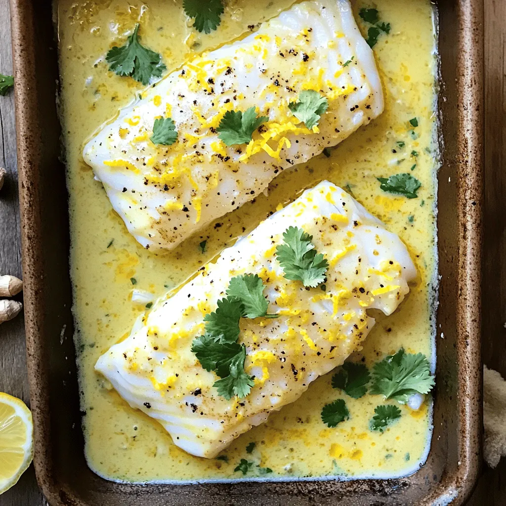 To make Baked Cod in Coconut Lemon Cream Sauce, gather these tasty ingredients: - 4 cod fillets (about 6 oz each) - 1 can (13.5 oz) coconut milk - 1 lemon (zested and juiced) - 2 tablespoons unsalted butter - 2 cloves garlic, minced - 1 teaspoon fresh ginger, grated - 1 tablespoon honey or maple syrup - Salt and pepper to taste - 1 tablespoon olive oil - Fresh cilantro or parsley for garnish These simple ingredients come together to create a rich, creamy sauce. Cod is mild, which makes it perfect for this dish. Coconut milk adds a tropical flair. Lemon brightens the flavors with a refreshing twist. Garlic and ginger give a warm, aromatic touch. You can use honey or maple syrup for sweetness, balancing the savory notes. I love how fresh herbs, like cilantro or parsley, finish the dish. They add color and a burst of flavor. Each bite combines creamy, tangy, and savory elements that excite your taste buds. So, let’s get cooking! 1. Preheating the oven Start by preheating your oven to 400°F (200°C). This step is important to ensure even cooking. 2. Preparing the coconut lemon cream sauce In a medium saucepan, melt 2 tablespoons of unsalted butter over medium heat. Add 2 cloves of minced garlic and 1 teaspoon of grated ginger. Sauté these for 1-2 minutes until they smell great. Next, pour in 1 can (13.5 oz) of coconut milk. Stir it well. Add the zest and juice of 1 lemon, along with 1 tablespoon of honey or maple syrup. Season this mix with salt and pepper. Bring it to a gentle simmer and cook for about 5 minutes. This sauce adds rich flavor to the cod. 1. Drizzling olive oil in the baking dish Take a baking dish and drizzle 1 tablespoon of olive oil on the bottom. This helps keep the fish from sticking. 2. Seasoning cod fillets Place 4 cod fillets, each about 6 oz, in the dish. Lightly season them with salt and pepper. This simple seasoning enhances the fish’s natural taste. 1. Pouring the sauce over cod Pour the coconut lemon cream sauce evenly over the cod fillets. Make sure each piece is well coated. This ensures every bite is flavorful. 2. Baking time and checking doneness Bake the cod in the preheated oven for 15-20 minutes. Check for doneness by seeing if the fish flakes easily with a fork. Once cooked, remove the dish from the oven and let it sit for a couple of minutes. This allows the flavors to settle. Oven temperature matters. Preheat your oven to 400°F (200°C). This heat cooks the cod just right. It keeps the fish tender and flaky. Checking for doneness is key. Cod is ready when it flakes easily with a fork. If it’s still raw, bake it a bit longer. You want that perfect texture! Want to boost the flavor? Try adding spices like paprika or cayenne. They add warmth and depth. You can also mix in fresh herbs like thyme or dill. For sweeteners, honey works great, but maple syrup is a fine choice too. Both options blend well with coconut and lemon. Garnishing makes your dish pop! Fresh cilantro or parsley adds color and freshness. Sprinkle some on right before serving. For serving, pair your cod with white rice or a green salad. This adds balance and makes your plate look great! {{image_2}} You can change the fish in this recipe. Cod is great, but you can use salmon or tilapia. They both cook well and taste delicious. Each type of fish brings a unique flavor to the dish. For the sauce, if you want a different taste, try almond milk or oat milk instead of coconut milk. This will change the flavor but still keep it creamy. If you need gluten-free options, this recipe is already safe! All the ingredients are gluten-free. For dairy-free variations, use dairy-free butter or a plant-based cream. This way, you can enjoy the same rich and tasty sauce without dairy. Want to spice things up? Add curry powder or chili flakes to the sauce for a kick. This will make the dish more exciting. You can also mix in some veggies like spinach or bell peppers. They add color and nutrition while making the meal more filling. To keep your baked cod fresh, place it in an airtight container. This helps the fish stay moist and tasty. Store it in the fridge for up to three days. If you want to keep it longer, freezing is a great option. Wrap the cod tightly in plastic wrap or foil, then place it in a freezer-safe bag. This way, it can last for up to two months. When reheating, do it slowly to keep the flavor and texture. Preheat your oven to 350°F (175°C). Place the cod in an oven-safe dish and cover it with foil. Heat for about 15 minutes or until warmed through. You can also use a microwave, but it may make the cod a bit rubbery. If you choose this method, heat it in short bursts and check often. Leftovers can stay good in the fridge for three days. If you freeze them, you should eat them within two months for the best taste. After that, the flavor may fade. Always check for any signs of spoilage before eating. Enjoy your delicious cod! The best side dish for baked cod is often rice or quinoa. Both pair well with the coconut lemon cream sauce. You can also serve it with roasted vegetables. Steamed broccoli or asparagus adds a nice crunch. A fresh salad can brighten the meal too. Try a simple cucumber salad with lime juice for extra zing. Yes, you can use frozen cod fillets. Just make sure to thaw them first. Place the frozen fillets in the fridge overnight for best results. If you're in a hurry, submerge them in cold water for about an hour. This helps them cook evenly and stay moist. Baked cod is done when it flakes easily with a fork. The fish should be opaque and have a white color. You can also use a meat thermometer. The internal temperature should reach 145°F (63°C). This ensures it's safe and delicious to eat. Yes, there are substitutes for coconut milk. You can use almond milk or soy milk for a lighter option. If you want creaminess, try heavy cream or half-and-half. This will alter the flavor but still taste good. Always check if they fit your dietary needs. Yes, you can make this recipe ahead of time. Prepare the coconut lemon cream sauce and store it in the fridge. You can also season the cod fillets in advance. Just bake them when you're ready to eat. This saves time and makes meal prep easier. This recipe for baked cod with coconut lemon cream is simple and tasty. You learned what ingredients you need and how to prepare and bake them. I shared tips for perfecting your dish and even offered variations to suit your taste. Remember, this meal is easy to store and reheat. Enjoy exploring the flavors and presentation ideas we discussed. Cooking is fun, and I hope you feel inspired to try this dish at home!