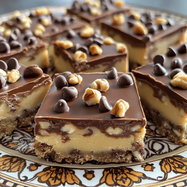 To make the no-bake cookie dough bars, you need these simple ingredients: - 1 cup all-purpose flour (heat-treated for safety) - 1/2 cup unsalted butter, softened - 1/2 cup packed brown sugar - 1/4 cup granulated sugar - 1 teaspoon vanilla extract - 1/4 teaspoon salt - 1/2 cup mini chocolate chips - 1/4 cup chopped walnuts (optional) - 1/2 cup melted chocolate (for topping) Each ingredient plays a key role in making these treats delicious. The heat-treated flour ensures safety, while the butter adds creaminess. Brown sugar gives a rich flavor, and granulated sugar adds sweetness. Vanilla extract brings warmth, and salt balances the flavors perfectly. The mini chocolate chips add delightful bites of sweetness, while walnuts, if you choose to use them, offer a nice crunch. Finally, the melted chocolate topping adds a smooth finish. Gather these ingredients to create your cookie dough bars. You’ll love how easy it is to prepare! 1. Start by creaming the butter and sugars. In a large bowl, mix the softened butter with brown sugar and granulated sugar. Beat them together until the mixture is light and fluffy. This step adds air and makes the bars soft. 2. Next, incorporate the wet ingredients. Add in the vanilla extract and mix well. This adds a lovely flavor to your dough. 3. Now, it’s time to add the dry ingredients. Gradually mix in the heat-treated flour and salt. Keep stirring until a soft dough forms. Make sure there are no dry spots. Then fold in the mini chocolate chips and walnuts if you like nuts. This makes the dough extra tasty. 1. Line an 8x8 inch baking dish with parchment paper. Leave some overhang for easy removal later. This step helps keep the bars from sticking. 2. Now, press the dough into the bottom of the dish. Use a spatula to smooth it out evenly. Make sure it is packed tightly for best results. 3. For the chocolate topping, melt the chocolate. Use a microwave-safe bowl and heat it in 30-second intervals. Stir until it is smooth and melted. This will create a delicious layer on top. 4. Pour the melted chocolate over the pressed cookie dough. Use the spatula to spread it evenly across the top. This will give your bars a rich finish. 1. Place the baking dish in the fridge to chill. Let the bars set for at least one hour. This helps the chocolate harden and makes the bars easier to slice. 2. Once set, lift the bars out using the parchment paper overhang. Slice them into squares with a sharp knife. For a nice touch, arrange the bars on a decorative plate. 3. To make them look even better, sprinkle extra mini chocolate chips on top. You can also drizzle more melted chocolate over each bar before serving. Enjoy your delicious no-bake cookie dough bars! - Ensuring the flour is heat-treated: To keep your bars safe, heat-treat your flour. Spread it on a baking sheet and bake at 350°F for five minutes. This kills any harmful bacteria. Let it cool before using it in your recipe. - Tips for the perfect dough consistency: Your dough should be soft yet firm. If it’s too sticky, add a little more flour. If it’s too dry, add a splash of milk. - Best mixing bowls and utensils: Use a large mixing bowl that can hold all your ingredients. A sturdy spatula is great for mixing and pressing the dough. A hand mixer can make creaming the butter and sugars easier. - Recommended baking dishes: An 8x8 inch baking dish works best. Line it with parchment paper for easy removal. A glass dish helps you see if the chocolate has set. - Overmixing the dough: Mix until just combined. Overmixing can make the dough tough. You want it to be light and easy to press into the pan. - Not setting the bars long enough: Chill the bars for at least one hour. This helps the chocolate firm up and gives the bars the right texture. If you skip this step, they may fall apart when you slice them. {{image_2}} You can have fun with flavors in your no-bake cookie dough bars. Here are some ideas: - Different types of chocolate: Swap mini chocolate chips for dark, white, or even peanut butter chips. Each type adds a unique taste. - Nuts: Try using different nuts like pecans or almonds. They add crunch and flavor. - Dried fruits: Mix in some raisins, cranberries, or chopped apricots. They bring a hint of sweetness and chewiness. If you have dietary needs, don’t worry! You can easily modify this recipe: - Gluten-free alternatives: Use gluten-free flour instead of all-purpose flour. This keeps the bars safe for those with gluten issues. - Vegan modifications: Replace butter with coconut oil or vegan butter. You can also use maple syrup instead of brown sugar for a vegan twist. Serving these bars can be just as fun as making them! Here are some ideas: - Pairing: Serve your bars with a scoop of ice cream or a dollop of whipped cream. This adds a nice, creamy contrast to the sweet bars. - Creative plating: Arrange the bars on a colorful plate. Sprinkle extra mini chocolate chips on top and drizzle melted chocolate for a fancy touch. This makes your dessert look as good as it tastes. To keep your cookie dough bars fresh, store them in the fridge. Place the bars in an airtight container. This method keeps them soft and tasty. If you want to save them for later, freezing is a great option. Wrap each bar in plastic wrap, then place them in a freezer-safe bag. This helps keep them from getting freezer burn. In the fridge, these bars last about one week. If you freeze them, they can stay good for up to three months. Just make sure to label the bags with the date. This way, you’ll know when to enjoy them! You can enjoy these bars cold right from the fridge. They taste great chilled! If you prefer a warm treat, heat them in the microwave for about 10 to 15 seconds. This melts the chocolate just enough for a gooey treat. Enjoy your cookie dough bars however you like! If you lack heat-treated flour, you can easily make your own. Spread regular flour on a baking sheet. Bake it at 350°F for about 5 minutes. This process kills harmful bacteria. Let it cool before using it in your recipe. Yes, you can use various chocolate chips. Dark chocolate, white chocolate, or even peanut butter chips work well. Choose what you like best. Mixing different types can create a fun flavor twist. To make nut-free bars, simply omit the walnuts. You can replace them with seeds like sunflower or pumpkin. These seeds give a nice crunch without nuts. You can also add more chocolate chips for extra sweetness. Yes, you can swap some ingredients for healthier options. Use whole wheat flour instead of all-purpose flour. You can also reduce the sugar or use a natural sweetener like honey or maple syrup. This way, you still get a tasty treat. You can tell the chocolate is set when it looks shiny and firm. If you gently touch it, your finger should not leave a mark. It may take about an hour in the fridge. If you are unsure, give it more time to chill. You now have a tasty guide to making these dessert bars. We covered the key ingredients, clear steps, and helpful tips to ensure success. Throughout this process, it’s important to avoid common mistakes like overmixing. Creative variations let you customize the flavors. Proper storage means you enjoy these treats longer. With these insights, you can bake with confidence. Enjoy your dessert bars, share with friends, and try new twists in the future!