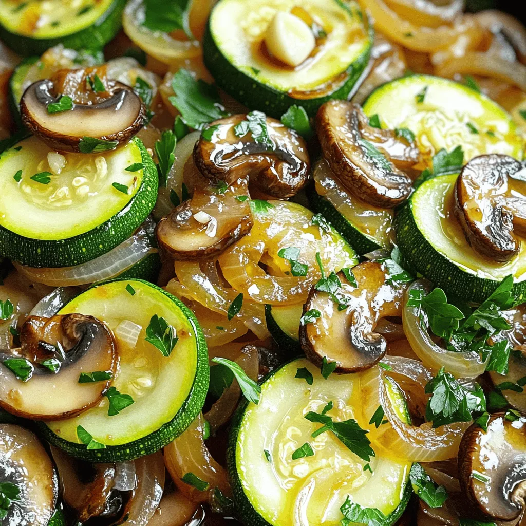 To make Garlic Sautéed Zucchini, Mushrooms, and Onions, you'll need: - 2 medium zucchinis, sliced into half-moons - 8 ounces mushrooms, sliced (any variety) - 1 large onion, thinly sliced - 4 cloves garlic, minced - 3 tablespoons olive oil - 1 teaspoon dried thyme - 1 teaspoon balsamic vinegar - Salt and pepper to taste - Fresh parsley, chopped (for garnish) You can swap some ingredients to fit your taste: - Instead of zucchini, try yellow squash for a different twist. - Use shallots in place of onions for a milder flavor. - Any mushrooms work well, but try portobello for a heartier bite. - Fresh thyme can replace dried thyme for a more vibrant taste. - Use lemon juice instead of balsamic vinegar for a zesty kick. Choose the best veggies for this dish: - Look for zucchinis that are firm and bright in color. - Pick mushrooms that are smooth and dry, not slimy or dark. - For onions, select ones that feel heavy and have dry skins. - Fresh garlic should be firm and free from sprouts or soft spots. - Always smell the produce; it should smell fresh and earthy. To start, gather your ingredients. You need zucchini, mushrooms, onion, garlic, olive oil, thyme, balsamic vinegar, salt, and pepper. First, heat the olive oil in a large skillet over medium heat. This will start the cooking process. Next, add the sliced onion to the skillet. Sauté them for 3 to 4 minutes until they are soft and translucent. After that, add the minced garlic. Cook it for about 1 minute. Stir it often to stop it from burning. Now, it’s time to add the zucchini and mushrooms. Stir them well into the mix. Sprinkle in the dried thyme, salt, and pepper. This adds great flavor. Sauté everything for 8 to 10 minutes. The zucchini should be tender but still crisp. The mushrooms will release their moisture, making the dish juicy. Finally, drizzle the balsamic vinegar over the veggies. Cook for another minute to blend the flavors. Remove the skillet from the heat. You can garnish with fresh parsley before serving. Sautéing is all about temperature control. Start with medium heat to avoid burning. Use a large skillet to give your veggies space. They need room to cook evenly. Stir often to keep them from sticking. This helps them cook nicely without burning. Always add garlic later in the process. It cooks faster than onions and zucchini. This way, it stays fragrant and tasty. Using a good-quality olive oil makes a difference as well. It adds depth to the dish. Watch for the color and texture of your veggies. The onions should be soft and see-through. Zucchini should be bright green and tender. The mushrooms will look shrunken and juicy. If your zucchini feels soft but firm when you poke it, it's done. The key is to keep them slightly crisp for the best taste. To amp up the flavor of Garlic Sautéed Zucchini, Mushrooms, and Onions, choose fresh, high-quality ingredients. They make a big difference. When you slice the garlic, do it just before cooking. This keeps its strong flavor alive. Use extra virgin olive oil for a rich taste. It adds depth to the dish. You can also add a squeeze of fresh lemon juice at the end. This brightens the flavors and adds a lovely zing. A pinch of red pepper flakes can provide a nice kick. Adjust the amount based on your spice preference. One common mistake is overcrowding the skillet. If you add too many veggies at once, they won't sauté well. This leads to steaming instead of browning. Always give each ingredient space to breathe. Another mistake is not heating the oil enough. If the oil isn’t hot before adding vegetables, they can become mushy. Wait until the oil shimmers to start cooking. Lastly, avoid stirring too often. Give the veggies time to brown. This adds flavor and texture. For the best texture, slice your zucchini and mushrooms evenly. This ensures they cook at the same rate. Zucchini should be tender but still slightly crisp. This usually takes about 8-10 minutes. Keep an eye on the onions, too. They should become translucent without burning. Use a spatula to stir gently, allowing the veggies to develop a nice golden color. Before serving, let the dish rest for a minute. This helps the flavors meld together beautifully. {{image_2}} You can swap in other veggies for this dish. Here are some tasty options: - Bell peppers: Add color and sweetness. - Spinach: Mix in fresh leaves for a nutrient boost. - Eggplant: This gives a rich, creamy texture. - Carrots: Thinly sliced carrots add crunch and natural sweetness. Feel free to use what you have on hand. Each veggie brings its own unique flavor and texture. You can change the flavor with different herbs and spices. Here are a few ideas: - Basil: This adds a fresh, sweet taste. - Oregano: A classic choice that pairs well with zucchini. - Red pepper flakes: Use these for a spicy kick. - Lemon zest: This brightens the dish and adds freshness. Mix and match these flavors to suit your taste. The goal is to make it your own! Garlic sautéed zucchini, mushrooms, and onions go well with many dishes. Here are some great pairings: - Serve over rice or quinoa for a filling meal. - Add to pasta for a tasty veggie boost. - Pair with grilled chicken or fish for protein. - Top with cheese or nuts for added crunch. These ideas help you create a full meal. Feel free to experiment with different sides! Store your leftover Garlic Sautéed Zucchini, Mushrooms, and Onions in an airtight container. This keeps the flavors fresh. Make sure to cool the dish to room temperature first. Place it in the fridge for up to three days. If you prefer, use glass containers for easy reheating. To reheat, you can use the stovetop or microwave. For the stovetop, heat a pan over medium heat. Add a splash of olive oil to prevent sticking. Add the leftovers and stir until warm, about 5-7 minutes. If using the microwave, place the dish in a microwave-safe bowl. Heat in 30-second intervals, stirring in between. This helps heat evenly. You can freeze this dish for later use. Just place it in a freezer-safe container. Make sure to leave some space at the top for expansion. It will keep well for up to three months. When ready to eat, thaw it in the fridge overnight. Reheat as mentioned above for the best taste. Sautéing vegetables takes about 10 to 15 minutes. The exact time varies by vegetable type. For zucchini, mushrooms, and onions, I suggest cooking for about 8 to 10 minutes. This keeps them tender yet crisp. Stir them occasionally for even cooking. You can check for doneness by tasting. If they are soft and flavorful, they are ready! Yes, you can easily make this recipe vegan. All the ingredients are plant-based. Use olive oil as your cooking fat. The balsamic vinegar adds a nice tang. You can enjoy this dish without any animal products. It remains just as tasty and satisfying. Feel free to try adding other veggies for more variety! This dish pairs well with many options. You can serve it alongside grilled chicken or fish for protein. It also goes great with rice or quinoa as a base. Try adding it to pasta for a hearty meal. For a lighter choice, serve it on a bed of greens. The flavors blend well with various cuisines and dishes! In this blog post, we explored the key ingredients for sautéing, from fresh produce to substitutes. I shared a step-by-step guide on cooking techniques and visual cues for doneness. You learned tips to enhance flavor and avoid common mistakes. We also looked at variations with different veggies and spices, plus serving ideas. Finally, I covered storage methods to keep your leftovers fresh and tasty. Remember, practice leads to better results, so grab those ingredients and start sautéing!