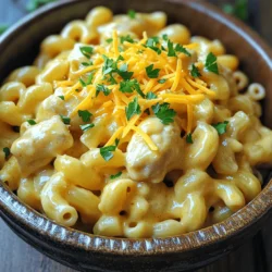 - 2 cups elbow macaroni - 1 lb chicken breast, diced - 4 tablespoons unsalted butter - 1/4 cup honey - 4 cloves garlic, minced - 2 cups shredded sharp cheddar cheese - 1 cup milk For this dish, I use elbow macaroni. It holds sauce well and cooks quickly. The chicken breast adds protein and a nice texture. I love using honey and garlic together for a sweet and savory kick. Sharp cheddar cheese gives a rich flavor, and milk makes the sauce creamy. - 1 teaspoon Dijon mustard - 1/2 teaspoon smoked paprika - Salt and pepper to taste - Fresh parsley, chopped (for garnish) To season, I use Dijon mustard for a tangy twist. Smoked paprika adds depth and warmth. I always adjust salt and pepper for taste. Chopped parsley makes a colorful garnish on top. It adds freshness and a nice pop of green. First, fill a large pot with water. Add a generous pinch of salt. Bring the water to a rolling boil. Once boiling, add 2 cups of elbow macaroni. Cook according to the package instructions until it is al dente. This usually takes about 7 to 8 minutes. Be sure to stir occasionally so the pasta does not stick. After it's cooked, drain the macaroni and set it aside. Next, grab a large skillet and place it over medium heat. Add 2 tablespoons of unsalted butter and let it melt. Once melted, add 1 pound of diced chicken breast. Season the chicken with salt, pepper, and 1/2 teaspoon of smoked paprika. Cook the chicken for about 7 to 10 minutes. It should be browned and cooked through. Once done, remove the chicken from the skillet and set it aside. Now, in the same skillet, add the remaining 2 tablespoons of butter. Let it melt completely. After that, add 4 cloves of minced garlic and sauté for about 1 to 2 minutes. You want the garlic to be fragrant but not burned. Then, stir in 1/4 cup of honey. Cook it for about 2 more minutes until it starts to caramelize. This gives the sauce a rich, sweet flavor. With the sauce ready, add the cooked chicken back to the skillet. Toss the chicken in the honey garlic sauce until it is well coated. Remove the skillet from heat. In a large saucepan, combine 1 cup of milk and 1 teaspoon of Dijon mustard over low heat. Gradually whisk in 2 cups of shredded sharp cheddar cheese until it melts and becomes smooth. Finally, mix in the cooked macaroni and the honey garlic chicken. Stir until everything is well combined. To make a smooth cheese sauce, start with low heat. Gradually add cheese while stirring. This keeps the cheese from clumping. Use freshly shredded cheese for the best melt. Pre-packaged cheese often has additives that can make it grainy. Whisk constantly to combine milk and cheese well. If the sauce is too thick, add more milk until you reach the desired creaminess. You can add spices to boost flavor. Try a pinch of cayenne for heat or Italian herbs for depth. A dash of garlic powder adds more garlic flavor. You can also mix in some cooked bacon bits for a smoky taste. For a fresh twist, add lemon zest or a splash of hot sauce. These small changes can elevate your dish. Presentation matters! Serve the mac and cheese in rustic bowls for a cozy feel. Sprinkle extra cheddar cheese on top before serving. This adds a nice touch and a melty layer. Finish with fresh parsley for color. You can also drizzle a bit of the honey garlic sauce on top. This makes it look even more appetizing. {{image_2}} You can swap chicken for other meats or plant-based options. Try diced turkey for a leaner choice. Ground beef also adds a rich flavor. If you prefer plant-based, use chickpeas or tofu. Both options soak up the honey garlic sauce well. For a seafood twist, shrimp can also be a tasty alternative. Just cook it until it turns pink. Not a fan of cheddar? You can use different cheeses. Gouda brings a creamy texture and a smoky taste. Monterey Jack melts well and gives a mild flavor. For a sharper bite, try blue cheese. You can even mix cheeses for a unique flavor profile. Just ensure you have enough melting cheese in the mix. If you need gluten-free options, use gluten-free pasta. Many brands offer elbow macaroni made from rice or corn. For dairy-free adaptations, choose plant-based milk and cheese. Coconut milk adds a nice creaminess. Nutritional yeast can give a cheesy flavor without dairy. Always check labels to ensure they fit your needs. To store your Honey Garlic Butter Chicken Mac & Cheese, let it cool first. Use an airtight container for best results. Place the leftovers in the fridge. This helps keep the flavors fresh and tasty. To freeze, make sure it is completely cool. Transfer the mac and cheese into freezer-safe containers. Label them with the date. When ready to eat, thaw in the fridge overnight. Reheat it in the oven or on the stove. Add a splash of milk if it seems dry. In the fridge, your dish lasts about 3 to 4 days. If you freeze it, it can last up to 2 months. Always check for any off smells or changes in color before eating. Enjoy your tasty meal with confidence! Yes, you can make this dish ahead of time. Here’s how: - Cook the macaroni and chicken as per the recipe. - Prepare the honey garlic sauce and cheese sauce. - Combine everything but do not bake it. - Store in an airtight container in the fridge. - When ready to eat, bake it at 350°F for 20-25 minutes. This keeps the dish fresh and tasty. To add some heat, try these ideas: - Mix in some red pepper flakes while cooking the chicken. - Add diced jalapeños to the honey garlic sauce. - Use pepper jack cheese instead of cheddar for a spicy kick. - Try a dash of hot sauce in the cheese sauce for added flavor. These options will spice up your mac and cheese wonderfully. Pair this mac and cheese with these sides: - A fresh garden salad with a light vinaigrette. - Roasted vegetables like broccoli or Brussels sprouts. - Garlic bread for dipping into the cheese sauce. - Grilled corn on the cob for a sweet crunch. These sides will complement the rich flavors of your meal. Honey Garlic Butter Chicken Mac & Cheese is a tasty and easy dish to make. You learned about the main ingredients, cooking steps, and seasoning tips. You can try different proteins or cheeses for variety. Storing leftovers is simple, too. This dish is both fun to cook and delicious on the table. Enjoy making it your own and share it with friends and family. Cooking is about experimenting and having fun!