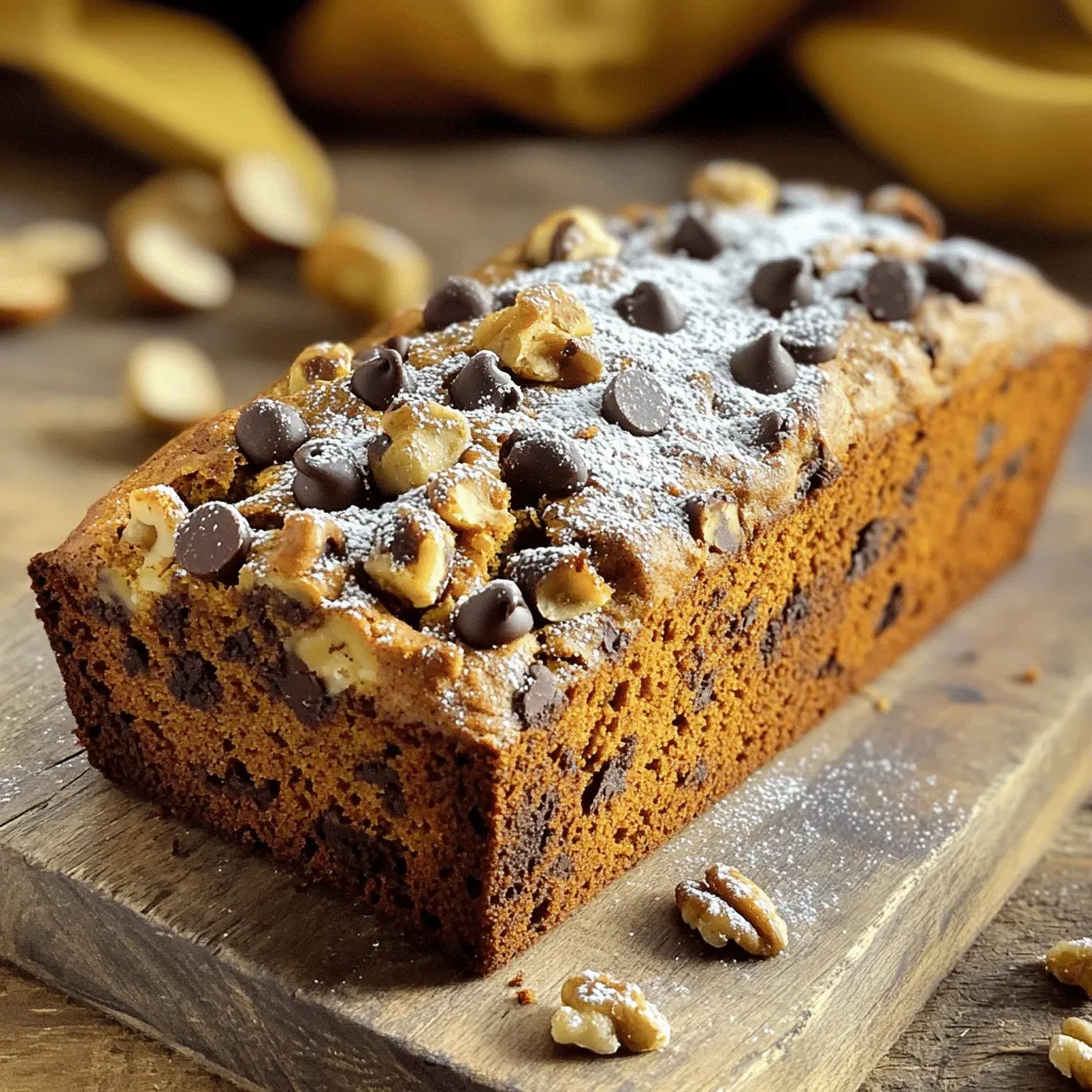 - 1 cup mashed ripe bananas - 1 cup canned pumpkin puree - 1/2 cup vegetable oil - 1 cup brown sugar - 1/2 cup granulated sugar To make banana chocolate chip pumpkin bread, you need a blend of flavors. Start with ripe bananas. They should be soft and sweet. Use about two to three bananas for one cup of mash. Canned pumpkin puree gives the bread a rich texture and taste. It is smooth and easy to mix in. Vegetable oil keeps the bread moist. Using brown sugar adds depth, while granulated sugar sweetens it just right. - 1/2 cup semi-sweet chocolate chips - 1/2 cup chopped walnuts or pecans For extra fun, consider adding chocolate chips. They melt and create little pockets of sweetness. Nuts like walnuts or pecans add crunch and flavor, but they are not necessary. You can skip them if you prefer a smoother texture. - All-purpose flour - Baking soda, baking powder, and salt - Ground spices: cinnamon and nutmeg All-purpose flour is your main base. It helps the bread rise and gives it structure. Baking soda and baking powder are key for leavening. They help the bread become light and fluffy. Don’t forget the salt; it enhances all the flavors. Ground cinnamon and nutmeg bring warmth and spice. They make the bread smell amazing while baking. First, preheat your oven to 350°F (175°C). This step is key for even cooking. Next, get a 9x5-inch loaf pan ready. You can grease it or line it with parchment paper. This makes it easy to remove the bread later. Now, let’s mix the wet ingredients. In a large bowl, combine: - 1 cup mashed ripe bananas (about 2-3 bananas) - 1 cup canned pumpkin puree - 1/2 cup vegetable oil (or melted coconut oil) - 1 cup brown sugar, packed - 1/2 cup granulated sugar - 2 large eggs - 1 teaspoon vanilla extract Stir these until the mixture is smooth and well combined. In a separate bowl, whisk together the dry ingredients. You will need: - 2 cups all-purpose flour - 1 teaspoon baking soda - 1 teaspoon baking powder - 1/2 teaspoon salt - 1 teaspoon ground cinnamon - 1/2 teaspoon ground nutmeg Whisking helps to mix everything evenly. Next, we will slowly add the dry ingredients into the wet mix. Stir gently until just combined. It is important to not overmix. A few lumps are okay. Now, it’s time to add some fun! Fold in: - 1/2 cup semi-sweet chocolate chips - 1/2 cup chopped walnuts or pecans (optional) Make sure they are evenly spread in the batter. Pour the batter into your prepared pan. Use a spatula to smooth the top. Bake it in your preheated oven for 55-65 minutes. Check for doneness by inserting a toothpick into the center. If it comes out clean, your bread is ready! - Avoid overmixing the batter. Mix just until the dry ingredients blend with the wet ones. This keeps the bread light and fluffy. - Allow the bread to cool for optimal slicing. If you cut it too soon, the slices might crumble. Patience pays off! - Use ripe bananas for natural sweetness. The darker the bananas, the sweeter they get. This adds a rich taste to your bread. - Experiment with spice levels. If you love a kick, add more cinnamon or nutmeg. Adjusting spices lets you create a unique flavor every time. - Adjust baking time for different ovens. Some ovens run hotter or cooler, so check your bread earlier or later than the time stated. - Use a toothpick to test for doneness. Insert it into the center; if it comes out clean, your bread is ready! This simple trick helps you avoid underbaking. {{image_2}} You can switch out brown sugar for honey or maple syrup. This change adds a unique taste. Honey offers a floral note, while maple syrup gives a rich flavor. Both options are great for those who want a different sweetness. If you want a healthier option, try using coconut sugar. Coconut sugar has a lower glycemic index than regular sugar. It also has a hint of caramel flavor. This makes it a tasty choice for your bread. To add more texture and taste, try adding dried fruit. Raisins or cranberries work well in this recipe. They bring sweetness and chewiness to each bite. You can mix in about 1/2 cup of your chosen dried fruit. Another fun idea is to incorporate citrus zest. A bit of orange or lemon zest can brighten the flavor. This small addition can elevate your bread to new heights. If you need a gluten-free option, consider using almond or oat flour. Both flours will work well in this recipe. Just replace all-purpose flour with the same amount of your chosen flour. For a vegan adaptation, use flax eggs instead of regular eggs. To make one flax egg, mix 1 tablespoon of ground flaxseed with 2.5 tablespoons of water. Let it sit for a few minutes to thicken. This simple swap keeps your bread delicious and plant-based. To keep your Banana Chocolate Chip Pumpkin Bread fresh, wrap it tightly in plastic wrap. This helps seal in moisture. You can also store the bread at room temperature for a few days. For best results, place the wrapped bread in an airtight container. This keeps out air and helps maintain its soft texture. Make sure to store it away from direct sunlight. If you want to save your Banana Chocolate Chip Pumpkin Bread for later, freezing is a great option. First, let the bread cool completely. Then, wrap it in plastic wrap, ensuring no air gets in. Next, place it in a freezer-safe bag or container. When you're ready to enjoy it again, thaw the bread in the fridge overnight. For the best texture, let it sit at room temperature for a bit before slicing. You can even warm it up in the oven for a few minutes to refresh it. This delicious bread is best enjoyed within a week. After this time, it may start to lose its flavor and moisture. Look for signs that your bread has gone bad. If you see mold or notice an off smell, it’s time to toss it. Trust your senses to determine if it’s still good! Yes, this bread can be made and stored for later. You can bake it a day or two in advance. Just let it cool completely before wrapping it. Store it in an airtight container at room temperature. If you want a longer shelf life, freeze it. Wrap it well in plastic wrap and then in foil. This way, it stays fresh for up to three months. Use a toothpick to check for doneness. Insert the toothpick into the center of the bread. If it comes out clean, your bread is done. If there is wet batter on the toothpick, it needs more time. Keep an eye on the time but trust your toothpick. It is the best tool for this job. Yes, there are several options for substitutions. You can swap brown sugar for honey or maple syrup. Coconut sugar works well too. If you want to make it gluten-free, use almond or oat flour instead of all-purpose flour. For a vegan version, replace eggs with flax eggs. These changes can still give you a tasty bread. In this blog post, we explored how to make delicious Banana Chocolate Chip Pumpkin Bread. I shared essential ingredients, detailed steps, and helpful tips to ensure your success. Remember to adjust ingredients for personal taste and dietary needs. You can experiment with flavors and textures while keeping the basics intact. This bread is perfect for sharing or enjoying alone. With proper storage, you can savor it longer. Dive in, have fun baking, and enjoy each tasty slice!