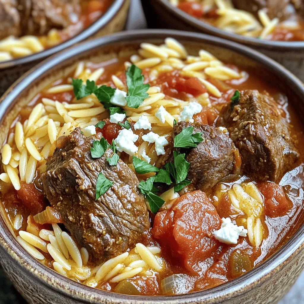 - 500g beef stew meat, cut into cubes - 2 tablespoons olive oil - 1 large onion, finely chopped - 3 cloves garlic, minced - 1 teaspoon ground cinnamon - 1 teaspoon dried oregano - 1 teaspoon cumin - Salt and pepper to taste - 400g canned diced tomatoes - 4 cups beef broth - 300g orzo pasta - 1 bay leaf - Fresh parsley, chopped (for garnish) - Grated feta cheese (optional, for topping) When you gather your ingredients, make sure you have the best quality. Fresh ingredients make a big difference. The beef should be tender and juicy. The onion adds sweetness, and garlic brings depth. Spices like cinnamon, oregano, and cumin create a warm flavor. You can adjust salt and pepper based on your taste. Don't forget the orzo! It adds a wonderful texture. The canned tomatoes and beef broth give a rich base. The bay leaf adds subtle notes of flavor. Fresh parsley brightens up the dish. Grated feta cheese can be a tasty topping. Enjoy the process of gathering these ingredients! It sets the stage for a delicious meal. - Sauté the onion and garlic Start by heating 2 tablespoons of olive oil in a large pot over medium heat. Add 1 finely chopped large onion and sauté for about 5 minutes. You want the onion to be soft and clear. Then, add 3 minced cloves of garlic. Cook for another minute until you smell that wonderful garlic scent. - Brown the beef cubes Next, add 500g of beef stew meat cut into cubes. You should brown the meat on all sides for about 5 to 7 minutes. This step is key. It gives your dish a deep flavor. - Add spices and tomatoes Once the beef is browned, sprinkle in 1 teaspoon of ground cinnamon, 1 teaspoon of dried oregano, and 1 teaspoon of cumin. Stir well to coat the meat in those lovely spices. Then, pour in 400g of canned diced tomatoes. This adds a nice acidity. - Incorporate beef broth and bay leaf Now, add 4 cups of beef broth and toss in 1 bay leaf. Season with salt and pepper to taste. This mixture needs to come to a gentle simmer. Cover the pot and let it cook on low heat. This should take about 1.5 hours, or until the beef is tender. - Simmer until beef is tender Check on your beef. It should be soft and flavorful after simmering. Stir occasionally to prevent sticking. - Add orzo and cook until al dente Once the beef is tender, add 300g of orzo pasta. Stir it in well. Cook for an additional 10 to 12 minutes. You want the orzo to be al dente, which means it should still have a slight bite. - Adjust seasoning and serve Before serving, remove the bay leaf. Taste your dish and adjust the seasoning if needed. Serve the Beef Giouvetsi in bowls. Top with chopped fresh parsley and, if you like, a sprinkle of grated feta cheese. Enjoy this warm and comforting meal! To make Beef Giouvetsi shine, start with quality beef. A good cut gives you rich flavor. Fresh spices also matter. They bring out the best in your dish. Simmering is key. It allows the beef to tenderize and absorb flavors. Let it cook slowly. This way, your meal becomes both hearty and comforting. Be careful not to overcook the orzo. This pasta cooks fast and can get mushy. Stir it regularly. This helps prevent sticking to the pot. You want your dish to have a nice texture. A few gentle stirs while cooking will keep everything mixed well and delicious. Garnish your Beef Giouvetsi for added flair. Fresh parsley adds color and taste. You can also sprinkle grated feta on top. It brings a creamy touch to each bite. Pair this dish with a simple salad or crusty bread. These sides complement the rich flavors perfectly. Enjoy your meal and share it with friends! {{image_2}} You can switch the beef for other meats. Lamb works well, giving a rich flavor. Chicken is also a great choice. It cooks faster and keeps the dish light. If you want a vegetarian dish, use mushrooms or lentils. They add a nice texture and taste. For gluten-free needs, swap the orzo with gluten-free pasta. Quinoa or rice can be great too. They blend well with the dish and keep it hearty. Check labels to ensure they are gluten-free. You can make this dish even better with added veggies. Carrots, bell peppers, or zucchini fit in nicely. They add color and nutrients. If you like spice, add red pepper flakes or hot sauce. Adjust the spice to your taste to make it perfect for you. To keep Beef Giouvetsi fresh, cool it quickly. Let it sit at room temp for no more than two hours. Once cooled, transfer it to a container. Use an airtight container to prevent drying out. If you have leftovers, store them in the fridge. They will stay good for three to four days. Freezing is a great option if you want to save Beef Giouvetsi. First, let it cool completely. Then, place it in a freezer-safe container. Be sure to leave some space as it expands. You can also use freezer bags, just remove as much air as possible. Beef Giouvetsi can last up to three months in the freezer. When you're ready to eat, thaw it overnight in the fridge. For reheating, the stove is the best method. Heat it gently over low heat. Add a splash of beef broth or water to keep it moist. Stir often to ensure even heating. If you want the orzo to stay al dente, avoid boiling it again. You can also use the microwave. If using a microwave, heat it in short bursts. Stir in between to check the heat. This will help maintain the flavor and texture. Beef Giouvetsi is a Greek dish. It features beef stew cooked with orzo pasta. The dish has roots in Greece, where families make it for gatherings. The warm spices and savory broth create a cozy meal. It is perfect for chilly days or when you want comfort food. The mix of beef, tomatoes, and spices makes it rich in flavor. Yes, you can use a slow cooker for Beef Giouvetsi. Here’s how: - Sauté the onion and garlic in a pan. - Brown the beef cubes in the same pan. - Transfer these to the slow cooker. - Add the spices, tomatoes, broth, and bay leaf. - Cook on low for 6 to 8 hours. - About 30 minutes before serving, add the orzo and cook until tender. Using a slow cooker makes the beef very tender and full of flavor. To add spice to Beef Giouvetsi, try these tips: - Add crushed red pepper flakes for heat. - Use spicy sausage instead of beef for a different flavor. - Stir in chopped jalapeños or other hot peppers. - Mix in a dash of cayenne pepper for extra warmth. - Once cooked, add a splash of hot sauce for more kick. These changes boost the flavor and add depth to your dish. Enjoy experimenting with different spices! In this blog post, we explored how to make Beef Giouvetsi, from the ingredients and cooking steps to flavor tips and variations. You learned about the key components, like beef, orzo, and spices, and how to achieve rich flavors. Remember, using quality beef and fresh spices is essential for a tasty dish. Try different meats or a vegetarian version to fit your taste. With these tips, you can enjoy this hearty meal anytime. Now, gather your ingredients and start cooking!