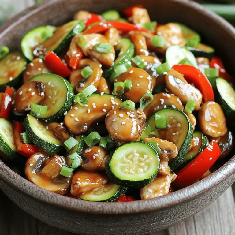 - Zucchini: 2 cups, sliced into half-moons - Mushrooms: 2 cups, sliced (any variety) - Chicken: 1 lb, cut into bite-sized pieces - Soy Sauce: 3 tablespoons - Sesame Oil: 1 tablespoon - Garlic: 2 cloves, minced - Ginger: 1 tablespoon, grated - Red Bell Pepper: 1, sliced - Cornstarch: 1 tablespoon - Chicken Broth: 1/2 cup - Green Onions: for garnish - Sesame Seeds: for garnish - Salt and Pepper: to taste Gather these fresh ingredients before you start. Zucchini adds a nice crunch and flavor. Mushrooms bring umami, while chicken gives protein. The marinade with soy sauce, garlic, and ginger makes everything taste amazing. Don’t forget the cornstarch; it helps to coat the chicken and gives a nice texture. The red bell pepper adds color and sweetness. Garnish with green onions and sesame seeds for a pretty finish. Enjoy the cooking process; it’s all about the joy of making something tasty! First, you need to mix the chicken pieces with 1 tablespoon of soy sauce and cornstarch. This helps to tenderize the chicken and adds flavor. After mixing, let the chicken marinate for about 15 minutes. This step is important because it allows the flavors to soak into the chicken. Now, heat a large non-stick skillet or wok over medium-high heat. Add 1 tablespoon of sesame oil to the hot skillet. Once the oil is hot, add the marinated chicken. Stir-fry it until the chicken is cooked through, which should take about 5 to 7 minutes. When done, remove the chicken from the skillet and set it aside. In the same skillet, add 2 cloves of minced garlic and 1 tablespoon of grated ginger. Sauté these for about 30 seconds until they smell great. Next, add the sliced mushrooms and 1 red bell pepper, and cook for 4 to 5 minutes until they soften. The garlic and ginger add depth to the dish. Now, add 2 cups of sliced zucchini to the skillet. Stir in the remaining 2 tablespoons of soy sauce. Cook for another 3 minutes. The zucchini should be tender but still a bit crisp. After that, return the cooked chicken to the skillet and pour in 1/2 cup of chicken broth. Stir well to combine everything. Finally, season the stir-fry with salt and pepper to taste. Once seasoned, remove the skillet from heat. Serve the stir-fry hot, garnished with sliced green onions and sesame seeds. This dish is colorful and tasty! To get the best texture for zucchini, cut it into half-moons. This shape helps it cook evenly. Aim for pieces about 1/4 inch thick. This way, the zucchini will stay crisp and not turn mushy. When cooking chicken, make sure to cut it into small, bite-sized pieces. This helps it cook faster and more evenly. Marinating the chicken in soy sauce and cornstarch adds flavor and keeps it tender. Stir-fry the chicken over medium-high heat for 5 to 7 minutes. This gives it a nice golden color. If you want a different taste, try using tamari or coconut aminos instead of soy sauce. Both options work well and offer unique flavors. To add some heat, sprinkle in chili flakes or a dash of sriracha. This adds a nice kick to the dish. Start with a small amount, and adjust to your taste. For side dishes, serve your stir-fry with rice or quinoa. These grains soak up the tasty sauce. You can also pair it with a simple green salad for a fresh touch. If you like meal prep, this stir-fry is great for it. You can make a big batch and store it in containers. It stays good for a few days in the fridge. Just reheat it when you are ready to eat. {{image_2}} You can switch the chicken for shrimp, tofu, or beef. Each option brings its own flavor. - Shrimp: Cook for 3-4 minutes until pink. - Tofu: Use firm tofu, sauté for 5-7 minutes until golden. - Beef: Thinly slice and stir-fry for 3-5 minutes until browned. This gives you tasty choices for your stir-fry. Feel free to try other veggies for fun and flavor. Broccoli and carrots work well. - Broccoli: Add for a nice crunch and color. - Carrots: Slice thinly to blend well with other veggies. Using seasonal veggies adds freshness and taste to your dish. You can easily change the sauce to fit your taste. Want it spicy? Add chili flakes. For a teriyaki flavor, mix in some sugar and rice vinegar. - Broths: Swap chicken broth for vegetable or beef broth for different flavors. - Thickeners: If you like a thicker sauce, use more cornstarch or a splash of arrowroot. These changes keep your stir-fry exciting and new! To keep your stir-fry fresh, store it in an airtight container. This method helps avoid moisture loss. I recommend letting it cool to room temperature before sealing it. Properly stored, the dish stays fresh in the fridge for up to three days. For freezing, divide the stir-fry into portions. Use freezer-safe containers or bags. Squeeze out as much air as possible to prevent freezer burn. The stir-fry can last in the freezer for up to three months. When reheating, thaw it in the fridge overnight. Warm it on the stove over low heat. This method helps keep the texture crisp and tasty. For meal prep, portion the stir-fry into single servings. This way, you can grab a meal when needed. Use glass or BPA-free plastic containers for storage. They are durable and microwave-safe. Label each container with the date to track freshness. This simple step makes your weeknight meals easy and quick! To make your stir-fry gluten-free, use gluten-free soy sauce. Brands like Tamari are great options. Just swap regular soy sauce with this gluten-free version in the recipe. This change keeps the dish flavorful without any gluten. Yes, you can use frozen vegetables in this stir-fry. Frozen veggies save time and are convenient. Just remember to thaw them first. If you skip thawing, the stir-fry may turn out watery. Add them to the pan in the last few minutes of cooking. This helps them heat through without becoming mushy. If your stir-fry is soggy, try these tips. First, avoid overcooking the vegetables. They should stay crisp. You can also use a higher heat when cooking. This helps to evaporate excess moisture. If it’s already soggy, try cooking it longer to dry it out. Just be careful not to burn it. To make this stir-fry vegan, replace the chicken with tofu. Firm tofu works best. Make sure to press it to remove extra moisture. Also, use vegetable broth instead of chicken broth. Finally, ensure your soy sauce is vegan-friendly. These simple swaps keep the dish tasty and plant-based. This blog post shared a simple, tasty stir-fry recipe. We covered the key ingredients like zucchini, mushrooms, and chicken. You learned how to marinate and cook these ingredients step by step. I also offered tips for enhancing flavor and suggested variations for proteins and vegetables. Remember, customizing your dish keeps it fun and fresh. This recipe is easy to store and perfect for meal prep. Try it out and enjoy a healthy, delicious meal.