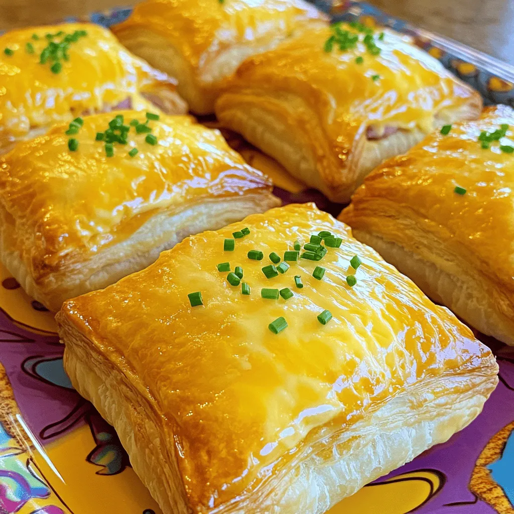 - 1 sheet of puff pastry (thawed) - 1 cup diced ham - 1 cup shredded cheese (cheddar or Swiss) - 1/4 cup cream cheese, softened - 1 tablespoon Dijon mustard - 1 egg (beaten, for egg wash) - Salt and pepper to taste - Fresh herbs (chives or parsley), chopped for garnish To make these ham and cheese puff pastry turnovers, you need just a few easy-to-find ingredients. Start with one sheet of thawed puff pastry. This flaky pastry makes the base. Next, you will need one cup of diced ham. This adds a savory flavor. For the cheese, choose one cup of shredded cheese. Cheddar gives a sharp taste, while Swiss is mild. You will also need 1/4 cup of softened cream cheese. This helps bind the filling and adds creaminess. Don't forget that tablespoon of Dijon mustard. It gives a nice kick to the filling. For the finishing touch, grab one beaten egg. This will make the pastry golden and shiny. Add salt and pepper to taste. Fresh herbs like chives or parsley add a fresh look and flavor. These ingredients combine to create a warm, tasty snack that everyone will love. - Preheat your oven to 400°F (200°C). - Line a baking sheet with parchment paper. - Roll out the thawed puff pastry sheet on a floured surface. - Cut into 4 equal squares for your turnovers. - In a bowl, combine diced ham and cheese. - Add cream cheese, Dijon mustard, salt, and pepper. - Mix until everything is well combined and creamy. - Spoon about 2 tablespoons of the filling onto each pastry square. - Fold the pastry over to make a triangle. - Press the edges gently to seal, then crimp with a fork. - Brush the tops with an egg wash for a nice glaze. - Bake for 15 to 20 minutes until they are golden brown. - Enjoy the warm, cheesy goodness. To get the best puff pastry, roll it out on a clean, lightly floured surface. This helps prevent sticking. Roll it into a larger rectangle, about 1/8 inch thick. This way, it puffs beautifully in the oven. Make sure to cut the pastry into even squares. This ensures all your turnovers bake evenly. Sealing the edges is crucial. After you fill the pastry, fold it over to create a triangle. Press the edges with your fingers first. Then, use a fork to crimp the edges. This adds a nice design and keeps the filling inside. To take the taste up a notch, try adding fresh herbs like chives or parsley. These add a pop of color and flavor. You can also sprinkle in some garlic powder or a pinch of paprika for warmth. For a twist, consider mixing in a little bit of cooked spinach or bell peppers. When serving, pair your turnovers with dips. A side of mustard adds a tangy kick. You can also serve with ranch or a spicy sauce for extra flavor. For presentation, serve the turnovers warm on a colorful platter. This creates a feast for the eyes. Garnish with fresh herbs for a touch of green. It makes your dish look even more inviting. Some great sides include a light salad or crispy veggies. These add freshness and balance to the dish. You can also offer fruit slices for a sweet contrast. They make your meal feel complete and satisfying. {{image_2}} You can swap ham for turkey or chicken. Diced turkey gives a lighter feel. Chicken adds a nice flavor too. For a vegetarian option, try using mushrooms or spinach. These will add richness and taste. You can also mix in lentils for protein. This way, you keep it hearty without meat. While cheddar and Swiss are classic choices, you can try different cheeses. Gouda or Monterey Jack will give a creamy texture. If you want a sharper flavor, go for blue cheese. For non-dairy options, use almond or soy cheese. These work well and melt nicely. Add some diced vegetables like bell peppers or onions for more flavor. Fresh herbs like basil or thyme can elevate the taste. For a spicy kick, mix in jalapeños or drizzle hot sauce inside. This makes your turnovers exciting and unique. Experiment with flavors to find your favorite mix! To keep your ham and cheese puff pastry turnovers fresh, store them in the fridge. Place them in an airtight container. They will stay good for about 3 days. If you want to keep them longer, freezing is a great option. Wrap each turnover in plastic wrap and place them in a freezer-safe bag. They can last up to 2 months in the freezer. When you are ready to enjoy your leftovers, reheating is easy. You can use the oven for the best results. Preheat your oven to 350°F (175°C). Place the turnovers on a baking sheet. Heat them for about 10-15 minutes until warm. This helps keep the pastry crispy. You can also use the microwave for quick reheating. However, this may make the pastry soft. If you choose the microwave, heat them for 30 seconds, then check. Repeat if needed. You can prepare these turnovers ahead of time. First, assemble the turnovers but do not bake them. Place them on a baking sheet and cover with plastic wrap. You can store them in the fridge for up to 24 hours. For longer storage, freeze them. Just make sure to wrap each turnover in foil or plastic wrap. When ready to bake, you can bake them straight from the freezer. Just add a few extra minutes to the baking time. Yes, you can use frozen puff pastry. It is convenient and works well. Just remember to thaw it before using. You can thaw it overnight in the fridge or leave it out for a couple of hours at room temperature. Frozen puff pastry often puffs up nicely and gives you great results. If you use fresh pastry, it can be a bit easier to work with, but both options will taste wonderful. You can pair these turnovers with many sides. Here are a few tasty suggestions: - A fresh green salad with a light vinaigrette - A side of mustard for dipping - Sliced pickles or olives for a tangy bite - Tomato soup for a cozy pairing These sides add flavor and balance to the meal. You can tell the turnovers are done when they are golden brown. Check for a puffed-up shape as well. The crust should feel crispy and firm to the touch. If you tap the bottom, it should sound hollow. If they look golden and puffed, they are ready to enjoy! You now have a complete guide to making delicious ham and cheese puff pastry turnovers. We covered ingredients, step-by-step instructions, tips, variations, storage info, and common questions. These turnovers are easy to make and packed with flavor. You can customize them to fit your taste. Remember to keep an eye on baking time for the best texture. Enjoy sharing these tasty treats with friends and family! Your cooking can be fun and satisfying.