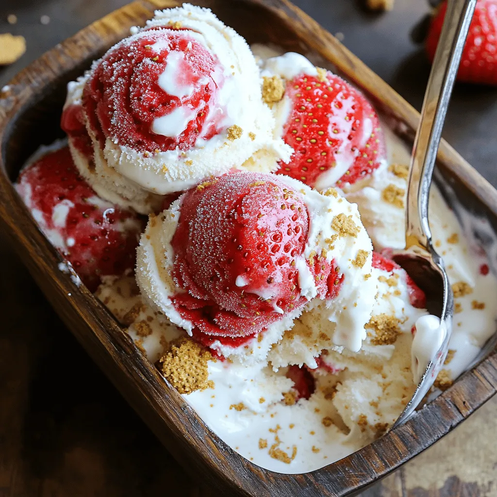 For this ice cream, use 2 cups of fresh strawberries. Make sure they are ripe and sweet. Remove the green tops and slice them up. This gives a fresh taste that shines through the ice cream. You will need 1 cup of cream cheese, softened. This gives the ice cream its rich and creamy texture. Next, grab 1 cup of heavy whipping cream. This adds a light and airy feel to the ice cream. Don’t forget 1 teaspoon of vanilla extract. It brings out the flavors and adds warmth. Sweeten things up with 1 cup of granulated sugar, split into two parts. Use 1/2 cup for the strawberries and 1/2 cup for the cream cheese mix. Add a pinch of salt to enhance the flavors. Lastly, include 1 cup of crushed graham crackers. This adds a delightful crunch, making each bite feel like cheesecake. To start, take 2 cups of fresh strawberries. Hull and slice them. Place the sliced strawberries in a medium bowl. Add 1/2 cup of granulated sugar. Gently toss to coat the strawberries. Let this sit for about 15-20 minutes. This helps the strawberries release their juices. The sweet syrup forms a tasty base for your ice cream. Next, grab a large bowl. Add 1 cup of softened cream cheese. Mix in the remaining 1/2 cup of sugar and a pinch of salt. Use an electric mixer and beat this mixture until it turns smooth and creamy. This should take about 2-3 minutes. The cream cheese base gives the ice cream its rich flavor. Now, take another bowl and pour in 1 cup of heavy whipping cream. Add 1 teaspoon of vanilla extract for extra flavor. Use a mixer to whip the cream until soft peaks form. This step is key to making your ice cream light and fluffy. Once done, gently fold the whipped cream into the cream cheese mixture until combined. Be careful not to deflate the whipped cream. To get the best texture for your ice cream, start with cold ingredients. Chill the cream cheese and heavy cream before use. This helps them whip up nicely. When you fold in the whipped cream, do it gently. This keeps the air in the cream, making your ice cream light and fluffy. Let it freeze for at least 6 hours. This gives it time to set and firm up. You can boost the flavor in fun ways. Add a splash of lemon juice for a zing. It brightens the strawberry taste. Consider mixing in a bit of almond extract for a nutty twist. You can also blend in other fruits like blueberries or raspberries. They pair well with strawberries and add more color. For serving, scoop the ice cream into bowls or cones. You can top it with whipped cream for extra creaminess. Fresh strawberries or chocolate sauce also make great toppings. If you want to impress, serve it in a waffle cone. It adds a nice crunch and looks fancy. Enjoy your delightful homemade treat! {{image_2}} You can switch up the fruit in this ice cream. While strawberries shine, other fruits work well too. Think about using fresh blueberries, raspberries, or peaches. Just chop them up and mix them in like you do with strawberries. Each fruit brings its own flavor and color, making your treat unique and fun. The crust is key to that cheesecake taste. You can try different types of crusts. Instead of crushed graham crackers, use crushed cookies or even nuts. Oreos add a rich chocolate flavor. Almonds or pecans give a nice crunch. Just remember to crush them well so they mix in nicely. Want a lighter option? You can lower the sugar. Use a sugar substitute like stevia or monk fruit. These sweeteners can cut calories without losing taste. You can also use ripe bananas or applesauce to add natural sweetness. Just adjust the amount based on your taste. Enjoy making this recipe fit your needs! To keep your no churn strawberry cheesecake ice cream fresh, store it in an airtight container. A loaf pan works well, but any container with a lid will do. Cover the top with plastic wrap before sealing it. This helps prevent ice crystals from forming. When you’re ready to serve, let it sit at room temperature for a few minutes to soften. This ice cream will stay good for about two weeks in the freezer. After that, it may lose flavor and texture. Always check for any signs of freezer burn. If it looks icy or strange, it’s best to toss it out. Enjoy your ice cream while it's fresh for the best taste! If you need to re-freeze the ice cream, do so carefully. Avoid leaving it out for too long. Scoop some out, then seal it back up quickly. Try not to let it fully melt. Repeated thawing and freezing can ruin the texture. It’s best to only scoop what you will eat at one time. Yes, you can use frozen strawberries. Just thaw them first. This allows the fruit to release juices. It works well for the ice cream base. However, fresh strawberries give better flavor and texture. If you choose frozen, expect a slightly different taste. To make this ice cream dairy-free, use dairy-free cream cheese. You can find brands made from nuts or soy. For the heavy cream, use coconut cream or a dairy-free alternative. This keeps the ice cream rich and creamy without dairy. If you want a substitute for cream cheese, try mascarpone. It has a similar texture and taste. You can also use silken tofu blended until smooth. This works well for a lighter option. Choose the one that fits your taste best. This guide covered how to make strawberry ice cream. We explored key ingredients, like fresh strawberries and dairy products. You learned step-by-step how to mix, prepare, and whip. Tips helped you achieve the best texture and flavor. I shared delicious variations and provided storage info for your treats. Enjoying homemade strawberry ice cream brings joy and freshness to your summer days.