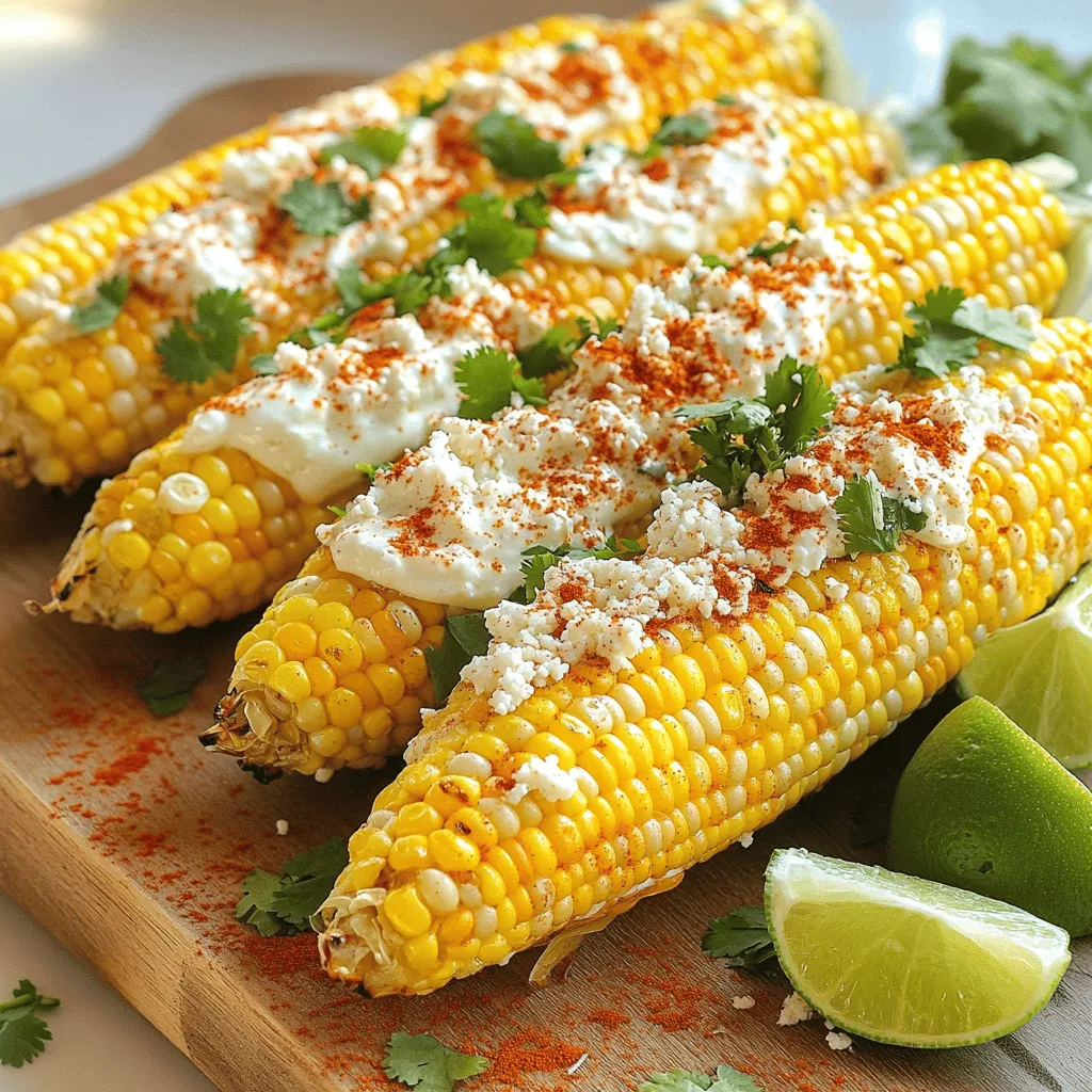 - 4 ears of fresh corn, husked - 1/2 cup mayonnaise - 1/4 cup sour cream - 1 teaspoon chili powder (plus more for garnish) - 1/2 cup cotija cheese, crumbled (or feta cheese as a substitute) - 2 tablespoons lime juice - Fresh cilantro, chopped for garnish - Salt, to taste When making authentic Mexican street corn, you need fresh corn. The corn should be sweet and juicy. The mayonnaise and sour cream create a creamy base. Add chili powder for a little kick. Cotija cheese gives a nice salty flavor and crumbly texture. You can swap cotija for feta if needed. Lime juice adds brightness to the dish. Don't forget salt; it enhances all the flavors. - Fresh cilantro, chopped - Lime wedges for serving To make your corn even better, you can add fresh cilantro. It gives a pop of color and flavor. Lime wedges are great to serve on the side. A squeeze of lime juice adds a tangy taste that makes the corn shine. - Cotija cheese vs. feta cheese - Different chili powder variations If you can't find cotija cheese, feta works well. It has a similar taste and texture. For the chili powder, you can use smoked chili powder for a deep flavor. You can also try chipotle powder for a spicy twist. Each choice adds a unique touch to your street corn. Feel free to explore these options to make the dish your own! To start, you need to husk the corn. Grab each ear of corn and pull down the green leaves. Remove the silk threads as well. Rinse the corn under cool water to clean it. This step makes sure your corn is fresh and ready for grilling. Next, preheat your grill to medium-high heat. Place the husked corn directly on the grill. Cook the corn for about 10 to 12 minutes. Turn the corn every few minutes. You want it to char a bit on all sides. This gives it a great smoky flavor. While the corn cooks, prepare the creamy topping. In a mixing bowl, combine 1/2 cup of mayonnaise and 1/4 cup of sour cream. Add 1 teaspoon of chili powder, 2 tablespoons of lime juice, and salt to taste. Mix everything until it's smooth. This creamy topping is what makes your corn special. Once the corn is grilled, take it off the heat and let it cool for a minute. Use a brush or spoon to coat the corn with the creamy mix. Make sure every side is covered. After that, sprinkle 1/2 cup of crumbled cotija cheese over the corn. For the final touch, add some extra chili powder and chopped cilantro. Serve your elote right away with lime wedges for a zesty kick. Enjoy! To get those perfect grill marks, start with a hot grill. Heat it to medium-high. Place the fresh corn directly on the grill. Leave it alone for a few minutes. This helps the corn char nicely. Turn the corn every few minutes for even cooking. Aim for about 10-12 minutes total. Look for deep brown spots. They show that the corn is done. If you want your topping to be extra creamy, adjust the mayo and sour cream. Use more mayonnaise for a thicker mix. Add a bit more sour cream for a lighter texture. Mix them well in a bowl. Make sure there are no lumps. This will help the creamy mix stick to the corn better. Serve your street corn with lime wedges on the side. The zesty lime juice adds a nice kick. Pair the corn with grilled meats like chicken or steak. It also goes well with fresh salads. Adding some guacamole can make it a full meal. Enjoy the mix of flavors to make every bite special. {{image_2}} You can make your elote spicy. Just add jalapeños or hot sauce. This gives a nice kick. Chop fresh jalapeños and mix them into the creamy sauce. If you like it hotter, drizzle some hot sauce on top. This twist will excite your taste buds. If you want a vegan version, it's simple. Replace mayonnaise with vegan mayo. Use plant-based cheese instead of cotija. You can find many great options at the store. This way, you keep all the flavor while making it plant-friendly. You can change the flavor of your elote easily. Try adding fresh herbs like basil or cilantro. A sprinkle of smoked paprika can add warmth. Experiment with spices like cumin or garlic powder for a unique twist. Each variation can give you a new taste adventure! To store leftover elote, let it cool first. Place the corn in an airtight container. This helps keep it fresh. Store it in the fridge for up to three days. If you notice any moisture, add a paper towel inside. This will absorb any extra water. When reheating, I suggest using the grill or an oven. These methods help restore the corn's flavor and texture. Set your grill or oven to medium heat. Heat the corn for about 5-7 minutes. Make sure to turn it often. This way, it warms evenly and gets a nice char. Yes, you can freeze Mexican street corn! First, let it cool completely. Wrap each ear in plastic wrap or foil. Then, place them in a freezer-safe bag. It can stay good for up to three months. When you're ready to eat, thaw it in the fridge overnight. Then, reheat and enjoy! Authentic Mexican street corn is called elote. It is a popular street food in Mexico. Vendors grill fresh corn on the cob, then cover it with creamy toppings. Elote often features mayonnaise, sour cream, and cheese. It is a tasty mix of flavors and textures. This dish represents Mexican culture and traditions. People enjoy elote at fairs, festivals, and street corners. It brings people together and adds fun to any gathering. Yes, you can prepare some parts of the recipe ahead. Husk the corn and mix the creamy topping early. Store the topping in the fridge until you grill the corn. You can grill the corn just before serving. This keeps the corn fresh and warm. Make sure to coat it with the topping right after grilling. This way, you get the best taste and texture. Elote pairs well with many dishes. Here are some tasty options to serve with it: - Grilled chicken or steak - Tacos with various fillings - Fresh salads with lime dressing - Rice and beans for a hearty side - Mexican-style quesadillas These dishes create a full meal and enhance your elote experience. Enjoy mixing flavors and sharing with friends and family! In this post, we explored the key ingredients for making elote, including fresh corn, creamy toppings, and optional garnishes. I shared step-by-step instructions for prepping, grilling, and assembling the dish. You learned tips for achieving perfect grill marks and creative variations, like the spicy elote and vegan options. Finally, we discussed storing leftovers and reheating tips. Elote is not just food; it’s an experience. Try these methods today and enjoy a delicious taste of Mexico at home.