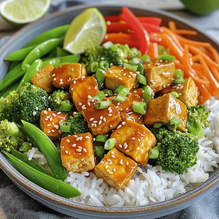 - 1 block (14 oz) firm tofu, pressed and cubed - 2 tablespoons sesame oil - 1 red bell pepper, sliced - 1 cup snap peas - 1 cup broccoli florets - 2 carrots, julienned - 3 green onions, chopped - 3 cloves garlic, minced - 1 teaspoon fresh ginger, grated - 1/4 cup honey - 2 tablespoons soy sauce (or tamari for gluten-free) - 1 tablespoon sesame seeds - Salt and pepper to taste - Cooked jasmine rice or quinoa, for serving The main ingredients in this dish are simple yet full of flavor. The firm tofu acts as a great protein base. It absorbs the honey and soy sauce very well. The veggies add both crunch and color. Red bell pepper, snap peas, broccoli, and carrots bring a nice balance to the meal. - Additional Vegetables - Protein Alternatives - Garnishes You can customize this stir-fry easily. Want more veggies? Try adding mushrooms or zucchini. If you want to switch up the protein, use tempeh or chicken instead of tofu. For a garnish, sprinkle extra sesame seeds on top. You can also add lime wedges for a fresh kick. This flexibility makes the dish fun and allows you to cater to your taste! Pressing the Tofu First, you need to press the tofu. This step removes extra water, making it firmer. Wrap the block of tofu in a clean towel. Place a plate on top, then add weight, like a can. Let it sit for 15-20 minutes. Marinating the Tofu Next, cut the pressed tofu into cubes. In a bowl, mix honey, soy sauce, and a little salt and pepper. Add the tofu cubes to the bowl. Make sure they are well-coated. Let them soak for about 15 minutes. This adds great flavor. Cooking the Tofu Heat a large skillet over medium-high heat. Add 1 tablespoon of sesame oil. Once hot, add the marinated tofu cubes. Cook them for about 8-10 minutes, turning to brown all sides. When done, take them out and set aside. Sautéing Vegetables In the same skillet, add the other tablespoon of sesame oil. Toss in minced garlic and grated ginger. Sauté for about 30 seconds until you smell the aroma. This step really enhances the dish. Combining Components Now, add the sliced bell pepper, snap peas, broccoli, and carrots to the skillet. Stir-fry these veggies for about 5-7 minutes. You want them to stay tender-crisp. After that, return the tofu to the skillet. Drizzle any leftover marinade over the stir-fry. Toss everything together for 2-3 more minutes. Finally, sprinkle chopped green onions and sesame seeds on top. Serve the stir-fry over jasmine rice or quinoa for a complete meal. Perfectly Pressed Tofu Tofu needs to be pressed well. This step removes water. Less water means a better texture. Press your tofu for 15-20 minutes. Use a clean towel or a tofu press. After pressing, cut it into 1-inch cubes. This size helps it cook evenly. Ensuring Vegetables are Crisp Crisp vegetables make the dish fresh. Stir-fry them quickly over high heat. This keeps them bright and crunchy. Use fresh vegetables like bell peppers, snap peas, and broccoli. Cut them into similar sizes. This ensures even cooking. Balancing Sweetness and Savory Notes The honey adds sweetness. Pair it with soy sauce for saltiness. This balance makes the dish tasty. Taste your sauce before adding it to the tofu. Adjust with more honey or soy sauce if needed. Best Practices for Marinating Marinating tofu is key. It helps the tofu soak up flavors. Mix honey, soy sauce, and a pinch of salt. Let the tofu sit in this mix for about 15 minutes. This short time adds great taste without being too salty. {{image_2}} Gluten-Free Adjustments To make this dish gluten-free, swap regular soy sauce with tamari. Tamari tastes great and keeps the dish safe for those with gluten issues. Always check the labels on your ingredients. Some brands may add gluten in unexpected places. Vegan Options This recipe is already vegan, thanks to tofu and plant-based ingredients. You can replace honey with agave syrup or maple syrup for a vegan sweetener. This keeps the dish sweet while sticking to vegan rules. Alternative Sauces If you want to change the flavor, try using hoisin sauce or teriyaki sauce instead of honey. Hoisin sauce adds a sweet and salty touch. Teriyaki brings a unique flavor that changes the dish. Mix and match sauces to find your favorite. Spice Level Adjustments To spice things up, add red pepper flakes or sriracha. Just a little can bring heat without overpowering the dish. If you like milder flavors, skip the spice or use less. Adjust to your own taste! - Store leftovers in an airtight container. - Keep the tofu stir-fry in the fridge. - Use it within 3-4 days for best taste. - Do not freeze; it changes the tofu's texture. - Let the dish cool before sealing it. - Label the container with the date. - Keep leftover rice or quinoa separate. - Mix everything before serving. - Use glass containers for easy reheating. - Choose BPA-free plastic containers if needed. - Ensure the container is large enough to fit. - Look for containers that seal tightly. - Use a microwave for quick reheating. - Heat in 30-second intervals, stirring in between. - For stovetop reheating, use medium heat. - Add a splash of water to keep it from drying. - Microwaving: Place in a bowl, cover, and heat. - Stovetop: Warm in a skillet, stirring gently. - Oven: Cover with foil and heat at 350°F for 10-15 minutes. - Add fresh green onions for crunch. - Sprinkle more sesame seeds for flavor. - Serve with lime wedges for a zesty touch. - Drizzle a bit of honey for extra sweetness. Can I use other types of tofu? Yes, you can use soft or silken tofu, but they will change the dish's texture. Firm tofu holds up well during cooking. Extra-firm tofu gives the best results for stir-fries. How do I make this dish spicier? To add heat, you can include crushed red pepper flakes or sliced fresh chili peppers. Add them when you stir-fry the vegetables to let the heat blend in. What can I serve with Honey Sesame Tofu Stir-Fry? This stir-fry pairs well with cooked jasmine rice or quinoa. You can also serve it with a side salad for some freshness. How long will leftovers last? Leftovers can last in the fridge for about 3-4 days. Store them in an airtight container to keep them fresh. Can I prepare this dish in advance? Yes, you can prep the tofu and chop the veggies ahead of time. Marinate the tofu and store it in the fridge until you are ready to cook. What are the best vegetables for stir-frying? Great options include bell peppers, snap peas, broccoli, carrots, and zucchini. Use any veggies you enjoy or have on hand for variety. This blog post covered all the key parts of making a great Honey Sesame Tofu Stir-Fry. We explored the main ingredients, preparation steps, and cooking tips. Remember, using firm tofu and fresh veggies gives you the best texture and taste. Try different sauces or proteins to suit your taste. Always store leftovers properly to keep them fresh. With practice, you can make a dish that's both tasty and satisfying. Enjoy your cooking journey and get creative with your meals!