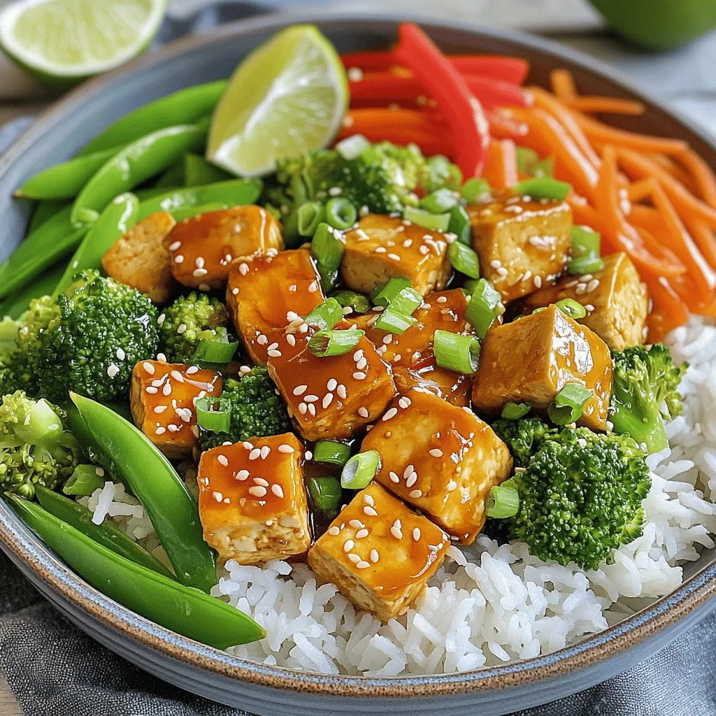 - 1 block (14 oz) firm tofu, pressed and cubed - 2 tablespoons sesame oil - 1 red bell pepper, sliced - 1 cup snap peas - 1 cup broccoli florets - 2 carrots, julienned - 3 green onions, chopped - 3 cloves garlic, minced - 1 teaspoon fresh ginger, grated - 1/4 cup honey - 2 tablespoons soy sauce (or tamari for gluten-free) - 1 tablespoon sesame seeds - Salt and pepper to taste - Cooked jasmine rice or quinoa, for serving The main ingredients in this dish are simple yet full of flavor. The firm tofu acts as a great protein base. It absorbs the honey and soy sauce very well. The veggies add both crunch and color. Red bell pepper, snap peas, broccoli, and carrots bring a nice balance to the meal. - Additional Vegetables - Protein Alternatives - Garnishes You can customize this stir-fry easily. Want more veggies? Try adding mushrooms or zucchini. If you want to switch up the protein, use tempeh or chicken instead of tofu. For a garnish, sprinkle extra sesame seeds on top. You can also add lime wedges for a fresh kick. This flexibility makes the dish fun and allows you to cater to your taste! Pressing the Tofu First, you need to press the tofu. This step removes extra water, making it firmer. Wrap the block of tofu in a clean towel. Place a plate on top, then add weight, like a can. Let it sit for 15-20 minutes. Marinating the Tofu Next, cut the pressed tofu into cubes. In a bowl, mix honey, soy sauce, and a little salt and pepper. Add the tofu cubes to the bowl. Make sure they are well-coated. Let them soak for about 15 minutes. This adds great flavor. Cooking the Tofu Heat a large skillet over medium-high heat. Add 1 tablespoon of sesame oil. Once hot, add the marinated tofu cubes. Cook them for about 8-10 minutes, turning to brown all sides. When done, take them out and set aside. Sautéing Vegetables In the same skillet, add the other tablespoon of sesame oil. Toss in minced garlic and grated ginger. Sauté for about 30 seconds until you smell the aroma. This step really enhances the dish. Combining Components Now, add the sliced bell pepper, snap peas, broccoli, and carrots to the skillet. Stir-fry these veggies for about 5-7 minutes. You want them to stay tender-crisp. After that, return the tofu to the skillet. Drizzle any leftover marinade over the stir-fry. Toss everything together for 2-3 more minutes. Finally, sprinkle chopped green onions and sesame seeds on top. Serve the stir-fry over jasmine rice or quinoa for a complete meal. Perfectly Pressed Tofu Tofu needs to be pressed well. This step removes water. Less water means a better texture. Press your tofu for 15-20 minutes. Use a clean towel or a tofu press. After pressing, cut it into 1-inch cubes. This size helps it cook evenly. Ensuring Vegetables are Crisp Crisp vegetables make the dish fresh. Stir-fry them quickly over high heat. This keeps them bright and crunchy. Use fresh vegetables like bell peppers, snap peas, and broccoli. Cut them into similar sizes. This ensures even cooking. Balancing Sweetness and Savory Notes The honey adds sweetness. Pair it with soy sauce for saltiness. This balance makes the dish tasty. Taste your sauce before adding it to the tofu. Adjust with more honey or soy sauce if needed. Best Practices for Marinating Marinating tofu is key. It helps the tofu soak up flavors. Mix honey, soy sauce, and a pinch of salt. Let the tofu sit in this mix for about 15 minutes. This short time adds great taste without being too salty. {{image_2}} Gluten-Free Adjustments To make this dish gluten-free, swap regular soy sauce with tamari. Tamari tastes great and keeps the dish safe for those with gluten issues. Always check the labels on your ingredients. Some brands may add gluten in unexpected places. Vegan Options This recipe is already vegan, thanks to tofu and plant-based ingredients. You can replace honey with agave syrup or maple syrup for a vegan sweetener. This keeps the dish sweet while sticking to vegan rules. Alternative Sauces If you want to change the flavor, try using hoisin sauce or teriyaki sauce instead of honey. Hoisin sauce adds a sweet and salty touch. Teriyaki brings a unique flavor that changes the dish. Mix and match sauces to find your favorite. Spice Level Adjustments To spice things up, add red pepper flakes or sriracha. Just a little can bring heat without overpowering the dish. If you like milder flavors, skip the spice or use less. Adjust to your own taste! - Store leftovers in an airtight container. - Keep the tofu stir-fry in the fridge. - Use it within 3-4 days for best taste. - Do not freeze; it changes the tofu's texture. - Let the dish cool before sealing it. - Label the container with the date. - Keep leftover rice or quinoa separate. - Mix everything before serving. - Use glass containers for easy reheating. - Choose BPA-free plastic containers if needed. - Ensure the container is large enough to fit. - Look for containers that seal tightly. - Use a microwave for quick reheating. - Heat in 30-second intervals, stirring in between. - For stovetop reheating, use medium heat. - Add a splash of water to keep it from drying. - Microwaving: Place in a bowl, cover, and heat. - Stovetop: Warm in a skillet, stirring gently. - Oven: Cover with foil and heat at 350°F for 10-15 minutes. - Add fresh green onions for crunch. - Sprinkle more sesame seeds for flavor. - Serve with lime wedges for a zesty touch. - Drizzle a bit of honey for extra sweetness. Can I use other types of tofu? Yes, you can use soft or silken tofu, but they will change the dish's texture. Firm tofu holds up well during cooking. Extra-firm tofu gives the best results for stir-fries. How do I make this dish spicier? To add heat, you can include crushed red pepper flakes or sliced fresh chili peppers. Add them when you stir-fry the vegetables to let the heat blend in. What can I serve with Honey Sesame Tofu Stir-Fry? This stir-fry pairs well with cooked jasmine rice or quinoa. You can also serve it with a side salad for some freshness. How long will leftovers last? Leftovers can last in the fridge for about 3-4 days. Store them in an airtight container to keep them fresh. Can I prepare this dish in advance? Yes, you can prep the tofu and chop the veggies ahead of time. Marinate the tofu and store it in the fridge until you are ready to cook. What are the best vegetables for stir-frying? Great options include bell peppers, snap peas, broccoli, carrots, and zucchini. Use any veggies you enjoy or have on hand for variety. This blog post covered all the key parts of making a great Honey Sesame Tofu Stir-Fry. We explored the main ingredients, preparation steps, and cooking tips. Remember, using firm tofu and fresh veggies gives you the best texture and taste. Try different sauces or proteins to suit your taste. Always store leftovers properly to keep them fresh. With practice, you can make a dish that's both tasty and satisfying. Enjoy your cooking journey and get creative with your meals!