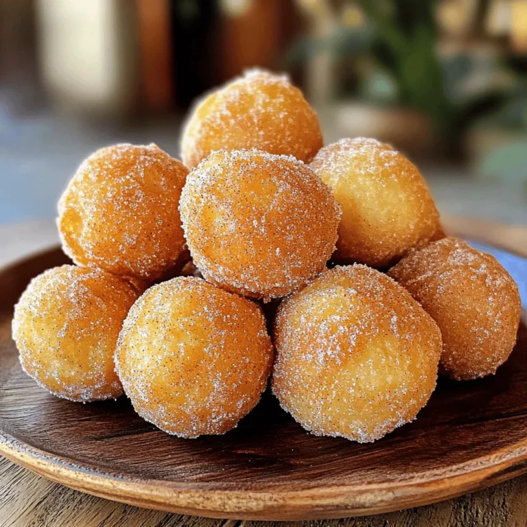 To make cinnamon sugar churro donut holes, you’ll need: - 1 cup all-purpose flour - 1/2 cup granulated sugar - 1/2 teaspoon baking powder - 1/4 teaspoon baking soda - 1/4 teaspoon salt - 1/2 teaspoon ground cinnamon - 1/2 cup buttermilk - 1 large egg - 2 tablespoons unsalted butter, melted - 1/4 cup granulated sugar (for coating) - 1 tablespoon ground cinnamon (for coating) - Oil, for frying Gather these tools to help you make the donut holes: - Large mixing bowl - Small bowl - Whisk - Slotted spoon - Cookie scoop or spoon - Deep frying pot - Cooking thermometer - Paper towels You can swap ingredients if needed: - Use almond milk in place of buttermilk for a dairy-free option. - Replace all-purpose flour with gluten-free flour for a gluten-free treat. - Use brown sugar instead of granulated sugar for a richer flavor. - If you don’t have baking powder, use 1/2 teaspoon cream of tartar and 1/4 teaspoon baking soda. Start by taking a large bowl. Sift in 1 cup of all-purpose flour. Add 1/2 cup of granulated sugar. Then, mix in 1/2 teaspoon of baking powder, 1/4 teaspoon of baking soda, 1/4 teaspoon of salt, and 1/2 teaspoon of ground cinnamon. Stir these dry ingredients well to blend them. In another bowl, whisk together 1/2 cup of buttermilk, 1 large egg, and 2 tablespoons of melted unsalted butter. Make sure these ingredients mix well until they look smooth. Heat oil in a pot over medium heat. You want the oil to reach 350°F (175°C). While it heats, get a plate ready with paper towels to catch excess oil. Use a small cookie scoop or spoon to drop about one tablespoon of batter into the hot oil. Fry the donut holes for 2-3 minutes until they turn golden brown. Flip them halfway for even cooking. After frying, remove them with a slotted spoon and place them on the paper towel-lined plate. In a small bowl, mix 1/4 cup of granulated sugar with 1 tablespoon of ground cinnamon. Roll each warm donut hole in this cinnamon sugar mix until they are fully coated. Enjoy the warm, sweet, and crunchy delight! To get that crispy outside, keep the oil at 350°F. If the oil is too hot, the outside burns. If it’s too cool, the donut holes soak up too much oil. Fry only a few at a time. This helps them cook evenly. After frying, let them sit on paper towels. This drains extra oil and keeps them light. Do not overmix your batter. This can make the donut holes tough. Use a cookie scoop for even portions. This helps them fry at the same rate. Always check oil temperature with a thermometer. It’s the best way to avoid soggy treats. If they’re not golden brown, give them more time. Serve these donut holes warm for the best taste. Pair them with chocolate sauce for dipping. You can also sprinkle extra cinnamon sugar on top. A scoop of ice cream makes it a fun dessert. Try adding a bit of whipped cream on the side too. These treats are perfect for sharing! {{image_2}} You can add chocolate to these donut holes for a rich twist. To make these, simply mix in half a cup of cocoa powder with the dry ingredients. This adds a deep chocolate flavor that pairs well with the cinnamon. After frying, coat them in the classic cinnamon-sugar mix. You can also drizzle melted chocolate over the top for extra sweetness. Want to make these donut holes gluten-free? Use a gluten-free flour blend instead of all-purpose flour. This swap keeps the texture similar. The taste remains fantastic with the same cinnamon-sugar coating. Just be sure to check that your baking powder is gluten-free too. You can get creative with the coating flavors. Instead of the classic cinnamon-sugar mix, try using: - Vanilla Sugar: Mix granulated sugar with a splash of vanilla extract. - Nutmeg Sugar: Swap out the cinnamon for nutmeg for a warm, spicy flavor. - Coconut Sugar: Use coconut sugar for a more caramel-like taste. These variations let you enjoy cinnamon sugar churro donut holes in new and fun ways! After you enjoy these churro donut holes, store any leftovers. Let them cool completely first. Place them in an airtight container. Keep the container at room temperature for up to two days. If you want them to last longer, store them in the fridge for up to a week. To bring back the warm, fluffy goodness, reheat the donut holes. You can use an oven or microwave. For the oven, preheat to 350°F (175°C). Place the donut holes on a baking sheet and warm for about 5-7 minutes. For the microwave, heat them for about 10-15 seconds. Always keep an eye on them to avoid drying out. Choose a container that seals well. A glass or plastic container with a lid works great. This keeps the donut holes fresh and prevents them from getting stale. If you have a zip-top bag, that can also work well for short-term storage. Just make sure to remove as much air as possible before sealing. Yes, you can bake them. Baking gives a different texture. Use a preheated oven at 350°F (175°C). Shape the donut holes and place them on a baking sheet. Bake for about 10-12 minutes or until golden. This method is healthier but will lack the crispiness of frying. These donut holes stay fresh for about 1-2 days at room temperature. Store them in a sealed container. They may become less soft over time. For longer storage, place them in the fridge. You can also freeze them for up to a month. Just reheat in the oven before serving. You can use whole milk, but it will change the flavor. Buttermilk adds a nice tang and helps the donut holes rise better. If you don’t have buttermilk, add a teaspoon of lemon juice or vinegar to whole milk. Let it sit for a few minutes before using. This will mimic buttermilk’s effects in your recipe. You now know how to make delicious churro donut holes. We covered all the key ingredients, tools, and tips needed for success. Remember, frying gives the best texture, and cinnamon sugar is a must. Explore variations like chocolate or gluten-free options to keep things fun. For storing, always choose the right container to keep them fresh. Enjoy your tasty treats!