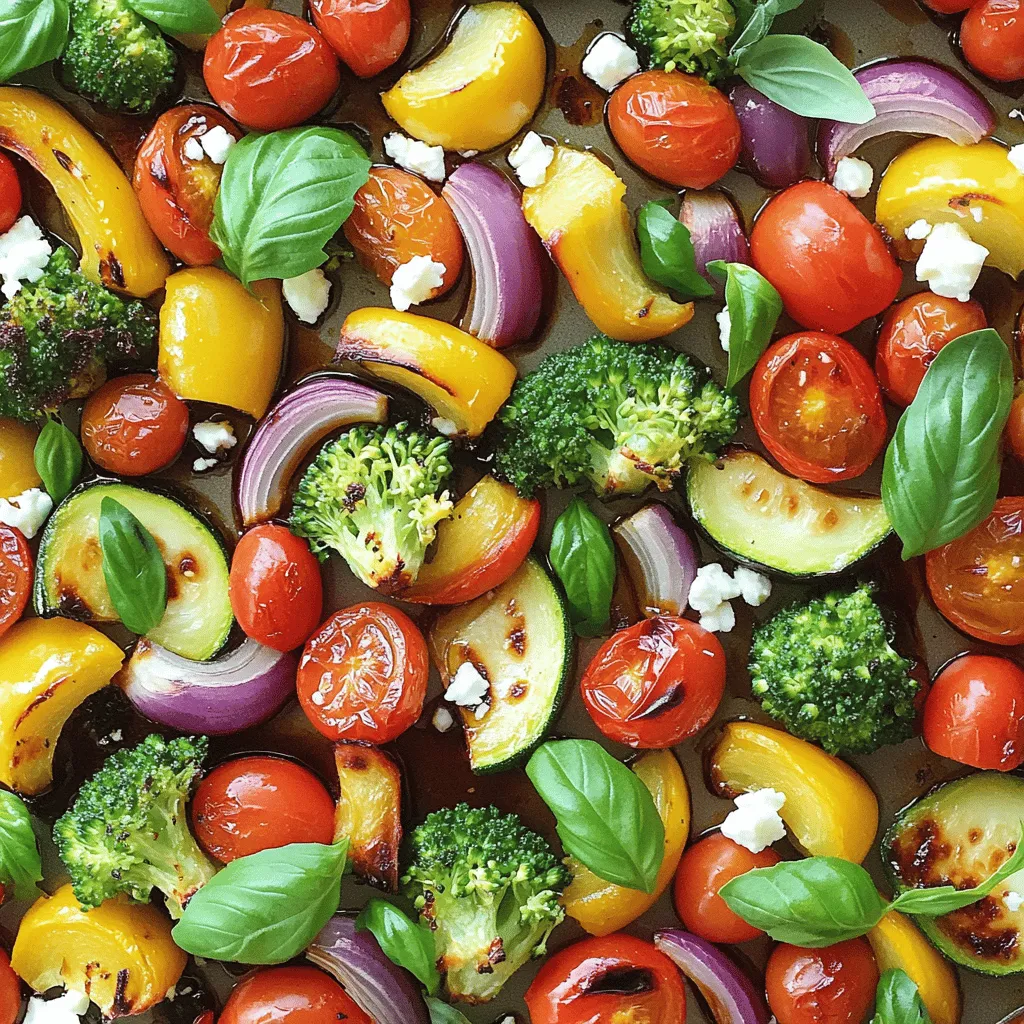 For this recipe, you will need: - 1 medium zucchini, sliced into half-moons - 1 red bell pepper, diced - 1 yellow bell pepper, diced - 1 red onion, cut into wedges - 1 cup cherry tomatoes, halved - 3 cups broccoli florets These veggies bring color and taste. The zucchini adds a soft touch. Bell peppers give sweetness. Red onion adds a sharp bite. Cherry tomatoes burst with juice, and broccoli adds crunch. To enhance these veggies, gather: - 3 tablespoons balsamic vinegar - 2 tablespoons olive oil - 1 teaspoon garlic powder - 1 teaspoon dried oregano - Salt and pepper to taste Balsamic vinegar adds depth. Olive oil helps with roasting. Garlic powder gives a warm, rich flavor. Dried oregano adds a hint of earthiness. Salt and pepper round out the taste. For the finishing touch, you will need: - ½ cup feta cheese, crumbled - Fresh basil leaves for garnish Feta cheese brings creaminess and a tangy kick. Fresh basil leaves add a burst of freshness. These elements make the dish pop with flavor and color. First, set your oven to 425°F (220°C). This high heat will help our veggies roast perfectly. While the oven warms up, prepare your veggies. Slice the zucchini into half-moons. Dice the red and yellow bell peppers. Cut the red onion into wedges. Halve the cherry tomatoes and measure out the broccoli florets. It all should look colorful and fresh. Now, grab a large bowl. Add all your chopped veggies inside. Pour in 3 tablespoons of balsamic vinegar and 2 tablespoons of olive oil. These will give the veggies a rich flavor. Next, sprinkle 1 teaspoon of garlic powder and 1 teaspoon of dried oregano over the mix. Add salt and pepper to taste. Use your hands or a spoon to toss everything until the veggies are well coated. This step is key for even flavor. Spread the veggies on a large baking sheet. Make sure they stay in a single layer. This helps them roast evenly. Place the baking sheet in the preheated oven. Roast for 20 to 25 minutes. Stir halfway through to ensure even cooking. You want the vegetables tender and a bit caramelized. After roasting, take the pan out and sprinkle ½ cup of crumbled feta cheese on top. Place it back in the oven for 5 more minutes. This warms the cheese and makes it soft. Once done, garnish with fresh basil leaves and add a final sprinkle of salt and pepper if you like. Enjoy your delicious creation! To get the best roast, use fresh veggies. Fresh veggies taste better and have more vitamins. Cut them into equal sizes. This helps them cook evenly. Spread them in a single layer on the baking sheet. Crowding the pan makes them steam instead of roast. Bake at 425°F (220°C) for about 20 to 25 minutes. Stir halfway through for even cooking. Look for a nice caramelized color. This adds flavor and texture. You can change the flavors based on your taste. Add more garlic powder for a stronger taste. If you like it spicy, sprinkle in some red pepper flakes. For a sweeter taste, drizzle a bit more balsamic vinegar. Always taste before serving. If it needs more flavor, add salt and pepper. Remember, balance is key. The feta cheese adds saltiness, so adjust wisely. Make your dish look great! Use a large, white platter or bowl for serving. This makes the colors pop. Sprinkle fresh basil leaves on top for a nice touch. Crumbled feta can also be added at the end for a fresh look. Serve it warm to make it inviting. A drizzle of balsamic glaze can add shine and extra flavor. Don't forget to take a photo; it’s Instagram-worthy! {{image_2}} You can swap veggies based on what you have. For instance, use eggplant instead of zucchini. Instead of cherry tomatoes, try grape tomatoes or even diced carrots. If you like, substitute the red onion with shallots for a milder taste. You can also use fresh herbs like thyme or rosemary instead of dried oregano. Each change can give a new twist to your dish! If you want to make this dish a full meal, add some protein. Chicken breast, cut into bite-sized pieces, works great. For a vegetarian option, try chickpeas or white beans. Simply toss the proteins with the veggies before roasting. This will cook everything together, blending the flavors nicely. Want to change the taste? You can! Add soy sauce or honey for a sweet and savory mix. Try using lemon juice instead of balsamic vinegar for a zesty kick. If you like heat, sprinkle some red pepper flakes or add jalapeños. These small changes can create a whole new flavor experience! You should store leftovers in an airtight container. Keep the veggies in the fridge. They stay fresh for up to four days. Make sure to let them cool before sealing. This keeps them from getting soggy. To reheat, you can use the oven or a microwave. For the oven, set it to 350°F (175°C). Spread the veggies on a baking sheet. Heat for about 10-15 minutes until warm. If you use a microwave, place them in a safe dish. Heat in short bursts, checking often. This will keep them from becoming mushy. You can freeze these roasted veggies, but they may change in texture. Let them cool fully first. Place them in a freezer-safe bag or container. Remove as much air as you can. They can last up to three months in the freezer. When you're ready to eat, thaw them in the fridge overnight. Reheat as mentioned before. Yes, you can use other veggies. Try carrots, asparagus, or sweet potatoes. You can mix and match based on what you have. Just cut them to similar sizes for even cooking. Each veggie brings its own flavor and texture. This recipe is flexible, so feel free to get creative! Leftovers will last about three to four days in the fridge. Store them in an airtight container. Reheat in the microwave or oven. The taste will still be great, even after a few days. Enjoy them in wraps, salads, or as a side dish. Feta cheese adds a salty and creamy touch. However, it’s not required. You can leave it out for a vegan option. You might try nutritional yeast for a cheesy flavor without dairy. Or simply enjoy the roasted veggies on their own! This blog post shared various tips for a flavorful roasted vegetable dish. We covered ingredients, including veggies and seasonings, along with step-by-step cooking methods. Tips for better roasting and serving add value to your meal. You learned about recipe variations and storage info to keep leftovers fresh. Try these ideas for tasty, healthy meals that fit your taste. Cooking can be fun and rewarding! Enjoy your delicious creations and share them with others.