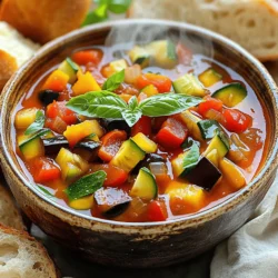 - 1 medium eggplant, diced - 2 zucchini, diced - 1 bell pepper (red or yellow), diced - 1 large onion, chopped - 3 cloves garlic, minced The fresh ingredients bring life to this Ratatouille Vegetable Soup. The eggplant adds a meaty texture. Zucchini gives a mild flavor and keeps it light. Bell pepper adds sweetness, while onion and garlic provide a solid base. - 2 ripe tomatoes, diced - 1 cup vegetable broth - 1 cup water - 1 teaspoon dried thyme - 1 teaspoon dried basil - ½ teaspoon smoked paprika - Salt and pepper to taste - 2 tablespoons olive oil The broth and seasonings elevate the soup. Ripe tomatoes add acidity and depth. Vegetable broth and water create a rich liquid base. Thyme and basil offer an herbal touch. Smoked paprika brings a hint of warmth. Olive oil adds richness and helps the flavors mingle. - Fresh basil leaves for garnish Garnishing with fresh basil leaves makes the soup pop. It adds a burst of color and a fresh taste. You can also drizzle a bit of olive oil on top for a lovely finish. 1. Heat 2 tablespoons of olive oil in a large pot over medium heat. 2. Add 1 chopped onion. Sauté it for about 5 minutes. The onion should soften and become clear. 3. Stir in 3 minced garlic cloves. Cook for another minute. This will make your kitchen smell amazing. 4. Next, add 1 medium diced eggplant. Cook for 5 to 7 minutes. The eggplant will soften and soak up the flavors. 1. Now, mix in 2 diced zucchini and 1 diced bell pepper. Sauté for another 5 minutes. Stir occasionally to keep things from sticking. 2. Add 2 diced ripe tomatoes, 1 cup of vegetable broth, and 1 cup of water. Bring this mixture to a boil. You want to see bubbles dancing on the surface. 1. Once boiling, lower the heat. Stir in 1 teaspoon of dried thyme, 1 teaspoon of dried basil, and ½ teaspoon of smoked paprika. Add salt and pepper to your taste. 2. Let the soup simmer for about 20 minutes. This helps the flavors blend nicely. 3. After simmering, use an immersion blender to blend the soup. You can make it smooth or keep some chunks for texture. 4. Taste your soup and adjust the seasoning if needed. Enjoy this warm and hearty dish! To make your Ratatouille Vegetable Soup even tastier, adjust the seasoning to your liking. Start with salt and pepper. Taste the soup as it cooks. If it needs more depth, add a pinch of salt or pepper. For herbs, I love using dried thyme and basil. They bring warmth and earthiness. You can also try adding oregano or rosemary for a twist. Fresh herbs, like parsley or cilantro, can boost freshness right before serving. Decide if you want a creamy or chunky soup. If you like it creamy, blend it well. For a chunkier style, blend it just a bit. This keeps some veggies intact. Using an immersion blender is easy. It lets you blend right in the pot. Just be careful not to splash! Serve your soup in rustic bowls. It adds a cozy touch. Drizzle a little olive oil on top for shine and flavor. Garnish with fresh basil leaves for color. This makes the dish pop. You can also serve with crusty bread on the side. This completes the meal and adds a nice crunch. {{image_2}} To make this ratatouille soup vegan, skip any animal products. Use vegetable broth as your base. This dish is already gluten-free, so you don’t need to change much. You can swap vegetables based on your taste. If you don’t like eggplant, try mushrooms. For a sweet touch, add carrots. You can mix and match veggies to create your favorite blend. Want to boost protein? Add beans or lentils. These not only fill you up but also add texture. They blend well with the flavors of the soup. You can spice things up too! Try adding chili flakes or paprika for some heat. Other spices like oregano or cumin can bring new flavors. Experimenting is fun, so feel free to try different combinations. This soup pairs well with crusty bread. The bread soaks up the broth and adds a nice crunch. A side salad can also balance the meal. Choose a fresh salad with greens and a light dressing. You can serve the soup in rustic bowls for a cozy feel. Don't forget to drizzle some olive oil on top. It adds richness and makes the dish look appealing. Ratatouille Vegetable Soup lasts about 3 to 4 days in the fridge. To store it well, let the soup cool down first. Use an airtight container to keep it fresh. Label the container with the date. This way, you know when to eat it. To freeze Ratatouille Vegetable Soup, let it cool completely. Pour the soup into a freezer-safe container. Leave some space at the top for expansion. You can freeze it for up to 3 months. When you're ready to eat, move it to the fridge to thaw overnight. For warming up leftover soup, you have a few options. You can use the stove or microwave. If using the stove, heat it gently over medium heat. Stir often to avoid hot spots. If you use the microwave, heat it in short bursts, stirring in between. This keeps the flavor and texture nice. Can I use frozen vegetables instead of fresh? Yes, you can use frozen vegetables. They are great for saving time. Just make sure to thaw them before adding to the soup. This will help them cook evenly. What can I substitute for vegetable broth? If you don’t have vegetable broth, use water with a little salt. You can also use chicken broth for added flavor. Just keep in mind, it will change the soup's taste. How do I make this soup spicy? To add heat, include red pepper flakes or cayenne pepper. Start with a small amount, then taste. You can always add more if you want it spicier. Can I prepare the soup in advance? Yes! You can make this soup ahead of time. It keeps well in the fridge for up to a week. The flavors will blend even more as it sits. What is the best way to thicken the soup? To thicken the soup, blend a portion with an immersion blender. This will give you a creamy texture while keeping some chunks. You can also add a bit of potato for extra thickness. How many calories are in Ratatouille Vegetable Soup? One serving has about 150 calories. This makes it a light and healthy option for any meal. Is this soup healthy and suitable for meal prep? Yes! This soup is full of veggies and low in calories. It is perfect for meal prep since it is nutritious and filling. Enjoy it as a main dish or a side! This blog post outlined a simple and flavorful Ratatouille Vegetable Soup. We covered fresh ingredients like eggplant, zucchini, and bell pepper. You learned step-by-step instructions on preparing the base, adding veggies, and finishing with seasoning. We also discussed tips for enhancing flavor, serving suggestions, and dietary variations. Remember, cooking should be fun and creative! Explore your twist on this soup. Try new ingredients or spices. With a little practice, you’ll make a dish that delights everyone. Enjoy your cooking adventure!