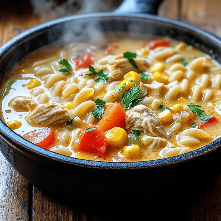 Creamy Cajun Chicken Pasta Soup is a tasty dish. It combines chicken, spices, and creamy broth. You can make this soup in about 40 minutes. It serves 4 to 6 people. This soup is great for a family meal or a cozy night in. - Chicken and Vegetables - 1 lb chicken breast, diced - 1 medium onion, chopped - 2 cloves garlic, minced - 1 bell pepper (red or green), diced - 1 carrot, diced - 1 cup corn (frozen or fresh) - 1 cup diced tomatoes (canned or fresh) - Seasonings and Broth - 1 tablespoon Cajun seasoning - 1 tablespoon olive oil - 4 cups chicken broth - 1/2 teaspoon thyme - Salt and pepper to taste - Creamy Elements and Pasta - 1 cup heavy cream - 1 cup pasta (e.g., penne or shell) - Fresh parsley, chopped (for garnish) This list provides all you need for a rich, flavorful soup. Each ingredient plays a key role. The chicken adds protein, while the veggies give texture. The Cajun seasoning brings warmth and spice. Heavy cream makes the soup rich and smooth, while the pasta adds heartiness. Gather these ingredients to create a dish that pleases everyone. You can use fresh or canned ingredients based on what you have. Enjoy the process of cooking this delightful meal! Start with 1 pound of diced chicken breast. I like to season it with 1 tablespoon of Cajun seasoning. This adds great flavor. In a large pot, heat 1 tablespoon of olive oil over medium heat. Once hot, add the chicken. Cook for about 5 to 7 minutes. You want it browned and fully cooked. After cooking, remove the chicken from the pot and set it aside. Now, let’s get those veggies in! In the same pot, add 1 medium chopped onion, 2 minced garlic cloves, 1 diced bell pepper, and 1 diced carrot. Sauté these for about 5 minutes. You want the vegetables to soften and release their juices. This step builds the soup’s base flavor. Next, pour in 4 cups of chicken broth. Bring the mixture to a gentle simmer. This is where the magic starts! Add 1 cup of your choice of pasta, like penne or shell. Cook according to the package instructions. It usually takes about 8 to 10 minutes for al dente pasta. Stir occasionally to prevent sticking. After the pasta is cooked, it's time to make it creamy! Stir in 1 cup of heavy cream, 1 cup of corn (fresh or frozen), and 1 cup of diced tomatoes. Then, add the cooked chicken back to the pot along with 1/2 teaspoon of thyme. Let it simmer for another 5 minutes. This helps blend all the flavors. Finally, season with salt and pepper to taste. Serve hot, garnished with chopped fresh parsley for a touch of color and freshness. Enjoy your delicious creamy Cajun chicken pasta soup! To enhance the taste of your creamy Cajun chicken pasta soup, focus on the spices. Cajun seasoning packs a punch. You can mix it with smoked paprika or cayenne for more heat. Taste as you go. This way, you can find the perfect balance. Fresh herbs, like parsley, bring brightness to the dish. Add them just before serving for a burst of flavor. The creaminess of your soup depends on the heavy cream. If you want it thicker, add more cream. For a lighter version, use half-and-half or milk. You can also mix in cream cheese for a rich texture. Just heat it gently to blend it well. Remember to stir constantly to avoid lumps. Timing and temperature are crucial for great results. Always heat your olive oil before adding chicken. This helps the chicken brown and lock in juices. When you sauté veggies, don’t rush. Give them time to soften and release flavor. When simmering, keep your heat low. This allows flavors to meld without overcooking the pasta. Check pasta doneness a minute early to keep it al dente. {{image_2}} You can switch the chicken for other meats. Shrimp works well in this dish. Just cook it until pink. You can also use turkey for a leaner option. For a heartier flavor, try smoked sausage. This adds a nice twist. Ensure you adjust cooking times for each protein. If you want a vegetarian or vegan dish, swap chicken for mushrooms or tofu. Both options soak up flavors well. Use vegetable broth instead of chicken broth. For creaminess, try coconut milk or almond milk. These will give a rich texture without dairy. You can add extra veggies like zucchini or spinach for more nutrients. While penne or shell pasta is great, you can use other types. Fusilli or rotini work well, too. These shapes hold the soup better. Gluten-free pasta is a good choice for those with allergies. Just cook it slightly less to avoid mushiness. Want more heat? Add extra Cajun seasoning or red pepper flakes. You can also use fresh chili peppers. If you prefer less spice, reduce the Cajun seasoning. Start with a small amount, then taste as you go. This lets you control the heat for everyone at the table. After enjoying the creamy Cajun chicken pasta soup, let it cool. Once cool, put it in an airtight container. Store it in the fridge for up to three days. Make sure to label the container with the date. This way, you can keep track of how fresh it is. To freeze the soup, use a freezer-safe container. Leave some space at the top because the soup will expand. It can last in the freezer for about three months. When you’re ready to eat, thaw it in the fridge overnight. To reheat, pour the soup into a pot over medium heat. Stir it often to warm it evenly. Add a splash of chicken broth or cream if it looks too thick. You can also use the microwave. Heat it in short bursts, stirring in between to avoid hot spots. - Best Containers for Storage - Airtight glass containers - BPA-free plastic containers - Freezer bags for easy storage Yes, you can use frozen chicken in this soup. Just make sure to cook it longer. Thaw it first if possible. This makes it easier to cut into pieces. If cooking from frozen, add extra time to ensure it cooks through. To add more spice, you can use extra Cajun seasoning. Add a pinch of cayenne pepper for a kick. You can also toss in some chopped jalapeños. Taste as you go to find the right heat for you. If you don't have Cajun seasoning, you can mix your own. Use paprika, garlic powder, onion powder, thyme, and black pepper. Adjust the amounts to match your taste. You can also try other spice blends, like Creole seasoning. Yes, feel free to add other veggies. Zucchini, spinach, or mushrooms work well. Just chop them small so they cook quickly. This recipe is flexible and allows for your favorite ingredients. We covered a great chicken pasta dish from start to finish. You learned about the key ingredients, step-by-step cooking, and tips for perfect flavor. Variations let you customize your meal, while storage info ensures leftovers last. Cooking should be fun and easy. Now, with this guide, you can make a tasty dish your way. Enjoy the process and make it your own!