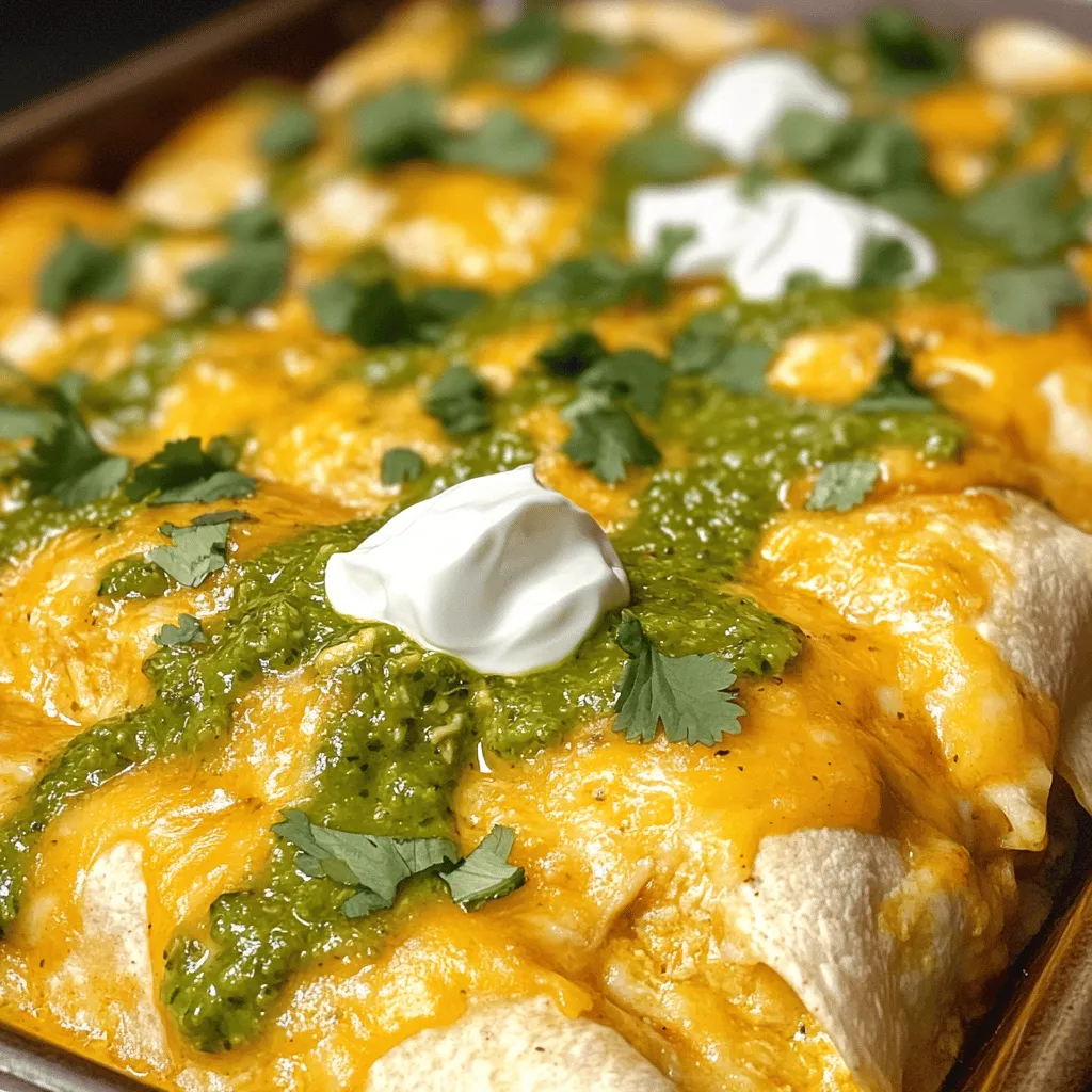 - 2 cups cooked chicken, shredded - 1 cup black beans, drained and rinsed - 1 cup corn (fresh or frozen) - 1 cup salsa verde - 1 cup shredded cheese (cheddar or Mexican blend) For my chicken enchiladas, I always start with tender shredded chicken. You can use rotisserie chicken for speed. Black beans add protein and a nice texture. Corn brings sweetness and color. Salsa verde gives a tangy kick, while shredded cheese ties everything together. - 8 small flour tortillas - 1/2 cup onion, finely diced - 1 teaspoon ground cumin - 1 teaspoon chili powder - 1/2 teaspoon garlic powder - Salt and pepper to taste I prefer small flour tortillas for easy rolling. They hold the filling perfectly. The diced onion adds crunch and flavor. Cumin, chili powder, and garlic powder spice up the mix. Don't forget salt and pepper to enhance all the flavors. - Fresh cilantro, for garnish - Sour cream, for serving Fresh cilantro adds a burst of color and a fresh taste. I love serving enchiladas with a dollop of sour cream. It cools the spice and adds creaminess. Enjoy your meal with a side of salad or guacamole for extra flavor! First, set your oven to 375°F (190°C) to preheat. This step is key for even cooking. While the oven warms up, grab a big mixing bowl. Add the following ingredients: - 2 cups cooked chicken, shredded - 1 cup black beans, drained and rinsed - 1 cup corn (fresh or frozen) - 1/2 cup onion, finely diced - 1 cup salsa verde - 1 teaspoon ground cumin - 1 teaspoon chili powder - 1/2 teaspoon garlic powder - Salt and pepper to taste Mix everything well. You want all the flavors to blend nicely. Now it's time to fill the tortillas. Take one flour tortilla and place about 1/3 cup of the chicken mixture in the center. Make sure not to overfill it. Roll the tortilla tightly from one end to the other. Place it seam-side down in a greased 9x13-inch baking dish. Repeat this with the other tortillas. You should have a nice row of enchiladas. Once all the tortillas are rolled, pour any remaining salsa verde on top. Then, sprinkle shredded cheese evenly over the enchiladas. Cover the dish with aluminum foil. Bake them for 20 minutes. After 20 minutes, remove the foil. Bake them for another 10-15 minutes. This will make the cheese bubbly and golden. Let them cool for about 5 minutes before serving. Garnish with fresh cilantro for a pop of color and flavor. Enjoy your tasty chicken enchiladas! To make the filling just right, start with shredded chicken. Use cooked chicken from a rotisserie or boil some chicken breasts. Keep the chicken moist. Add black beans and corn for extra flavor and texture. Use salsa verde for a nice kick. Here are some tips for seasoning: - Use ground cumin and chili powder for warmth. - Add garlic powder for depth. - Remember to taste your mixture. Adjust salt and pepper as needed. Tortillas can tear if you're not careful. To prevent this, warm them briefly in the microwave. This makes them soft and easy to handle. When rolling, place the filling in the center. Leave space on the edges. Roll tightly, but not too tight! Place the seam side down in the baking dish. This helps keep them closed as they bake. You can prepare your enchiladas in advance. Assemble them, then cover and refrigerate. Bake them when you’re ready to eat. If you do this, add a few extra minutes to the baking time. Enjoy a delicious meal with less prep on busy nights! {{image_2}} You can choose between green sauce and red sauce for your enchiladas. Green sauce, or salsa verde, gives a bright and zesty flavor. It pairs well with chicken and adds freshness. Red sauce offers a rich, bold taste. It creates a warm, comforting dish. You can also try creamy enchilada variations. A sour cream or cream cheese sauce can make your dish extra rich. This adds a smooth texture that many love. If you want a vegetarian option, swap the chicken for beans or roasted veggies. Black beans work well and provide protein. You can also use gluten-free tortillas. Many stores sell tasty gluten-free options made from corn or rice. This way, everyone can enjoy these enchiladas. You can enhance your filling with veggies. Chopped bell peppers or spinach add color and nutrition. You can also try cheese alternatives for a lighter dish. Nutritional yeast or vegan cheese can work well. They provide flavor without dairy. Feel free to experiment and make this recipe yours! To store your leftover chicken enchiladas, first let them cool down. Place them in the fridge within two hours. Use an airtight container to keep them fresh. This helps prevent moisture loss and keeps flavors intact. You can also wrap them tightly in plastic wrap or foil. To freeze chicken enchiladas, first cool them completely. Then, wrap each enchilada in plastic wrap. Place them in a freezer bag or airtight container. This will protect them from freezer burn. To thaw, move the enchiladas to the fridge for several hours or overnight. This slow thawing helps keep their taste and texture. To reheat chicken enchiladas, the oven is best. Preheat your oven to 350°F (175°C). Place the enchiladas in a baking dish and cover with foil. Bake for about 20 minutes, or until heated through. This keeps the tortillas soft and the cheese melted. If you want a crispy top, remove the foil for the last 5 minutes. Enjoy your flavorful meal! To make chicken enchiladas from scratch, you need to prepare the filling. First, mix shredded chicken, black beans, corn, diced onion, salsa verde, and spices in a bowl. This blend gives you a tasty base. Then, you fill each tortilla with the mixture. Roll them tightly and place them in a baking dish. Finally, bake them until the cheese melts. You can use uncooked chicken, but it needs more time to cook. Start by boiling or baking the chicken until it is fully cooked. After cooking, shred it and mix it into your filling. This method adds flavor but requires careful timing. Make sure the chicken reaches an internal temperature of 165°F. The best cheese for chicken enchiladas is usually a blend of cheeses. Cheddar adds a sharp flavor, while a Mexican blend gives a creamy texture. Look for cheeses that melt well, as they create a nice, gooey topping. Mozzarella is another option if you prefer a milder taste. Choose based on your flavor preference and meltability. In this article, we explored how to make tasty chicken enchiladas. We covered the main ingredients, from shredded chicken to salsa verde. I shared step-by-step instructions, tips for perfect filling, and variations to suit different diets. Remember, using the right tortillas and seasoning makes a big difference. You can easily make these enchiladas ahead of time, freeze them, or store leftovers. Experiment with different sauces and add-ins to find your favorite twist. Enjoy your cooking adventure, and let the flavors shine!