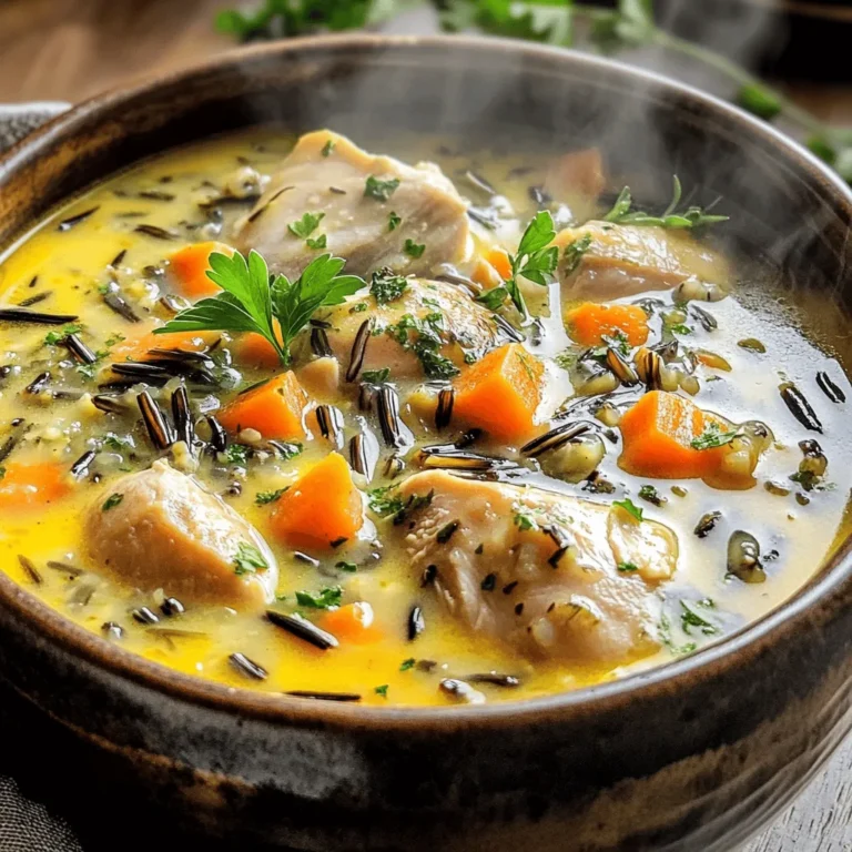 For a great Chicken Wild Rice Stew, you need these key ingredients: - 1 lb boneless, skinless chicken thighs, diced - 1 cup wild rice, rinsed and drained - 4 cups low-sodium chicken broth - 1 cup carrots, diced - 1 cup celery, diced - 1 cup onion, chopped - 3 cloves garlic, minced - 1 teaspoon dried thyme - 1 teaspoon dried rosemary - 1 bay leaf - Salt and pepper to taste These ingredients work well together. The chicken gives a nice flavor. The wild rice adds a hearty touch. The veggies bring freshness and color. Each herb boosts the taste. For some extra flavor, consider adding these optional ingredients: - 1 cup heavy cream (for creaminess) - Chopped fresh parsley for garnish Adding heavy cream makes the stew richer. Fresh parsley gives a nice finish and brightens the dish. You can also try adding a squeeze of lemon for a citrus twist. To keep your stew fresh and tasty, follow these tips: - Use fresh herbs when you can. They add a lot of flavor. - Make sure to rinse the wild rice well. This helps remove any grit. - Dice the vegetables evenly. This ensures they cook at the same rate. - Taste the stew before serving. Adjust salt and pepper as needed. These simple tips improve the dish. You’ll end up with a warm, cozy stew perfect for any day. First, gather your ingredients. You need: - 1 lb boneless, skinless chicken thighs, diced - 1 cup wild rice, rinsed and drained - 4 cups low-sodium chicken broth - 1 cup carrots, diced - 1 cup celery, diced - 1 cup onion, chopped - 3 cloves garlic, minced - 1 teaspoon dried thyme - 1 teaspoon dried rosemary - 1 bay leaf - 1 cup heavy cream (optional for creaminess) - Salt and pepper to taste - Chopped fresh parsley for garnish Wash and chop the vegetables. Dice the chicken into small pieces. Rinse the wild rice well to remove excess starch. This step helps the rice cook evenly. Now, take your slow cooker. Add the diced chicken, wild rice, carrots, celery, onion, and garlic. Pour in the chicken broth. Then, sprinkle in the dried thyme, rosemary, and add the bay leaf. Mix everything gently with a spoon. Season with salt and pepper to your taste. Cover the slow cooker with the lid. Set it to low for 6-8 hours or high for 3-4 hours. The chicken should be cooked fully, and the rice should be tender. If you want a creamier stew, remove the bay leaf. Stir in the heavy cream and let it cook for another 15-30 minutes. Before serving, taste and adjust the seasoning if needed. Serve hot, garnished with chopped fresh parsley for a pop of color. To make your Chicken Wild Rice Stew creamier, add heavy cream toward the end. This gives a rich texture. If you want a lighter option, blend in a splash of milk instead. You can also use sour cream or yogurt for a tangy taste. Stir it in just before serving for the best results. Use fresh herbs when possible to boost flavor. Dried thyme and rosemary work great, but fresh ones elevate your stew. Adjust the salt and pepper to your liking. Taste as you go to find the right balance. Adding a squeeze of lemon juice can brighten the flavors too. If your stew is too thick, add more broth or water. Stir well to mix. If it's too thin, let it cook longer with the lid off. This helps reduce the liquid. If the rice isn't tender, check your cook time. Each slow cooker varies, so adjust as needed. {{image_2}} You can easily change the protein in this stew. Chicken is great, but try turkey or even pork. If you want a twist, use diced beef for a heartier meal. Fish can also work, but add it later in cooking. This keeps it from getting tough. If you want to keep it simple, stick to chicken. It pairs well with the rice and broth. Adding more veggies boosts the flavor and nutrients. Think about spinach, kale, or peas. These greens add color and vitamins. You can also toss in bell peppers for a sweet crunch. Just chop them small so they cook well. Root veggies like potatoes or parsnips add heartiness too. Feel free to mix and match based on what you have. To make this stew vegetarian, skip the chicken. Use vegetable broth instead of chicken broth. For protein, add beans or lentils. They give a nice texture. You can also add tofu or tempeh for extra protein. If you want creaminess, use coconut milk instead of heavy cream. This gives it a rich and tropical flavor. This way, anyone can enjoy this warm, cozy stew. After enjoying your Chicken Wild Rice Stew, let it cool down. Use an airtight container to store leftovers. This keeps the stew fresh and tasty. If you plan to eat it within 3 days, store it in the fridge. For longer storage, follow the freezing tips below. When you are ready to enjoy your stew again, reheat it on the stove. Use low heat and stir often. This helps it heat evenly. You can also use the microwave. Place the stew in a microwave-safe bowl and cover it. Heat in short bursts, stirring in between, until it’s hot. If the stew seems thick, add a splash of chicken broth or water to loosen it up. To freeze your Chicken Wild Rice Stew, pour it into a freezer-safe container. Leave some space at the top for expansion. Label the container with the date. The stew can last up to 3 months in the freezer. When you are ready to eat it, thaw it in the fridge overnight. Once thawed, reheat it as mentioned above. Enjoy that cozy flavor again! You can use brown rice. It will change the taste and texture. Brown rice cooks faster, so check it often. Use the same amount, but adjust the cooking time to around 4-5 hours on low. This will help avoid mushy rice. The stew is done when the chicken is fully cooked and tender. The rice should be soft and fluffy. You can also test the chicken with a fork. If it shreds easily, it's ready. Yes, you can cook it on the stovetop. Start by browning the chicken in a pot first. Then, add the veggies and broth. Let it simmer for about 45 minutes until everything is tender. This stew pairs well with crusty bread or a fresh salad. You can also serve it over mashed potatoes for a hearty meal. Rice or quinoa can work, too, if you want more grains. In the fridge, this stew lasts about 3-4 days. Make sure to store it in an airtight container. If you want it to last longer, consider freezing it for up to 3 months. In this post, we explored key ingredients for Chicken Wild Rice Stew. I shared cooking tips for fresh flavors and detailed a step-by-step guide for a smooth cooking process. We also covered ways to tweak your stew, like adding veggies or different proteins. Remember, proper storage helps keep your stew tasty for longer. With these tips, you can enjoy a comforting meal any night. Happy cooking!