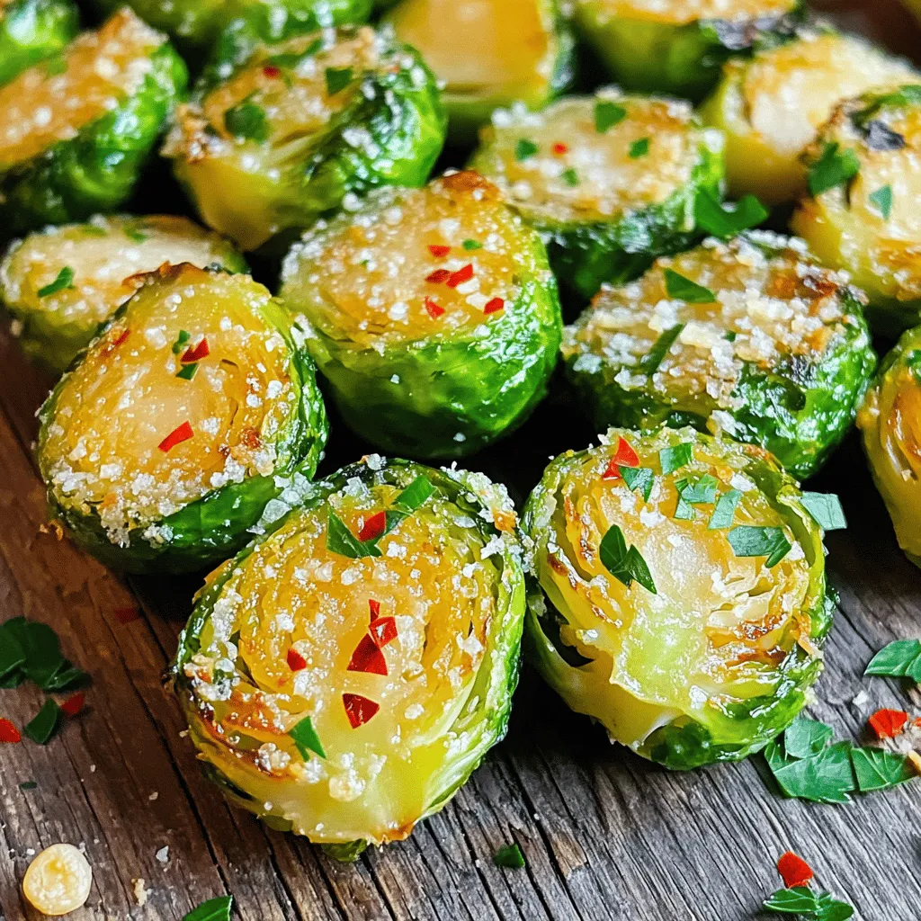 To make Garlic Parmesan Roasted Brussels Sprouts, you will need: - 1 lb Brussels sprouts, trimmed and halved - 4 tablespoons olive oil - 4 cloves garlic, minced - 1/2 cup grated Parmesan cheese - 1 teaspoon garlic powder - 1 teaspoon onion powder - Salt and pepper to taste - 1/4 teaspoon red pepper flakes (optional) - Fresh parsley, chopped (for garnish) You will need a few key tools: - A large mixing bowl - A baking sheet - Parchment paper - A sharp knife for trimming - A cutting board - A spatula for tossing If you don't have everything, here are some swaps: - Use any oil you like instead of olive oil. - Swap Parmesan cheese with nutritional yeast for a vegan option. - Garlic powder can be replaced with garlic salt. - Fresh parsley can be skipped or swapped with other herbs like thyme or oregano. - For heat, use black pepper if red pepper flakes are not available. Start by washing the Brussels sprouts. You want them clean. Trim off the tough ends and cut each sprout in half. This helps them cook evenly. Next, grab a large bowl. Add the halved Brussels sprouts, 4 tablespoons of olive oil, and 4 cloves of minced garlic. Sprinkle in 1 teaspoon each of garlic powder and onion powder. Season with salt and pepper to your taste. Toss everything together. Ensure each sprout gets coated well. This mix makes them tasty and flavorful. Now it’s time to roast! Preheat your oven to 400°F (200°C). Line a baking sheet with parchment paper. Spread the Brussels sprouts on the sheet in a single layer. This is key for even roasting. Place them in the oven and set a timer for 20 minutes. Halfway through, give them a stir. This helps them brown nicely. When they look golden and tender, it’s time for the next step. Take the baking sheet out of the oven. Sprinkle 1/2 cup of grated Parmesan cheese over the sprouts. This cheese adds a rich flavor. Return the sheet to the oven. Bake for another 5-7 minutes. Watch for the cheese to melt and get a bit crispy. Once done, remove the sheet and add red pepper flakes if you like a bit of heat. Finally, sprinkle chopped fresh parsley over the top for a bright finish. Serve these warm, and enjoy a delightful side dish! To roast Brussels sprouts well, choose fresh ones. Look for bright green, firm sprouts. Trim the ends and cut them in half. This helps them cook evenly. Always use a large bowl to mix. This gives them space to coat in oil and spices. To get that perfect crisp, use enough olive oil. Four tablespoons work great. Spread the sprouts in a single layer on your baking sheet. Crowding them leads to steaming, not roasting. Stir halfway through cooking. This helps them brown all over. Garlic Parmesan roasted Brussels sprouts make a great side dish. They pair well with chicken, fish, or steak. For a fun twist, try them on a salad. Add nuts or dried fruit for extra flavor. You can also serve them with a squeeze of lemon for brightness. {{image_2}} You can add more flavor to your Garlic Parmesan Roasted Brussels Sprouts. Try fresh herbs like thyme or rosemary. These herbs add a nice aroma and depth to the dish. You can also mix in spices. For a kick, add smoked paprika or cumin. If you want more garlic flavor, increase the minced garlic or add garlic powder. If you want a vegan version, skip the Parmesan cheese. You can use nutritional yeast instead. It brings a cheesy flavor without dairy. If gluten-free is your goal, this recipe is naturally gluten-free. Just make sure any added ingredients, like spices, are also gluten-free. There are many fun ways to serve these Brussels sprouts. Try them on a bed of quinoa for a hearty meal. You can also mix them into pasta dishes for a flavor boost. Adding them to a salad with a tangy dressing can elevate your meal. For a party, serve them as a tasty appetizer with toothpicks. Enjoy the versatility of this dish! Store your Garlic Parmesan Roasted Brussels sprouts in an airtight container. This keeps them fresh. Let them cool down first. This helps avoid extra moisture. You can keep them in the fridge. Reheat in the oven for best results. Set the oven to 350°F (175°C). Spread the Brussels sprouts on a baking sheet. Heat for about 10-15 minutes. This keeps them crispy. You can also use a microwave. Just heat them for 1-2 minutes. They won’t be as crispy, but they’ll still taste good. These Brussels sprouts last for about 3-4 days in the fridge. Check for any signs of spoilage before eating. If they smell bad or look slimy, throw them away. Enjoy your leftovers while they are still tasty! Yes, you can use frozen Brussels sprouts. Just make sure to thaw and dry them first. Frozen sprouts might not get as crispy as fresh ones. They also may take longer to cook. Adjust your roasting time as needed to ensure they are tender. Garlic Parmesan Roasted Brussels sprouts pair well with many dishes. Here are some great options: - Grilled chicken - Baked salmon - Quinoa salad - Mashed potatoes - Garlic bread These sides enhance the meal and add more flavor to your table. You can prep the Brussels sprouts a day in advance. Just wash and cut them, then store them in the fridge. Mix the oil, garlic, and spices ahead of time too. When you're ready to cook, toss them together and roast. This saves time and makes cooking easy! In this blog post, we explored how to cook delicious Garlic Parmesan Roasted Brussels Sprouts. We covered the ingredients and needed equipment, along with great substitutes. I shared step-by-step instructions for roasting, plus tips for getting them perfectly crisp. You learned about flavor variations and how to store leftovers. Roasting Brussels sprouts can be fun and tasty. With these tips, you can impress your guests and enjoy healthy meals at home! Give it a try!