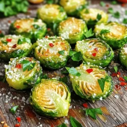 To make Garlic Parmesan Roasted Brussels Sprouts, you will need: - 1 lb Brussels sprouts, trimmed and halved - 4 tablespoons olive oil - 4 cloves garlic, minced - 1/2 cup grated Parmesan cheese - 1 teaspoon garlic powder - 1 teaspoon onion powder - Salt and pepper to taste - 1/4 teaspoon red pepper flakes (optional) - Fresh parsley, chopped (for garnish) You will need a few key tools: - A large mixing bowl - A baking sheet - Parchment paper - A sharp knife for trimming - A cutting board - A spatula for tossing If you don't have everything, here are some swaps: - Use any oil you like instead of olive oil. - Swap Parmesan cheese with nutritional yeast for a vegan option. - Garlic powder can be replaced with garlic salt. - Fresh parsley can be skipped or swapped with other herbs like thyme or oregano. - For heat, use black pepper if red pepper flakes are not available. Start by washing the Brussels sprouts. You want them clean. Trim off the tough ends and cut each sprout in half. This helps them cook evenly. Next, grab a large bowl. Add the halved Brussels sprouts, 4 tablespoons of olive oil, and 4 cloves of minced garlic. Sprinkle in 1 teaspoon each of garlic powder and onion powder. Season with salt and pepper to your taste. Toss everything together. Ensure each sprout gets coated well. This mix makes them tasty and flavorful. Now it’s time to roast! Preheat your oven to 400°F (200°C). Line a baking sheet with parchment paper. Spread the Brussels sprouts on the sheet in a single layer. This is key for even roasting. Place them in the oven and set a timer for 20 minutes. Halfway through, give them a stir. This helps them brown nicely. When they look golden and tender, it’s time for the next step. Take the baking sheet out of the oven. Sprinkle 1/2 cup of grated Parmesan cheese over the sprouts. This cheese adds a rich flavor. Return the sheet to the oven. Bake for another 5-7 minutes. Watch for the cheese to melt and get a bit crispy. Once done, remove the sheet and add red pepper flakes if you like a bit of heat. Finally, sprinkle chopped fresh parsley over the top for a bright finish. Serve these warm, and enjoy a delightful side dish! To roast Brussels sprouts well, choose fresh ones. Look for bright green, firm sprouts. Trim the ends and cut them in half. This helps them cook evenly. Always use a large bowl to mix. This gives them space to coat in oil and spices. To get that perfect crisp, use enough olive oil. Four tablespoons work great. Spread the sprouts in a single layer on your baking sheet. Crowding them leads to steaming, not roasting. Stir halfway through cooking. This helps them brown all over. Garlic Parmesan roasted Brussels sprouts make a great side dish. They pair well with chicken, fish, or steak. For a fun twist, try them on a salad. Add nuts or dried fruit for extra flavor. You can also serve them with a squeeze of lemon for brightness. {{image_2}} You can add more flavor to your Garlic Parmesan Roasted Brussels Sprouts. Try fresh herbs like thyme or rosemary. These herbs add a nice aroma and depth to the dish. You can also mix in spices. For a kick, add smoked paprika or cumin. If you want more garlic flavor, increase the minced garlic or add garlic powder. If you want a vegan version, skip the Parmesan cheese. You can use nutritional yeast instead. It brings a cheesy flavor without dairy. If gluten-free is your goal, this recipe is naturally gluten-free. Just make sure any added ingredients, like spices, are also gluten-free. There are many fun ways to serve these Brussels sprouts. Try them on a bed of quinoa for a hearty meal. You can also mix them into pasta dishes for a flavor boost. Adding them to a salad with a tangy dressing can elevate your meal. For a party, serve them as a tasty appetizer with toothpicks. Enjoy the versatility of this dish! Store your Garlic Parmesan Roasted Brussels sprouts in an airtight container. This keeps them fresh. Let them cool down first. This helps avoid extra moisture. You can keep them in the fridge. Reheat in the oven for best results. Set the oven to 350°F (175°C). Spread the Brussels sprouts on a baking sheet. Heat for about 10-15 minutes. This keeps them crispy. You can also use a microwave. Just heat them for 1-2 minutes. They won’t be as crispy, but they’ll still taste good. These Brussels sprouts last for about 3-4 days in the fridge. Check for any signs of spoilage before eating. If they smell bad or look slimy, throw them away. Enjoy your leftovers while they are still tasty! Yes, you can use frozen Brussels sprouts. Just make sure to thaw and dry them first. Frozen sprouts might not get as crispy as fresh ones. They also may take longer to cook. Adjust your roasting time as needed to ensure they are tender. Garlic Parmesan Roasted Brussels sprouts pair well with many dishes. Here are some great options: - Grilled chicken - Baked salmon - Quinoa salad - Mashed potatoes - Garlic bread These sides enhance the meal and add more flavor to your table. You can prep the Brussels sprouts a day in advance. Just wash and cut them, then store them in the fridge. Mix the oil, garlic, and spices ahead of time too. When you're ready to cook, toss them together and roast. This saves time and makes cooking easy! In this blog post, we explored how to cook delicious Garlic Parmesan Roasted Brussels Sprouts. We covered the ingredients and needed equipment, along with great substitutes. I shared step-by-step instructions for roasting, plus tips for getting them perfectly crisp. You learned about flavor variations and how to store leftovers. Roasting Brussels sprouts can be fun and tasty. With these tips, you can impress your guests and enjoy healthy meals at home! Give it a try!