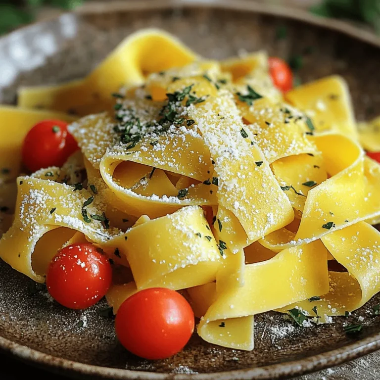 - 2 cups all-purpose flour - 1 cup sourdough starter (fed and bubbly) - 1 large egg - 1 teaspoon salt - 1 tablespoon olive oil - Water (as needed) - All-purpose flour: This flour gives the pasta its structure and chew. It works well for pasta. - Sourdough starter: This is the star of the dish! Use a bubbly starter. It adds flavor and helps the pasta rise. - Large egg: The egg binds the dough and adds richness. It helps make the pasta smooth. - Salt: Salt enhances the flavor. It is a must for any dough. - Olive oil: This gives the pasta a lovely texture and adds flavor. It keeps the dough from sticking. - Water: You might need this to adjust the dough. Add it slowly until you get the right texture. - Herbs: Try adding fresh herbs like basil or parsley for a burst of flavor. - Spices: A pinch of garlic powder or red pepper flakes can spice things up. - Vegetable puree: Mix in spinach or beet puree for colorful and tasty pasta. To start, gather your ingredients. You need: - 2 cups all-purpose flour - 1 cup sourdough starter (fed and bubbly) - 1 large egg - 1 teaspoon salt - 1 tablespoon olive oil - Water (as needed) In a large bowl, mix the flour and salt. Make sure the salt is evenly spread. Next, create a well in the center. Add the sourdough starter, egg, and olive oil into this well. Using a fork, mix the flour into the wet ingredients. Keep mixing until a shaggy dough forms. If it feels too dry, add water, one tablespoon at a time, until it holds together. Now it's time to knead the dough. Transfer it to a lightly floured surface. Knead the dough for about 8-10 minutes. You want it to be smooth and elastic. If the dough sticks to your hands, sprinkle on a little more flour. Once you have a nice dough, shape it into a ball. Wrap it in plastic wrap. Let it rest at room temperature for at least 30 minutes. This rest helps the gluten relax, making your pasta easier to roll out. After the dough has rested, divide it into four equal pieces. Keep the pieces covered to stop them from drying. Roll out each piece using a pasta machine or a rolling pin. Aim for your preferred thickness, dusting with flour to prevent sticking. Once rolled out, cut the dough into your favorite pasta shape. You can choose fettuccine, tagliatelle, or even lasagna sheets. Dust the cut pasta with a bit of flour. This will help keep it from sticking together. Now your homemade sourdough pasta is ready for cooking! To get the right dough, start with the right flour. Use all-purpose flour for a great texture. The sourdough starter should be fed and bubbly. This gives the pasta a nice rise and flavor. Mix the flour and salt well before adding wet ingredients. Create a well in the center for the starter, egg, and oil. If your dough feels dry, add water slowly, one tablespoon at a time. Knead until smooth and elastic. This should take about 8-10 minutes. Rest the dough so the gluten can relax. This makes rolling easier. One common mistake is not measuring ingredients properly. Use cups for flour and a liquid measure for water. Another mistake is adding too much water too fast. This can make the dough too sticky. If this happens, add more flour gradually. Make sure to knead for a full 8-10 minutes. Not kneading long enough will give you tough pasta. Lastly, don’t skip the resting time. This step is key for good texture. For extra flavor, try adding herbs or spices to the flour. A teaspoon of garlic powder or dried basil can work wonders. You can mix in pureed vegetables, like spinach or beet, for color and taste. This also adds nutrients. If you want a richer flavor, use a little more olive oil. Experiment with different types of salt too. Sea salt can give a nice crunch. Don’t be afraid to get creative! {{image_2}} You can make ravioli with your sourdough pasta. Start by rolling out your dough thin. Cut circles or squares for the pasta pieces. Place a spoonful of your filling in the center. Then, fold the dough over and seal the edges with a fork. You can use ricotta, spinach, or any filling you like. This makes a tasty meal that impresses anyone! Flavor your sourdough pasta with fun ingredients. For spinach pasta, blend fresh spinach with a bit of water. Mix this with your dough. For beet pasta, use roasted beets and puree them. This adds a vibrant color and taste. You can try other flavors too, like herbs or spices. Get creative and make your pasta unique! If you need gluten-free pasta, you can use gluten-free flour blends. Look for one that mixes well with sourdough starter. The texture may differ, but it still tastes great. You can also try chickpea or rice flour for a different flavor. Just follow the same steps, and you’ll have delicious gluten-free sourdough pasta! To keep your homemade sourdough pasta fresh, store it properly. Start by laying the pasta on a clean surface. Dust it lightly with flour to prevent sticking. Then, arrange the pasta in a single layer. You can use parchment paper between layers if needed. Place it in an airtight container or a zip-top bag. Make sure to remove excess air before sealing. This way, your pasta stays fresh and tasty. Freezing your sourdough pasta is easy. First, let the pasta dry for about 30 minutes. Then, spread it flat on a baking sheet. Freeze it for about one hour until firm. Once firm, transfer the pasta to a freezer bag. Be sure to label the bag with the date. To thaw, take out the pasta and let it sit at room temperature for about 15 minutes. Cook it straight from frozen or after thawing. Fresh sourdough pasta will last in the fridge for about 2 to 3 days. If you freeze it, the pasta can last for up to 3 months. After that, the quality may drop. Always check for any signs of spoilage before cooking. When you follow these tips, your homemade pasta remains delicious for longer! Using sourdough in pasta adds a unique flavor. It gives the pasta a slight tang. This tanginess makes each bite more exciting. Sourdough also helps with texture. It creates a chewy and firm pasta that holds sauce well. Plus, sourdough is easier to digest for some people. This is due to the fermentation process. It can also enhance the nutrients in the flour. Yes, you can make sourdough pasta without eggs. Just replace the egg with more sourdough starter. Use about half a cup of starter instead. You might need to adjust the flour and water. Start with the same amount of flour. Add water slowly until the dough comes together. This eggless version will still taste great! The texture will be slightly different but still delicious. Fresh pasta cooks fast, usually in 2-4 minutes. Start checking it after 2 minutes. It should be tender yet firm to the bite. This is called “al dente.” If it’s too soft, it may be overcooked. Always taste a piece to be sure! Once done, drain the pasta and enjoy it with your favorite sauce. In this post, we explored how to make delicious sourdough pasta. We covered the key ingredients and how each one plays a part. You learned step-by-step instructions, tips for a great dough, and tasty variations. Remember, practice makes perfect. Don’t let a few mistakes stop you. Each batch helps you get better. Enjoy your homemade pasta with flavors that shine. Cooking is a fun journey, so keep experimenting and tasting. Your kitchen is waiting for your next creation!