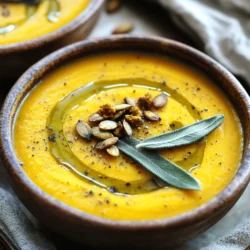 - 1 medium butternut squash, peeled, seeded, and cubed - 1 medium onion, chopped - 2 cloves garlic, minced - 2 tablespoons olive oil - 4 cups vegetable broth - 1/2 cup coconut milk (optional for creaminess) To make roasted butternut squash soup, you'll need fresh and good-quality ingredients. Butternut squash is the star of the show. It brings a sweet and nutty taste. Onions and garlic add depth and warmth. Olive oil helps with roasting and adds flavor. Vegetable broth gives the soup its body, while coconut milk can make it creamy if you wish. - 1 teaspoon ground cumin - 1/2 teaspoon nutmeg - Salt and pepper to taste The spices are crucial for flavor. Ground cumin adds a warm earthiness. Nutmeg gives a subtle sweetness. Salt and pepper help to balance all the flavors. You can adjust these to suit your taste as you cook. - 12 fresh sage leaves - 2 tablespoons unsalted butter Crispy sage leaves are a delightful garnish. They add a crisp texture and a nice herbal note. Using unsalted butter for frying sage will enhance its flavor without making it too salty. This simple touch lifts the soup and makes it feel special. With these ingredients, you set the stage for a cozy, comforting bowl of soup that warms both the body and soul. - First, preheat your oven to 400°F (200°C). This helps the squash roast nicely. - Next, peel and seed the butternut squash. Cut it into small cubes. Chop the onion and mince the garlic. This will add great flavor to the soup. - In a large bowl, toss the cubed squash, chopped onion, and minced garlic with 2 tablespoons of olive oil. - Season with salt, pepper, ground cumin, and nutmeg. Spread the mixture in a single layer on a baking sheet. - Roast in the oven for 25-30 minutes. Check for tenderness; it should be slightly caramelized for best flavor. - Once the squash is done, transfer it to a large pot. Pour in the vegetable broth and bring it to a simmer. - Use an immersion blender to blend the soup until smooth. If you want a creamier texture, mix in the coconut milk now. - Taste the soup and adjust the seasoning if needed. Heat it through for another 5 minutes. - Serve hot, garnished with crispy sage leaves for a delightful crunch. You have a few choices for creaminess in your soup. Using coconut milk adds a rich flavor. It gives a nice sweetness that pairs well with the squash. If you want a lighter option, you can use low-fat milk or almond milk. Both will still make your soup smooth and tasty. To enhance flavor, think about your spices. Adding a pinch more nutmeg can bring warmth. Try a dash of chili powder for some heat. Don't forget to taste as you go! Adjust salt and pepper to make each bite perfect. Fresh herbs also boost the taste. A sprinkle of fresh thyme or parsley can add brightness. Serving your soup nicely makes it special. Drizzle olive oil on top for shine and flavor. A sprinkle of roasted pumpkin seeds adds crunch and color. You can also use a swirl of coconut milk for a creamy design. Serve the soup in warm bowls to keep it cozy. {{image_2}} You can easily add proteins to this soup. Beans are a great choice. They add texture and nutrition. Try black beans or chickpeas for a hearty boost. If you prefer meat, chicken works well too. Just cook it separately and add it to the soup before serving. This will make your meal more filling. If you want to change the flavor, try using thyme or rosemary. These herbs bring a different taste that pairs nicely with squash. Just use the same amount as you would for sage. This small swap can change the whole dish. You can adjust the soup's texture based on your taste. For a creamy version, stir in coconut milk after blending. If you like a lighter soup, skip the milk. You can also add more broth to make it thinner. This way, you get the perfect soup just how you like it. To store leftovers, let the soup cool down first. Place it in an airtight container. It will last for about 3 to 5 days in the fridge. Make sure to label the container with the date. This way, you keep track of freshness. Freezing is a great choice for longer storage. Pour the soup into freezer-safe bags or containers. Leave some space at the top for expansion. The soup can stay frozen for up to 3 months. When you're ready to eat, thaw it in the fridge overnight. You can also use the microwave for quick thawing. Before serving, give the soup a good stir. If it seems too thick, add a splash of vegetable broth or water. Heat it on the stove until hot. For the best taste, add fresh crispy sage on top just before serving. This adds a nice touch and lifts the flavor. To make this soup vegan, you can replace the butter with olive oil. Use vegetable broth instead of chicken broth. This keeps the flavor rich without animal products. Yes, you can use frozen butternut squash. It will save you time. Just thaw it before use. Adjust the roasting time since frozen squash cooks faster. Check it often to avoid mushiness. You can serve this soup with crusty bread or a fresh salad. A simple green salad goes well. You can also pair it with grilled cheese for a cozy meal. Enjoy it warm! This blog post explored how to make a delicious roasted butternut squash soup. We covered key ingredients like squash, onion, and garlic, and spiced it up with cumin and nutmeg. I shared tips on creaminess, seasoning, and garnishing. Variations allow for proteins and herbs to customize your soup. Proper storing methods ensure leftovers stay tasty. You can easily make this soup vegan, use frozen squash, and find great sides to serve with it. Enjoy making this soup, and feel free to experiment with the flavors and ingredients!