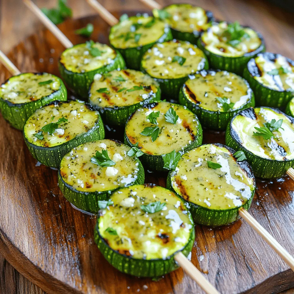 To make garlic butter zucchini skewers, you need simple, fresh ingredients. Below is a detailed list to get you started. - 4 medium zucchinis: Slice the zucchinis into thick rounds. This helps them hold their shape on the grill. - 1/2 cup unsalted butter: Use unsalted butter for better control over the salt. - 4 cloves garlic, minced: Fresh garlic gives the best flavor. Mince it finely for even distribution. - 1 teaspoon dried thyme: This herb adds a nice earthiness to the dish. - 1 teaspoon dried oregano: Oregano brings a touch of warmth. - Salt and pepper to taste: Use these to season the garlic butter mixture. - 1 tablespoon fresh lemon juice: This adds brightness and cuts through the richness of the butter. - Fresh parsley, chopped: Use this for garnish to add color and freshness to the dish. - Skewers: If using wooden skewers, soak them in water for 30 minutes to prevent burning. These ingredients come together to create a delightful grilled dish. You can adjust the herbs and spices to match your taste. For a fun twist, consider adding chili flakes for some heat or using fresh herbs instead of dried ones. Enjoy the burst of flavors! Start by preheating your grill to medium-high heat, around 375°F to 400°F. This temperature helps to cook the zucchini evenly. If you use a gas grill, simply ignite it and adjust the knobs. For charcoal, let the coals turn gray before grilling. Both types work well, but gas offers easy control. Charcoal adds a smoky flavor. Choose what suits your taste! Melt the butter slowly over low heat in a small saucepan. This keeps it from burning. Once melted, add minced garlic, dried thyme, and dried oregano. Stir gently for about 3-5 minutes. You want the garlic soft but not brown. Remove from heat and mix in fresh lemon juice, salt, and pepper. This blend gives a bright and tasty flavor. To thread zucchini on skewers, cut them into thick rounds. Leave a little space between each piece. This helps them cook evenly. Brush the garlic butter over the skewers, saving some for basting. Grill the skewers for about 4-5 minutes on each side. Look for grill marks and tender zucchini. Baste while grilling for extra flavor. Enjoy the deliciousness of garlic butter zucchini skewers! To make your garlic butter zucchini skewers even tastier, add more herbs and spices. Consider using: - Fresh basil or dill for a garden-fresh taste. - A pinch of red pepper flakes for a little heat. - Smoked paprika for a deeper flavor. You can also try different marinades. A simple balsamic vinegar mix can add a nice tang. Just let the zucchini soak in it for about 15 minutes before grilling. Basting your skewers with garlic butter while cooking adds extra richness. If you do not have a grill, you can use your oven. Set it to broil and place the skewers on a baking sheet. Cook them for about 10 minutes, turning halfway through. This method gives you a nice char, similar to grilling. To achieve perfect grill marks, make sure your grill is hot enough. Place the skewers at an angle on the grates. After a few minutes, rotate them 90 degrees. This gives you beautiful crosshatch marks. Pair your skewers with dips like ranch or tzatziki. These cool dips contrast well with the warm, buttery zucchini. For a fun presentation, serve your skewers on a wooden board or a colorful platter. You can add lemon wedges or cherry tomatoes for extra color. Sprinkle fresh parsley on top for a fresh look and taste. {{image_2}} You can swap in other veggies for more fun. Try bell peppers or mushrooms. These add color and taste. You can also mix zucchini with cherry tomatoes for a sweet touch. If you want a vegan version, use dairy-free butter. This keeps all the flavor without any animal products. To spice things up, add chili flakes or jalapeños. This gives your skewers a nice kick. If you prefer a fresh taste, try pesto. Brush it on the zucchini before grilling. This adds a rich Italian flavor that pairs well with the garlic butter. Change up how you skewer your veggies. You can cut zucchini into small cubes or thick rounds. Each style offers a different bite. For a colorful look, mix in red and yellow bell peppers. This makes your dish pop and looks great on the table. To store leftover skewers, let them cool first. This step helps keep them fresh longer. Place the skewers in an airtight container. You can also wrap them tightly in plastic wrap or aluminum foil. This method keeps moisture out and prevents drying. For best taste, eat the leftovers within three days. After that, the zucchini may lose its crispness. Always check for any signs of spoilage before eating. When reheating, you want to keep the flavor strong. The best way is to use a grill. Heat it on medium. Place the skewers on the grill for a few minutes. Baste with the leftover garlic butter to add flavor. You can also use a microwave if you’re short on time. Place the skewers on a microwave-safe plate. Cover them with a damp paper towel. Heat in short bursts, checking often. This way, they stay moist and tasty. Choose firm zucchinis with smooth skin. Look for ones that feel heavy for their size. Avoid zucchinis with soft spots or blemishes. Thicker rounds work best for skewers. They hold up well on the grill. Yes, you can make garlic butter ahead of time. Simply melt the butter and mix in garlic and herbs. Let it cool and then store it in the fridge. Use it within a week for the best flavor. Garlic butter zucchini skewers pair well with many sides. Here are some great options: - Grilled corn on the cob - A fresh garden salad - Quinoa or rice pilaf - Garlic bread for extra flavor - A tangy yogurt dip for contrast Check for grill marks and tenderness. The zucchini should be soft and slightly charred. You can poke it with a fork to see if it’s done. It should not be mushy but tender. Absolutely! Bell peppers, mushrooms, and cherry tomatoes also grill well. Just cut them into similar sizes for even cooking. Mixing veggies adds color and flavor to your skewers. Soak wooden skewers in water for at least 30 minutes before using. This helps prevent burning while grilling. Make sure they are fully submerged for best results. Store leftover skewers in an airtight container in the fridge. They will last for up to three days. Reheat them gently to maintain flavor and texture. Yes, you can make garlic butter vegan. Use plant-based butter instead of dairy butter. The same garlic and herbs work great for flavor. In this blog post, we explored how to prepare tasty garlic butter zucchini skewers. We covered the best ingredients, grill prep, and step-by-step cooking. You learned tips for flavor and cooking methods, along with fun serving ideas. Lastly, we discussed variations and storage tips. Remember, cooking should be fun and creative. Experiment with flavors and enjoy these delicious skewers with family and friends. Happy grilling!