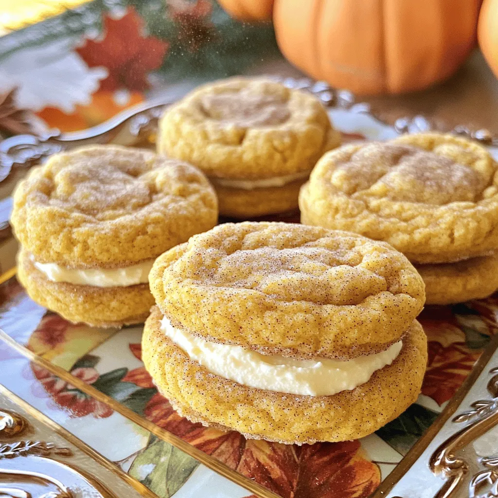 - 1 cup unsalted butter, softened - 1 cup granulated sugar - 1/2 cup brown sugar, packed - 1 cup pumpkin puree - 2 large eggs - 1 teaspoon vanilla extract - 2 1/2 cups all-purpose flour - 2 teaspoons cream of tartar - 1 teaspoon baking soda - 1/2 teaspoon salt - 2 teaspoons ground cinnamon - 1 teaspoon ground nutmeg - 1/2 teaspoon ground ginger - 1/2 cup powdered sugar - 1/4 cup cream cheese, softened - 1 tablespoon milk - 1/2 teaspoon vanilla extract You can swap unsalted butter with coconut oil for a dairy-free option. Use maple syrup instead of granulated sugar if you prefer a natural sweetener. If you don't have cream of tartar, you can replace it with lemon juice or vinegar in equal amounts. For the filling, Greek yogurt can replace cream cheese for a lighter option. Also, make sure your pumpkin puree is pure and not the spiced pie filling. This keeps the flavors just right. First, preheat your oven to 350°F (175°C). This step helps the cookies bake evenly. Next, grab a large mixing bowl. In this bowl, combine 1 cup of softened unsalted butter, 1 cup of granulated sugar, and 1/2 cup of packed brown sugar. Mix these ingredients until they become light and fluffy. It should take about 2-3 minutes. Then, add in 1 cup of pumpkin puree, 2 large eggs, and 1 teaspoon of vanilla extract. Mix it all together until fully combined. In a separate bowl, whisk together 2 1/2 cups of all-purpose flour, 2 teaspoons of cream of tartar, 1 teaspoon of baking soda, 1/2 teaspoon of salt, 2 teaspoons of ground cinnamon, 1 teaspoon of ground nutmeg, and 1/2 teaspoon of ground ginger. Now, slowly add the dry mixture into the wet mixture. Stir until everything is well mixed. For easier handling, chill the dough in the fridge for about 30 minutes. After chilling, scoop tablespoon-sized portions of dough and place them on a lined baking sheet. Make sure to space them about 2 inches apart. This spacing helps the cookies spread without touching each other. Bake in your preheated oven for 10-12 minutes. The edges should turn lightly golden. Once done, let the cookies cool on the baking sheet for a few minutes. Then, transfer them to a wire rack to cool completely. This cooling step is key to getting the right texture for your sandwich cookies. While your cookies cool, prepare the filling. In a medium bowl, combine 1/2 cup of powdered sugar, 1/4 cup of softened cream cheese, 1 tablespoon of milk, and 1/2 teaspoon of vanilla extract. Mix these ingredients until you have a smooth and creamy filling. Once your cookies are completely cool, take one cookie and spread a generous tablespoon of filling on the flat side. Then, take another cookie and press it down on top to create a sandwich. Repeat this process until all cookies are filled. Now, you have a delightful treat ready to enjoy! To get the right texture for your cookies, start with room temperature butter. Cream it well with the sugars until it looks fluffy. This helps trap air, which makes the cookies light. Chill the dough for about 30 minutes before baking. This step firms up the dough, making it easier to scoop and shape. Bake until the edges are golden but the centers are soft. They will firm up as they cool. One common mistake is overmixing the dough. Mixing too long can make the cookies tough instead of soft. Another issue is skipping the chilling step. If you skip this, your cookies may spread too much and lose their shape. Also, be sure to measure your flour correctly. Too much flour can lead to dry cookies. Use the spoon and level method for the best results. To bring out the best flavors, use fresh spices when possible. Ground cinnamon, nutmeg, and ginger all add warmth to your cookies. You can also experiment. Try adding a pinch of cloves or allspice for extra depth. For a fun twist, consider mixing in some chocolate chips or chopped nuts. This can add texture and a new flavor layer. {{image_2}} You can change the filling for your Pumpkin Snickerdoodle Sandwich Cookies. Try using whipped cream for a light, airy texture. A chocolate ganache can add richness and depth. You might even love a maple cream filling for a unique twist. Each of these ideas gives a new taste to the cookies. To make these cookies gluten-free, replace all-purpose flour with a gluten-free blend. You can find many good mixes at the store. Just make sure the blend includes xanthan gum for the right texture. This swap keeps the cookies soft and tasty, just like the original recipe. Want to spice things up? Add a bit of orange zest to the dough. This gives a bright, fresh flavor. You could also mix in a dash of cardamom or allspice for warmth. For chocolate lovers, toss in some mini chocolate chips for a sweet surprise. These twists can make your cookies stand out even more. To keep your Pumpkin Snickerdoodle Sandwich Cookies fresh, place them in an airtight container. Layer parchment paper between the cookies to prevent sticking. Store them at room temperature for up to three days. If you want them to last longer, store them in the fridge for a week. Freezing these cookies is easy and smart. First, let the cookies cool completely. Then, place them in a single layer on a baking sheet. Freeze them for about an hour. Once frozen, transfer them to a freezer-safe bag or container. They can last up to three months in the freezer. When you're ready to enjoy, just thaw them at room temperature. These cookies are best eaten fresh but still tasty after freezing. If stored in the fridge, consume them within a week for the best flavor. To keep them soft, avoid exposing them to air. Always check for any signs of spoilage before eating, especially if they sit for a while. Yes, you can use canned pumpkin. Canned pumpkin is easy and saves time. It gives the cookies moisture and flavor. Just make sure to choose pure pumpkin, not pumpkin pie filling. This keeps your cookies from being too sweet. To make these cookies softer, try a few tricks. First, do not over-bake them. Remove them when the edges are light golden. Second, add a little more pumpkin puree. This adds moisture, making the cookies soft. Lastly, chill the dough before baking. This helps the cookies rise and stay tender. If you need a substitute for cream cheese, try mascarpone cheese. It has a similar texture and taste. You can also use Greek yogurt. It will give a tangy flavor but keep the filling creamy. Just make sure to adjust the sugar if you use a tart yogurt. In this article, we explored the key ingredients for cookies and filling, and shared helpful tips. We also covered step-by-step instructions for preparation, baking, and assembly. You learned ways to enhance texture, avoid common mistakes, and explore fun variations. Finally, we discussed proper storage methods to keep your cookies fresh. Now, it’s time to get baking! Trust these tips for delicious cookies that everyone will love.