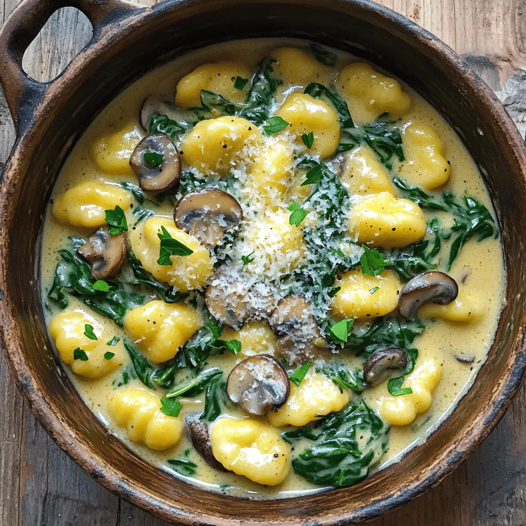 - 1 pound gnocchi (store-bought or homemade) - 2 tablespoons olive oil - 1 medium onion, diced - 3 cloves garlic, minced - 8 ounces mushrooms, sliced (such as cremini or button) - 4 cups fresh spinach - 1 cup vegetable broth - 1 cup heavy cream - 1 cup grated Parmesan cheese - Salt and pepper - 1 teaspoon dried thyme - Fresh parsley, chopped (for garnish) - Large pot or Dutch oven - Cooking utensils Gathering the right ingredients is key to your dish’s success. Start with gnocchi, which gives a lovely texture. You can buy it or make it from scratch. The olive oil adds a rich flavor when you sauté the onion and garlic. Onions and garlic are the base of many dishes. They create a sweet and savory aroma. Next, choose fresh mushrooms. I like cremini for their deep taste, but button mushrooms work well too. Fresh spinach adds color and health benefits. It wilts down beautifully, mixing well with the creamy sauce. Use vegetable broth for a flavorful base that ties everything together. Heavy cream is what makes this dish creamy. It adds richness you will love. Finally, don’t forget the Parmesan cheese. It melts into the sauce, making it even tastier. For seasoning, keep salt and pepper on hand. They enhance all the flavors. Dried thyme brings an earthy note to the dish. For garnish, fresh parsley adds a pop of color and freshness. Make sure you have a large pot or Dutch oven for cooking. This helps everything cook evenly. You’ll also need some cooking utensils like a wooden spoon for stirring. - Heating the Oil Start by pouring two tablespoons of olive oil into a large pot. Heat it over medium heat. This oil will add flavor and help cook the onions. - Sautéing Onion and Garlic Next, chop one medium onion and three cloves of garlic. Add the onion to the pot and sauté for about three to four minutes. Wait until it starts to soften. Then, stir in the minced garlic. Cook for one more minute, until it smells great. - Adding Mushrooms Slice eight ounces of mushrooms, like cremini or button. Add them to the pot with the onions and garlic. Season with salt and pepper. Cook for five to seven minutes. The mushrooms should turn brown and release their moisture. - Seasoning to Taste While cooking, taste the mushrooms. Adjust salt and pepper as you like. The seasoning enhances the dish's rich flavor. - Incorporating Gnocchi and Broth Now, take one pound of gnocchi and stir it into the pot. Pour in one cup of vegetable broth and add one teaspoon of dried thyme. Bring everything to a gentle simmer. - Adding Heavy Cream Once simmering, lower the heat. Pour in one cup of heavy cream. Stir gently to mix everything. Let it cook for three to four minutes. The sauce will become slightly thick. - Mixing in Spinach and Cheese Finally, add four cups of fresh spinach and one cup of grated Parmesan cheese. Stir until the spinach wilts and the cheese melts. Taste again and adjust seasoning if needed. To make the sauce just right, focus on the cream. If it seems too thick, add a splash of vegetable broth. This will help you get a nice, smooth texture. If it's too thin, let it simmer a bit longer. It will thicken as it cooks. Use heavy cream for the best flavor and richness. You can also try half-and-half for a lighter option, but it won't be as creamy. To boost the taste, think about adding more seasonings. A pinch of nutmeg can add warmth. You can also add a little red pepper flakes for some heat. Fresh herbs like basil or thyme can brighten the dish. Just sprinkle them on top before serving. They will add a pop of color and flavor. Use medium heat for the best results when cooking. Start by sautéing the onion and garlic slowly. This will bring out their sweetness. When you add the mushrooms, let them cook until they are browned. This step adds depth to the dish. Be sure to check the timing. The gnocchi cooks quickly, so keep an eye on it. Stir often to prevent sticking and ensure even cooking. {{image_2}} You can easily change this dish to fit your taste. If you want a different green, try kale or arugula. Both add a nice twist while keeping the dish healthy. For cheese, Parmesan is great, but you can swap it for mozzarella or goat cheese. Each type will give the dish a unique flavor. Want to make this vegan? Use coconut cream or almond milk instead of heavy cream. You can still enjoy the creamy texture without any dairy. If you need gluten-free options, look for gluten-free gnocchi. Many stores carry it now, and it tastes just as good! Adding protein can make this dish heartier. Cooked chicken or sausage works well. Just add it when you sauté the onions. You can also toss in extra veggies. Peas or bell peppers bring color and crunch. They blend well with the mushrooms and spinach, making each bite delightful! After enjoying your One-Pot Creamy Mushroom and Spinach Gnocchi, place any leftovers in the fridge. Keep them in a sealed container to maintain freshness. Use glass or plastic containers with tight lids for the best results. This dish stays good for up to three days in the refrigerator. When you're ready to eat the leftovers, reheat them gently. The best way is to use a pot on low heat. Stir often to keep the sauce creamy. Avoid using the microwave, as it can dry out the gnocchi and make it tough. Reheat until everything is hot but be careful not to overcook it. If you want to save some gnocchi for later, freezing works well. First, let the dish cool completely. Then, place it in freezer-safe containers. You can also use freezer bags, removing as much air as possible. This method helps prevent freezer burn. The gnocchi can freeze for up to three months. To thaw, place your frozen gnocchi in the fridge overnight. When ready, reheat it slowly in a pot. Add a splash of vegetable broth or cream to revive the sauce. Stir until it’s hot throughout and enjoy your delicious meal again! Gnocchi is made from simple ingredients. The main ones include: - 1 pound gnocchi (store-bought or homemade) - Potatoes or flour (for making homemade gnocchi) - Eggs (sometimes used for binding) - Salt Gnocchi is soft and chewy. It pairs well with many sauces, making it versatile. For this dish, I use store-bought gnocchi, which saves time and effort in the kitchen. Yes, you can use frozen spinach! Here are some benefits and considerations: - Convenience: Frozen spinach is easy to store and use. It’s already washed and chopped. - Nutrition: Frozen spinach retains most of its nutrients. It can be just as healthy as fresh spinach. - Texture: Frozen spinach will be softer. It may release extra water, so adjust cooking time if needed. Using frozen spinach can make your cooking quicker and still tasty. This dish is quick to make. Here’s the breakdown: - Prep Time: 10 minutes - Cook Time: 20 minutes - Total Time: 30 minutes You can have a delicious meal ready in half an hour. This recipe is perfect for busy weeknights! This blog post covered a delicious One-Pot Creamy Mushroom and Spinach Gnocchi. We explored the main ingredients, including gnocchi, spinach, and heavy cream. I shared step-by-step instructions to help you create this tasty dish. Tips on perfecting sauce and storage advice were also included. You can now make this dish your own with various substitutions and seasoning options. Enjoy experimenting; you'll discover your favorite flavors and variations! Cooking can be fun and satisfying, especially with a simple, hearty recipe like this one.