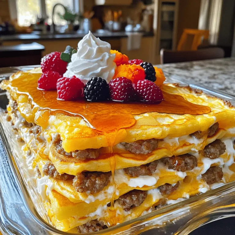 - 8 large pancakes - 1 pound breakfast sausage - 6 large eggs - 1 cup milk - 1/2 cup maple syrup - 1 teaspoon vanilla extract - 1 teaspoon baking powder - 1/2 teaspoon salt - 1 cup shredded cheddar cheese - Fresh berries - Whipped cream - Extra maple syrup Each ingredient plays a vital role in making this casserole a crowd-pleaser. The pancakes provide a fluffy base, while the breakfast sausage adds a savory kick. Eggs and milk create a rich custard that binds everything together. Maple syrup brings sweetness, enhancing the flavors. The vanilla extract adds a lovely aroma, and baking powder helps the dish rise perfectly. A sprinkle of salt balances the sweetness of the maple syrup. Finally, cheddar cheese adds a delightful creaminess that elevates each bite. For a special touch, consider adding fresh berries or a dollop of whipped cream on top. Extra maple syrup is always a winner, giving a sweet finish to your flavorful brunch delight. - Preheat the oven to 350°F (175°C). - In a skillet, cook 1 pound of crumbled breakfast sausage. Brown it over medium heat for about 7-10 minutes. Make sure it cooks fully. Drain any extra grease and set it aside. - Prepare 8 large pancakes using your favorite mix or a homemade recipe. - Once they are cooked, cut the pancakes into quarters. This helps them fit better in the casserole. - In a large bowl, whisk together 6 large eggs, 1 cup of milk, 1/2 cup of maple syrup, 1 teaspoon of vanilla extract, 1 teaspoon of baking powder, and 1/2 teaspoon of salt. Mix until everything is well combined. - In a greased 9x13 inch baking dish, layer half of the pancake quarters at the bottom. Then, sprinkle half of the cooked sausage over the pancakes. Next, add half of 1 cup of shredded cheddar cheese. Repeat this with the remaining pancake quarters, sausage, and cheese to create layers. - Pour the egg mixture evenly over the layered pancakes and sausage. Make sure everything is well coated. - Place the casserole in the preheated oven. Bake for about 30-35 minutes. It is done when the egg is set and the top is golden. To get a fluffy pancake sausage casserole, even cooking is key. Bake the casserole at 350°F (175°C) for 30-35 minutes. This will help the eggs set nicely, giving you a golden top. Here are some quick tips for a perfect texture: - Layering: Start with half the pancake quarters at the bottom. This helps soak up the egg mixture. - Sausage Spread: Distribute the crumbled sausage evenly. This ensures every bite has flavor. - Cheese Layer: Add cheese between layers. It melts nicely and keeps the casserole moist. When it comes to serving, presentation matters. Cut the casserole into squares and place them on a nice plate. Drizzle with warm maple syrup for a sweet touch. Add fresh berries or a dollop of whipped cream for color and taste. These pair well with: - Fresh fruit salad - A side of crispy bacon - Hot coffee or tea You can prep this dish ahead of time. Mix the egg mixture and layer the casserole in the baking dish. Cover it with plastic wrap and place it in the fridge overnight. This saves time in the morning. If you need to store an uncooked casserole, wrap it tightly and freeze it. When you’re ready, just thaw it overnight in the fridge before baking. This way, your casserole is fresh and ready to enjoy! {{image_2}} You can easily change the sausage in this dish. Try turkey sausage or chicken sausage for a leaner option. If you want to keep it plant-based, use a veggie sausage or even crumbled tofu. Both work well and still pack flavor. You can also switch up your cheese. Cheddar is great, but feel free to try mozzarella or pepper jack. Different pancake flavors can add a twist too. Banana pancakes or blueberry pancakes can give your casserole a fun twist. For gluten-free options, choose a gluten-free pancake mix. There are plenty of good brands that taste just as nice. You can also use almond flour or oat flour to make your pancakes from scratch. If you're looking for vegetarian adaptations, skip the sausage. Add sautéed mushrooms or spinach for extra flavor and nutrition. These swaps keep the dish filling while meeting dietary needs. To spice things up, add some black pepper or paprika to the egg mixture. A dash of garlic powder can also add depth to the dish. If you love heat, try adding diced jalapeños or hot sauce. When serving, think about your toppings. Fresh berries or a sprinkle of nuts can boost flavor and texture. A drizzle of honey or extra maple syrup can make it even more special. After you enjoy your pancake sausage casserole, let it cool down. This helps keep it fresh. Place the casserole in an airtight container. It can last in the fridge for up to three days. Make sure to cover it well. This keeps out moisture and odors. To freeze pancake sausage casserole, cut it into squares. Wrap each piece in plastic wrap tightly. Then, place the wrapped squares in a freezer bag. Squeeze out as much air as you can. It will stay good in the freezer for about two months. When you're ready to eat, take it out and thaw it in the fridge overnight. For the best taste, reheat your casserole in the oven. Preheat it to 350°F (175°C). Place the casserole in a dish and cover it with foil. This helps keep the moisture in. Heat for about 20 minutes or until warm. To avoid sogginess, do not use a microwave. Enjoy your tasty leftovers just like when you first baked it! You can use several tasty options in place of sausage. Here are some great choices: - Turkey sausage: A leaner option that still packs flavor. - Veggie sausage: Perfect for vegetarians or those seeking a plant-based meal. - Bacon: Adds a smoky taste but is higher in fat. - Chopped vegetables: Use peppers, onions, or mushrooms for a fresh twist. Each of these alternatives gives a new flavor and feel to your casserole. Choose based on your taste and diet. Making this casserole ahead is easy. Follow these steps: 1. Prepare the casserole: Mix all the ingredients as directed. 2. Layer the dish: Place your pancake layers, sausage, and cheese in the baking dish. 3. Cover it: Use plastic wrap to cover the dish tightly. 4. Refrigerate: Store it in the fridge for up to 24 hours. When you are ready to bake, simply remove the cover and bake at 350°F for 30-35 minutes. You’ll have a warm, delicious meal ready to go. Yes, you can use many types of cheese in this casserole. Here are some good options: - Monterey Jack: This cheese melts nicely and adds a mild flavor. - Swiss cheese: Great for a nutty taste and creamy texture. - Feta cheese: Crumbles easily and gives a tangy kick. - Cream cheese: Makes the casserole extra creamy and rich. Feel free to mix and match to find your favorite flavor profile! This blog post covered how to make a delicious pancake sausage casserole. We discussed the key ingredients, like pancakes, sausage, and eggs, along with tips for cooking and serving. I shared ideas for making ahead and storing leftovers. You can also try different flavors and dietary swaps. This recipe is simple and perfect for brunch. Experiment with your favorite toppings and enjoy! This casserole can be a hit at any gathering. Get ready to impress with this tasty dish!