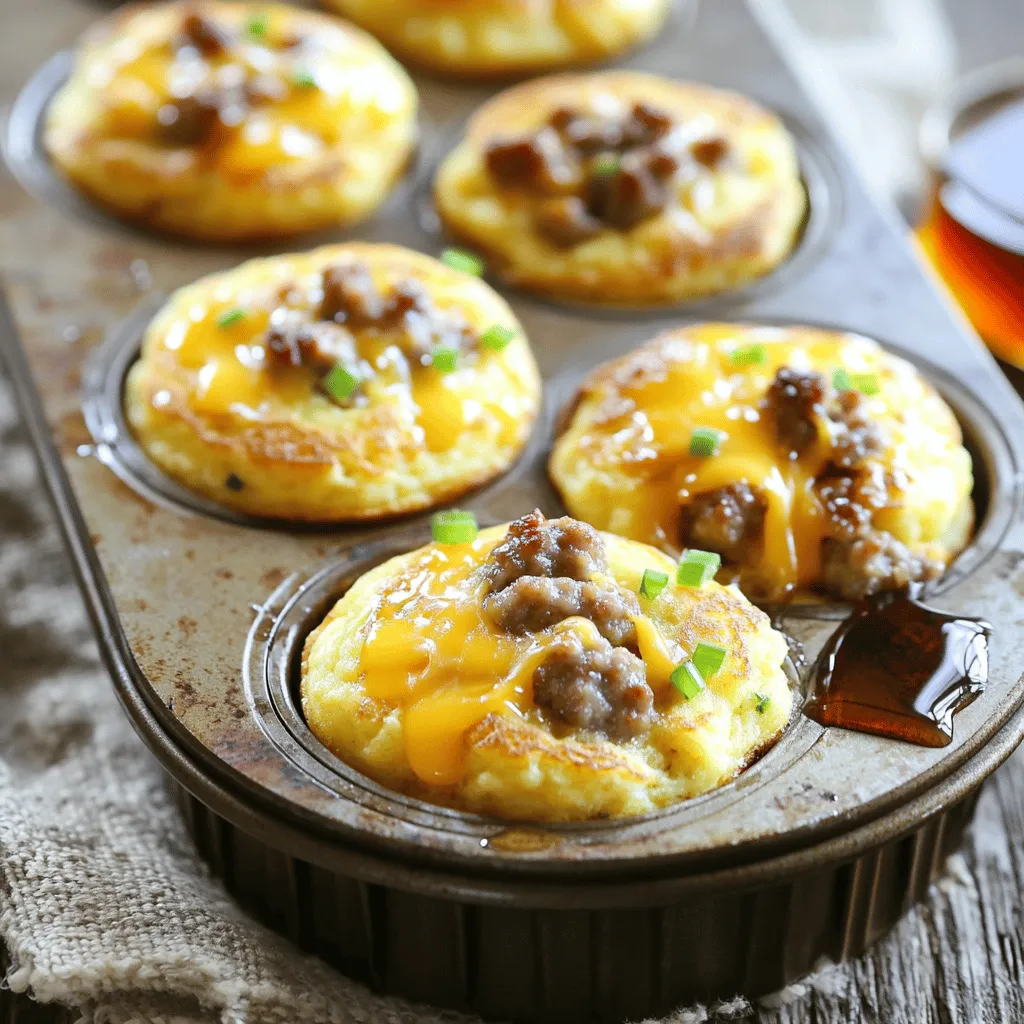 To make tasty sausage pancake muffins, you'll need just a few simple items. Here is the complete list of ingredients: - 1 cup all-purpose flour - 1 tablespoon baking powder - 1 tablespoon sugar - 1/2 teaspoon salt - 1 cup milk - 1 large egg - 2 tablespoons melted butter - 1 cup cooked sausage, crumbled - 1/2 cup shredded cheddar cheese - 1/4 cup chopped green onions (optional) - Maple syrup for drizzling Each ingredient plays an important role in creating a delicious muffin. The all-purpose flour gives structure, while the baking powder helps it rise. Sugar adds a touch of sweetness. Salt balances the flavors. Milk makes the batter creamy, and the egg binds everything together. Melted butter adds richness and moisture. Using cooked sausage brings in great flavor and protein. Shredded cheddar cheese melts perfectly, giving a savory touch. If you want a fresh crunch, use chopped green onions. Finally, maple syrup on top adds a sweet finish. Gather these ingredients, and you're ready to start! First, preheat your oven to 375°F (190°C). This step is key for even baking. Next, grease a standard muffin tin or line it with muffin liners. Both options work well, so pick your favorite. In a large mixing bowl, combine the following dry ingredients: - 1 cup all-purpose flour - 1 tablespoon baking powder - 1 tablespoon sugar - 1/2 teaspoon salt Use a whisk to stir these ingredients together until they mix well. This helps create a fluffy muffin. In a separate bowl, whisk the wet ingredients together: - 1 cup milk - 1 large egg - 2 tablespoons melted butter Whisk until the mixture is smooth and well combined. This step adds moisture and richness to the muffins. Now, pour the wet ingredients into the dry mix. Stir gently until just combined. Do not overmix, as this can make the muffins tough. Next, fold in: - 1 cup cooked sausage, crumbled - 1/2 cup shredded cheddar cheese - 1/4 cup chopped green onions (optional) The sausage and cheese add flavor and texture, making each bite delightful. Spoon the batter into the prepared muffin tin. Fill each cup about 2/3 full to allow room to rise. Bake for 15-18 minutes. Check if they are done by inserting a toothpick in the center. It should come out clean. Once baked, allow the muffins to cool in the tin for about 5 minutes. Then, transfer them to a wire rack. Serve warm with a drizzle of maple syrup. This adds a sweet touch that pairs perfectly with the savory flavors. Enjoy your delicious creation! To make perfect sausage pancake muffins, follow a few simple steps. First, do not overmix your batter. Mix just until the dry and wet ingredients combine. This keeps the muffins fluffy. Next, fill each muffin cup about two-thirds full. This allows space for the muffins to rise. Lastly, keep an eye on the baking time. Check for doneness with a toothpick. It should come out clean when the muffins are ready. Choosing the right sausage can change the flavor of your muffins. I recommend using breakfast sausage for its classic taste. You can also try spicy sausage for a kick. For a healthier option, turkey or chicken sausage works well too. If you prefer plant-based options, look for vegan sausage. Make sure to cook and crumble the sausage before adding it to your batter. To take your muffins to the next level, consider adding fun ingredients. Shredded cheese adds creaminess. I love using cheddar, but feel free to experiment with mozzarella or pepper jack. Chopped green onions add a fresh crunch. You can also mix in diced bell peppers or spinach for extra veggies. For a sweet twist, drizzle maple syrup over the top before serving. The combination of flavors makes each bite delightful. {{image_2}} You can make sausage pancake muffins without meat. Use cooked veggies instead of sausage. Try mushrooms, bell peppers, or spinach. They add flavor and color. You can also add a plant-based sausage for a meaty taste. This option keeps the muffins filling and tasty. Cheddar cheese is great, but many options exist. You can use mozzarella for a milder flavor. Feta cheese adds a salty kick. If you like strong cheese, try blue cheese or gouda. Each cheese brings a unique taste to the muffins. Choose what you like best! Feel free to play with spices and herbs. Add garlic powder or smoked paprika for depth. Fresh herbs like basil or parsley can brighten the taste. Want a bit of sweetness? Stir in some diced apples or bananas. These variations make every muffin a new delight! To keep your sausage pancake muffins fresh, store them in an airtight container. You can leave them at room temperature for up to two days. If you want to keep them longer, move them to the fridge. This can extend their life for about one week. Make sure they cool completely before you seal them up. This helps avoid soggy muffins. Reheating these muffins is simple. You can use a microwave or an oven. To microwave, place a muffin on a plate and heat for about 15-20 seconds. Check if it’s warm enough. If using an oven, preheat it to 350°F (175°C). Wrap the muffins in foil to keep them moist. Heat for about 10-15 minutes. Enjoy them warm with a drizzle of maple syrup! If you want to freeze your muffins, start by letting them cool completely. Wrap each muffin tightly in plastic wrap. Then, place them in a freezer bag. They can last up to three months in the freezer. When you’re ready to eat, thaw them in the fridge overnight, and then reheat. This way, you can enjoy a tasty snack anytime! Yes, you can use whole wheat flour. It adds fiber and a nutty flavor. The muffins may be denser, so keep this in mind. The muffins are done when they are golden brown. Insert a toothpick into the center. If it comes out clean, they are ready. Yes, you can make these muffins ahead of time. They store well in the fridge for up to three days. Just reheat them before serving for the best taste. If you need an egg substitute, use 1/4 cup unsweetened applesauce. You can also use mashed banana or a flax egg for a vegan option. Sausage pancake muffins can be a balanced snack. They have protein from sausage and cheese. You can make them healthier by using lean sausage or adding veggies. We covered the key steps to make sausage pancake muffins. You learned about the ingredients and how to mix and bake them. Don't forget to try new add-ins and variations for fun flavors. Store muffins well to enjoy them later. With these tips, you can create tasty treats for any occasion. Enjoy your baking adventure and share your muffins with friends and family!