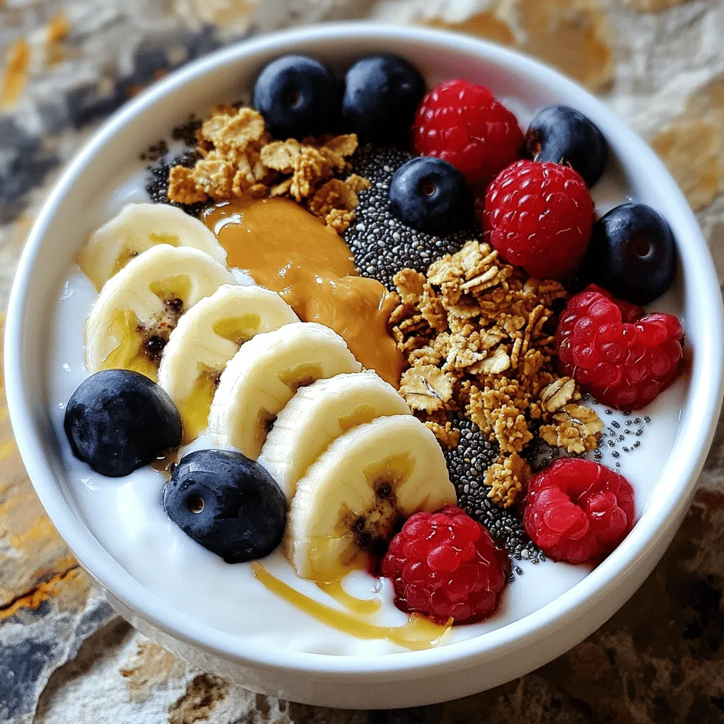 - 1 cup Greek yogurt (plain or vanilla flavored) - 2 tablespoons natural peanut butter - 1 tablespoon honey or maple syrup (for vegan option) - 1/2 banana, sliced - 1/4 cup granola (your choice) - 1 tablespoon chia seeds - 1 tablespoon unsweetened cocoa powder (optional) - Fresh berries (strawberries, blueberries, or raspberries) for topping - Greek yogurt: Packed with protein, it helps build muscle and keeps you full. - Peanut butter: Offers healthy fats and protein, which keep your energy up. - Honey or maple syrup: Adds natural sweetness and antioxidants, aiding digestion. - Banana: Rich in potassium and fiber, it helps with heart health and digestion. - Granola: Provides crunch and fiber, promoting good gut health. - Chia seeds: Full of omega-3s and fiber, these tiny seeds support heart health. - Cocoa powder: Contains antioxidants, which may improve mood and heart health. - Fresh berries: Low in calories, they are high in vitamins and add natural sweetness. - For nut allergies, use sunflower seed butter or tahini instead of peanut butter. - Swap Greek yogurt for coconut yogurt for a dairy-free option. - If avoiding sugar, opt for a sugar-free sweetener. - Use gluten-free granola if you have gluten intolerance. - For a low-carb option, skip the granola and add more chia seeds. - If you prefer other fruits, try mango or peaches for a different twist. Start your Peanut Butter Yogurt Bowl by gathering all your ingredients. You will need: - 1 cup Greek yogurt (plain or vanilla flavored) - 2 tablespoons natural peanut butter - 1 tablespoon honey or maple syrup - 1/2 banana, sliced - 1/4 cup granola - 1 tablespoon chia seeds - 1 tablespoon unsweetened cocoa powder (optional) - Fresh berries (strawberries, blueberries, or raspberries) Make sure to have a mixing bowl and a spoon ready. In your mixing bowl, add the Greek yogurt and peanut butter together. Stir them well until they blend smoothly. If you want a chocolate flavor, add the cocoa powder now. Mix until you don’t see any lumps. Next, drizzle honey or maple syrup into the bowl. Stir again until the sweetener mixes in well. Taste it! If you want it sweeter, add a bit more honey or syrup. Now it's time to build your bowl! Start by adding the yogurt mix as the base. Use a spoon to spread it evenly in your bowl. Top the yogurt with your sliced banana. Arrange them nicely so they look great. Next, sprinkle granola over the bananas. This gives a nice crunch. Add chia seeds on top of the granola for some extra nutrients. Finally, finish with a handful of fresh berries. They will add color and flavor to your bowl. If you like, drizzle a bit more honey or syrup on top. Enjoy your tasty, healthy delight! To make your Peanut Butter Yogurt Bowl perfect, start with the right texture. Use Greek yogurt for creaminess. Mix the peanut butter well with the yogurt. A whisk works best for a smooth blend. If you like chocolate, add cocoa powder slowly to avoid clumps. Serve in a clear bowl to show off the layers. Taste is key! If you want more sweetness, add honey or maple syrup. Start with a small amount, then mix and taste. You can also use a ripe banana for extra natural sweetness. For a tangy twist, add a squeeze of lemon juice. Experiment until you find your favorite flavor. If you have leftovers, store them in an airtight container. Keep it in the fridge for up to two days. The granola may get soggy, so add it just before eating. If you want to enjoy it later, mix the yogurt and peanut butter, but wait to add the toppings. This keeps everything fresh and crunchy. {{image_2}} You can change your peanut butter yogurt bowl by adding different fruits and nuts. Try adding berries like strawberries, blueberries, or raspberries for a fresh taste. You can also use sliced apples or peaches for a juicy bite. If you like nuts, add almonds or walnuts for a crunchy texture. These fruits and nuts not only taste great but also boost the nutrition of your bowl. You can mix flavors to make your bowl unique. For a chocolate twist, add unsweetened cocoa powder to the yogurt. You can also try a pinch of cinnamon or a splash of vanilla extract. If you want something tangy, mix in some lemon zest. Each of these options adds a new layer of flavor. Play around until you find your favorite combo! This recipe is easy to adapt for different diets. To make it vegan, use plant-based yogurt and maple syrup instead of honey. If you want a low-calorie version, use light Greek yogurt and skip the granola. You can also use less peanut butter to cut calories. By making these simple swaps, you can enjoy this bowl while meeting your dietary needs. To keep your peanut butter yogurt bowl fresh, store it in an airtight container. Use a bowl with a tight lid. This helps prevent any odors from your fridge from getting in. If you add fresh fruit, store it separately. This keeps the fruit from getting mushy. The Greek yogurt lasts about one week in the fridge after opening. Natural peanut butter can stay good for months if stored properly. Honey and maple syrup also last a long time. The chia seeds remain fresh for about two years when stored in a cool place. Sliced bananas, however, should be eaten soon after they’re cut. You don’t need to reheat this bowl. It’s best served cold. If you want to enjoy it later, add fresh toppings just before eating. This keeps everything crunchy and tasty. Try adding more berries or a drizzle of honey right before serving for a fresh touch. Yes, you can use other types of yogurt. Greek yogurt is thick and creamy. You might try regular yogurt for a lighter feel. Non-dairy options like almond or coconut yogurt work too. Just check the flavor. Plain yogurt gives a mild taste, while flavored ones add sweetness. If you want more protein, try adding nuts or seeds. Almonds, walnuts, or pumpkin seeds boost protein and crunch. You can also mix in protein powder. Look for a flavor that matches peanut butter. Greek yogurt already has protein, so you get a good start! This recipe is great for meal prep. You can make it ahead of time. Just keep the yogurt mix and toppings separate until you’re ready to eat. This keeps your granola crunchy and the fruit fresh. Store it in airtight containers in the fridge for up to three days. In this blog post, we explored key ingredients, their benefits, and substitutions for dietary needs. I walked you through step-by-step instructions for creating a tasty dish. We also covered tips for mixing, serving, and storing leftovers. You can vary the recipe with different fruits and nuts to suit your taste. Remember, this dish is flexible and fun. Enjoy making it your own while keeping it nutritious and delicious. Each bite can be an exciting journey. Happy cooking!