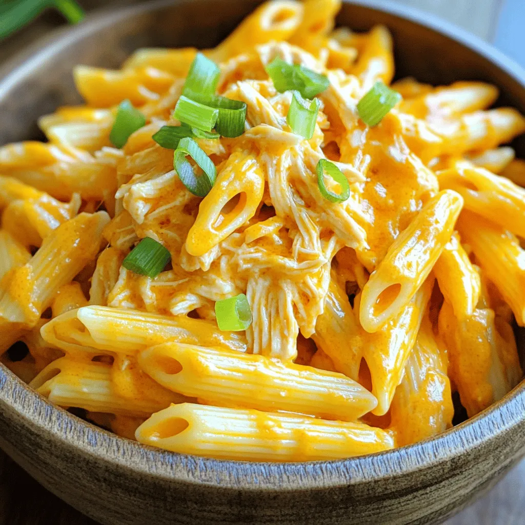 - 8 oz penne pasta - 2 cups cooked chicken, shredded - 1 cup buffalo sauce (adjust to taste) - 1 cup heavy cream - 1 cup shredded cheddar cheese - 1 tablespoon olive oil - 1 tablespoon garlic, minced - 1/2 teaspoon onion powder - 1/2 teaspoon paprika - Salt and pepper to taste - Chopped green onions or parsley for garnish Gathering the right ingredients is key to making this dish shine. Start with 8 ounces of penne pasta. This shape hugs the sauce well. You’ll need 2 cups of cooked chicken, shredded. Rotisserie chicken works great here! Next, grab 1 cup of buffalo sauce. You can adjust this to your spice level. Then, you’ll need 1 cup of heavy cream to create that luscious sauce. For cheese lovers, 1 cup of shredded cheddar cheese adds flavor and creaminess. Use 1 tablespoon of olive oil to sauté your garlic. Speaking of garlic, you need 1 tablespoon of minced garlic. For extra flavor, add 1/2 teaspoon each of onion powder and paprika. Don’t forget salt and pepper to taste! For garnish, chopped green onions or parsley adds a fresh touch. These ingredients come together to create a creamy, flavorful meal. Enjoy the process as you prepare this delicious buffalo chicken pasta! 1. Bringing Water to a Boil: Start by filling a large pot with water. Add a pinch of salt to enhance the flavor. Set the pot on high heat and wait for it to boil. You will know it's ready when large bubbles form. 2. Cooking Time for Penne: Once the water is boiling, add the 8 oz of penne pasta. Cook it according to the package instructions, usually around 10-12 minutes. Stir occasionally to prevent sticking. You want the pasta to be al dente, firm but not hard. Drain it in a colander when done and set aside. 1. Sautéing the Garlic: While the pasta cooks, heat 1 tablespoon of olive oil in a large skillet over medium heat. Once hot, add 1 tablespoon of minced garlic. Cook it for about 1 minute until it smells great. Be careful not to burn it! 2. Combining Chicken and Buffalo Sauce: Next, add 2 cups of shredded chicken to the skillet. Pour in 1 cup of buffalo sauce, adjusting the amount to your taste. Stir everything well so the chicken gets coated. Cook for 2-3 minutes until the chicken is heated through. 1. Adding Heavy Cream and Seasonings: Pour in 1 cup of heavy cream to the chicken mix. Stir it all together until combined. Then, add 1/2 teaspoon of onion powder, 1/2 teaspoon of paprika, salt, and pepper to taste. 2. Simmering for Thickness: Let the sauce simmer for about 5 minutes. This helps it thicken up a bit and blend the flavors. 1. Mixing in Cheddar Cheese: Gradually add 1 cup of shredded cheddar cheese to the sauce. Stir well until the cheese melts and the sauce is smooth. 2. Combining Sauce with Pasta: Add the drained penne pasta to the skillet with the sauce. Toss everything together until the pasta is well covered with the buffalo chicken sauce. 3. Garnishing Before Serving: Serve the pasta hot on plates. Top with chopped green onions or parsley for a fresh touch. Enjoy your creamy and flavorful meal! - Ensuring Perfectly Cooked Pasta Start by boiling salted water in a large pot. Add the penne and cook it until al dente. This means it should be firm when bitten. Drain the pasta, but reserve a cup of the pasta water. It helps to improve the sauce later. - Tips for Sautéing Garlic Use medium heat to sauté minced garlic. This keeps it from burning. Cook it for about one minute until it smells great. If it turns brown, it can taste bitter, so watch it closely. - Adjusting Buffalo Sauce Levels You can change how spicy your dish is by adding more or less buffalo sauce. Start with one cup. Taste it and decide if you want more heat. Just remember, it’s easy to add spice, but hard to take it away. - Cheese Variations While cheddar cheese is great, you can try other types too. Cream cheese can make the sauce extra creamy. Blue cheese adds a different flavor. Experiment to find your favorite mix! - Presentation Tips To make your dish look nice, use a large bowl. Toss the pasta and sauce together well. Garnish with chopped green onions or parsley for color. A sprinkle of cheese on top adds a nice touch. - Pairing Options with Salad or Bread Serve your pasta with a side salad for a fresh bite. Garlic bread is also a tasty choice. Both can balance the spicy flavors and make your meal complete. {{image_2}} Using Different Pasta Types You can swap penne for any pasta you like. Bowtie, rotini, or even spaghetti work well. Each type brings its own fun twist. Just keep the cooking time in mind as it may vary. Substituting Chicken with Other Proteins If you want a change, try using turkey or shredded beef. You can even use tofu for a vegetarian option. Each protein adds its own flavor to the dish. Making it Dairy-Free To make this dish dairy-free, swap heavy cream for coconut cream or a dairy-free alternative. Use a dairy-free cheese for that creamy touch. This way, everyone can enjoy the meal. Gluten-Free Version For a gluten-free option, choose gluten-free pasta. There are many great brands available. Just make sure to check the sauce for gluten ingredients. Adding More Heat If you love heat, add more buffalo sauce or some chopped jalapeños. You can also sprinkle in red pepper flakes for that extra kick. Adjust it to your taste for a spicy thrill. Mild Alternatives If you prefer less spice, use a milder wing sauce. You can also mix in some ranch dressing to tone down the heat. This way, you can still enjoy the creamy goodness without the burn. Refrigeration Guidelines After you finish your meal, let the pasta cool down. Store it in an airtight container. It will stay fresh in the fridge for up to three days. Make sure to seal it well to keep the flavors locked in. Reheating Techniques When it’s time to eat again, reheat the pasta in a skillet over medium heat. Add a splash of milk or cream to keep it creamy. Stir it often until it’s hot. You can also use the microwave. Just heat it in short bursts, stirring in between. How to Freeze and Thaw Properly You can freeze the buffalo chicken pasta if you want to save some for later. Allow it to cool completely before freezing. Place it in a freezer-safe container. It can last up to three months. When you're ready to eat, thaw it overnight in the fridge. Recommended Freezer Containers Use plastic containers or freezer bags for easy storage. If using bags, squeeze out as much air as you can. This helps prevent freezer burn. Label your containers with the date so you know how long it’s been in the freezer. Can I use rotisserie chicken? Yes, you can use rotisserie chicken in this recipe. It saves time and adds great flavor. Just shred the chicken before mixing it with the buffalo sauce. How long does it take to cook? This dish takes about 25 minutes to cook. You spend 10 minutes prepping and 15 minutes cooking everything together. What can I substitute for buffalo sauce? If you want a milder taste, use barbecue sauce instead. You can also mix hot sauce with ranch dressing for a creamy twist. Can I make this dish ahead of time? Yes, you can make Easy Buffalo Chicken Pasta ahead of time. Just store it in the fridge for up to three days. Is this recipe suitable for meal prep? Absolutely! This dish is perfect for meal prep. You can portion it into containers for easy lunches or dinners. Caloric content per serving Each serving has around 600 calories. This can vary based on the amount of cheese and sauce you use. Healthier ingredient options To make it lighter, use low-fat cream or reduced-fat cheese. You can also add more veggies like spinach or bell peppers for extra nutrients. This blog post detailed how to make Easy Buffalo Chicken Pasta. You learned about all the ingredients needed, from penne pasta to garnishes. I explained the cooking steps clearly, so you can follow along. Tips and variations help make the dish yours, whether you're a novice or seasoned cook. You now know the best ways to store it, along with FAQs for any lingering questions. Enjoy creating and sharing this tasty dish with friends and family!