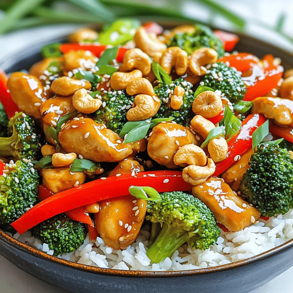 - 1 pound boneless, skinless chicken thighs - 1/2 cup roasted cashews - 1 cup broccoli florets - 1 red bell pepper - 1 cup snap peas - 3 green onions - 2 tablespoons soy sauce - 1 tablespoon oyster sauce (optional) - 1 tablespoon cornstarch - 2 tablespoons vegetable oil - 1 tablespoon ginger - 2 cloves garlic - 1 tablespoon sesame oil - Salt and pepper to taste - Substitutions for chicken: If you want a lighter option, use chicken breast. For a different flavor, try shrimp or tofu. Both will work well in this dish. - Fresh vs. frozen vegetables: Fresh vegetables give the best taste and texture. Frozen can work in a pinch but may lose some crunch. - Importance of roasted cashews: Roasted cashews add a nice crunch and flavor. Always use roasted, not raw, for the best taste. They also bring a nutty richness that enhances the dish. To start, you will marinate the chicken. This step takes about 20 minutes. In a medium bowl, mix soy sauce, oyster sauce, minced garlic, minced ginger, and cornstarch. Add a pinch of salt and pepper to taste. The marinade makes the chicken tender and full of flavor. When you are ready to cook, heat 2 tablespoons of vegetable oil in a large skillet or wok. Make sure the oil is hot before adding the chicken. Spread the chicken in a single layer in the pan. Let it sear without moving it for 3-4 minutes. This helps it brown nicely. Then, stir-fry until fully cooked. This will take another 3-4 minutes. Cook the chicken in batches if your pan is small. This way, it will brown better. Next, it’s time for the veggies. In the same skillet, add the broccoli, red bell pepper, and snap peas. Stir-fry for about 3-4 minutes. You want them to be crisp-tender, not mushy. Add the veggies in this order for the best results. Start with the broccoli, then add the bell pepper. Finally, toss in the snap peas. Now, it’s time to combine everything. Add the cooked chicken back into the skillet. Toss in the roasted cashews and sesame oil. Mix everything well for about 2 minutes. Make sure all the ingredients are evenly coated. Taste and adjust seasoning with more soy sauce if needed. Serve hot over steamed rice or noodles for a delicious meal! To create a true cashew chicken, use quality sauces. I recommend Kikkoman for soy sauce. For oyster sauce, Lee Kum Kee is a great choice. These brands offer rich flavors that enhance your dish. For cooking techniques, always marinate your chicken. This step adds depth and flavor. Use high heat for searing the chicken. This locks in moisture and creates a nice crust. Stir-fry the veggies quickly. This keeps them crisp and vibrant. Serve your cashew chicken on a bed of steamed rice or noodles. Both options soak up the sauce well. For a colorful plate, add bright veggies. You can garnish with extra cashews and green onions on top. This not only adds flair but also enhances the flavor. For a fun twist, serve it in a large bowl. This encourages sharing and makes the dish look inviting. One common mistake is overcooking the vegetables. They should be crisp-tender, not mushy. Keep an eye on them during stir-frying. Another pitfall is under-seasoning your chicken. Make sure to add enough salt and pepper. A well-seasoned chicken base is key to a tasty dish. Always taste as you go to adjust flavors. {{image_2}} If you want to switch things up, try using shrimp, tofu, or beef. For shrimp, cook it for about 2-3 minutes until it turns pink. Tofu needs longer, about 5-7 minutes, to get golden. If you choose beef, cut it thin and cook for about 4-5 minutes until no longer pink. Each protein gives a unique taste, so feel free to experiment. You can make this dish vegan or vegetarian with simple swaps. Use firm tofu instead of chicken. For the oyster sauce, use a mushroom sauce or soy sauce. This keeps the dish flavorful. You may want to add a bit of sugar or a dash of vinegar for extra depth. Don’t forget to taste and adjust as needed! Cashew chicken varies by region. Some places use different sauces or spices. For instance, in Sichuan, they might add chili paste for heat. In Thailand, you could use fish sauce and add basil. Explore your local markets for unique ingredients. This way, you create a cashew chicken that reflects your own taste and culture. Store your leftover cashew chicken in the fridge. Use an airtight container. This keeps the chicken fresh and tasty. Make sure to cool it to room temperature first. You can store it for up to three days. To reheat, use a skillet over low heat. This helps keep the texture of the chicken. Add a splash of water or broth to avoid drying it out. Stir often until it’s hot. You can also use the microwave, but cover the dish to keep moisture. You can freeze cashew chicken for later meals. Use freezer-safe containers for best results. It will last for about two months. To thaw, place it in the fridge overnight. Reheat in a skillet or microwave until hot. This keeps the flavors bright and fresh. Cashew chicken is a tasty dish that comes from Chinese cuisine. It started in the 20th century. A chef named Paul Wong created it in the U.S. He mixed Chinese flavors with American tastes. The dish features chicken, cashews, and colorful veggies. It’s a favorite for its crunchy nuts and savory sauce. Yes, you can use other nuts! Almonds and peanuts work well. Almonds have a mild taste and are crunchy. Peanuts are saltier and add a different flavor. Each nut changes the dish's texture and taste. Cashews are creamy and sweet, making them a top choice. To make cashew chicken gluten-free, swap soy sauce with tamari. Tamari is a wheat-free option. Check the oyster sauce too, as some brands contain gluten. Always read labels. You can also use coconut aminos for a soy-free choice. These swaps keep the dish delicious! Cashew chicken is usually mild. You control the spice! If you want it spicier, add red pepper flakes or chili sauce. Start with a little and taste as you go. You can also add fresh ginger for a warm kick. Make it as spicy as you like! Yes, you can prep cashew chicken ahead! Marinate the chicken and cut veggies a day before. Store them in the fridge. Cook it fresh when you’re ready to eat, or try freezing it. Just remember to thaw it overnight before cooking. Enjoy a quick meal! This blog post covered all you need to know about making Cashew Chicken. We discussed ingredients, how to cook them, and tips for great flavor. Remember to marinate your chicken to boost taste. Avoid overcooking your veggies for the best texture. You can even change up the recipe with different proteins or veggies. Store leftovers well to keep them fresh. With these guidelines, you can enjoy a tasty meal that’s both satisfying and fun to make. Happy cooking!