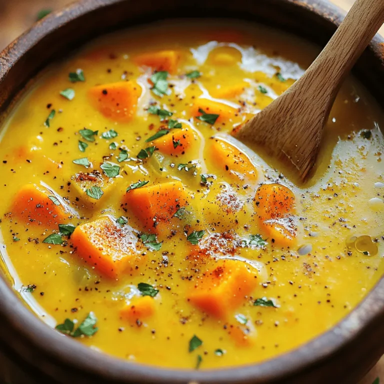- 2 cups butternut squash, peeled and cubed - 2 cups carrots, chopped - 1 red bell pepper, diced - 1 yellow onion, quartered - 3 cloves garlic, peeled These vegetables form the heart of our roasted vegetable soup. Butternut squash brings creaminess, while carrots add sweetness. Red bell pepper offers a fresh taste, and yellow onion gives depth. Garlic adds a lovely aroma that makes this soup even more inviting. - 2 tablespoons olive oil - 4 cups vegetable broth - 1 teaspoon dried thyme - 1 teaspoon smoked paprika - Salt and pepper to taste - Fresh parsley for garnish Olive oil helps roast the veggies and adds flavor. Vegetable broth serves as the soup's base, making it rich and tasty. Dried thyme and smoked paprika enhance the overall flavor. Salt and pepper balance everything out. Finally, fresh parsley adds a pop of color and freshness when you serve it. Each serving of this roasted vegetable soup has around 150 calories. It provides good fiber and important vitamins. Butternut squash is high in vitamin A, which supports eye health. Carrots are great for skin and vision. Red bell peppers bring vitamin C, boosting your immune system. Enjoy this warm bowl of soup that is both comforting and nutritious. To make roasted vegetable soup, you first need to prep the veggies. - Butternut squash: Start by cutting off the ends. Use a sharp knife to slice it in half lengthwise. Scoop out the seeds. Next, peel the skin off with a vegetable peeler. Then, cut the squash into cubes about one inch wide. - Carrots: Wash the carrots to remove dirt. Cut off the ends, then slice them into rounds or half-moons. Aim for even pieces so they cook well. - Onions: Peel the skin off the onion. Cut it in half from top to bottom. Place the flat side down and chop into quarters. This helps them cook evenly. Now it’s time to roast the vegetables. - Oven temperature: Preheat your oven to 425°F (220°C). This high heat helps caramelize the veggies, bringing out their natural sweetness. - Duration: Roast the vegetables for 25-30 minutes. Stir halfway through to ensure even cooking and caramelization. You want them tender and slightly browned. After roasting, blending brings the soup together. - Methods: You can use an immersion blender for easy blending right in the pot. If you prefer a smooth texture, transfer the soup to a stand blender. Blend in batches if needed. - Adjusting the consistency: After blending, check the soup’s thickness. If it’s too thick, add a little vegetable broth to reach your desired texture. Blend again until smooth. Using oil and seasoning adds great flavor to your soup. Olive oil helps the veggies roast well. It makes them soft and sweet. Seasoning with salt and pepper brings out their taste. If you want more flavor, use dried thyme and smoked paprika. Stir the vegetables halfway through cooking. This helps them cook evenly and get that nice, golden color. You can make your soup even better by adding herbs or spices. Try fresh basil or rosemary for a new twist. You can also sprinkle some red pepper flakes for heat. For garnishing, fresh parsley adds a nice touch. A drizzle of olive oil on top will make it look fancy too. For making soup, I recommend a sturdy pot. A heavy pot heats evenly and helps cook the soup well. An immersion blender is perfect for pureeing the soup right in the pot. If you prefer, use a regular blender. Just blend in batches to avoid spills. Use parchment paper on your baking sheet. It makes cleanup easy and keeps the veggies from sticking. {{image_2}} You can change the vegetables in this soup to fit your taste. Think about using seasonal veggies like zucchini, sweet potatoes, or even beets. These can add unique flavors and colors. You can also add greens, like spinach or kale, for extra nutrition. Just stir them in during the last few minutes of cooking. This way, they stay bright and fresh. This soup can easily fit different diets. It is naturally vegan and gluten-free. For a low-sodium option, choose a low-sodium vegetable broth. You can also skip the salt while cooking. This keeps the soup healthy and still tasty. To make the soup richer, add cream or a non-dairy milk like coconut milk. This will give it a smooth texture. You can also explore different spices. Try adding curry for warmth or cumin for earthiness. Both make the soup more exciting. Adjust the spices to your taste for the best results. Store your roasted vegetable soup in a sealed container. This keeps it fresh. Place it in the fridge right after it cools. The soup lasts about 4 to 5 days in the fridge. Always check for signs of spoilage before eating. To freeze the soup, allow it to cool completely. Then, pour it into freezer-safe bags or containers. Make sure to leave some space for expansion. It can last in the freezer for about 3 months. When you're ready to eat, thaw the soup overnight in the fridge. Reheat your soup on the stove for best flavor. Use low heat and stir often. You can also microwave it in short bursts. Avoid high heat to keep the flavors intact. If you notice separation, stir well after reheating. Enjoy your warm, cozy soup! To enhance the flavor of your soup, try these tips: - Add fresh herbs like basil or cilantro for a lively taste. - Squeeze fresh lemon juice to brighten the flavors. - Incorporate a splash of soy sauce or balsamic vinegar for depth. - Use roasted garlic instead of raw for a sweeter flavor. - Stir in a spoonful of nut butter or cream for richness. - Experiment with spices like cumin or coriander to change the profile. Yes, you can use frozen vegetables! They work well in this soup. Here are some recommendations: - Use frozen butternut squash or carrots for easy prep. - Frozen bell peppers and onions save time, too. - Remember to thaw the vegetables first for even cooking. - Adjust the cooking time as needed; they may cook faster. There are many great side dishes to serve with your soup: - Serve with crusty bread or a warm baguette for dipping. - Pair with a fresh green salad for a light side. - Grilled cheese sandwiches complement the soup perfectly. - Consider adding protein, like grilled chicken or chickpeas, for a meal. - A cheese platter with crackers can make for a nice touch. This blog post covers how to make a delicious roasted vegetable soup. We explored key ingredients like butternut squash and garlic, and discussed the steps to prep and roast the vegetables. I shared tips for enhancing flavors and suggested variations to fit your diet. Proper storage practices were also outlined to keep leftovers fresh. In conclusion, wholesome soup can be simple and fun to make. Use the tips to craft your own tasty batch. Enjoy your cooking journey!