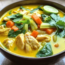 - 1 lb boneless, skinless chicken thighs, diced - 1 tablespoon olive oil - 1 medium onion, chopped - 2 cloves garlic, minced - 1 teaspoon fresh ginger, grated - 2 carrots, sliced - 2 celery stalks, chopped - 1 bell pepper, diced - 1 teaspoon ground turmeric - ½ teaspoon ground cumin - ½ teaspoon black pepper - 4 cups vegetable or chicken broth - 1 cup coconut milk - 2 cups fresh spinach or kale - Juice of 1 lime - Salt to taste You need boneless chicken thighs for a tender bite. The chicken absorbs the spices well. Fresh vegetables like onion, garlic, ginger, carrots, celery, and bell pepper add flavor and nutrition. Using turmeric, cumin, and black pepper gives the soup a warm kick. Broth and coconut milk make the base rich and soothing. - Fresh cilantro - Lime wedges Garnishing with fresh cilantro adds color and freshness. Lime wedges give a zesty touch that brightens every spoonful. - Salt to taste - Additional herbs and spices Salt is vital for bringing out all the flavors. You can also add herbs like thyme or parsley for extra aroma and taste. Adjust spices to suit your liking. 1. Start by heating olive oil in a large pot over medium heat. 2. Add the chopped onion and sauté it until it becomes soft and clear, about 5 minutes. 3. Next, stir in the minced garlic and grated ginger, cooking for an extra minute. The aroma will be amazing! 4. Now, it’s time to add the diced chicken thighs. Cook them until they are browned on all sides, which takes about 5 to 7 minutes. 1. Once the chicken is browned, toss in the sliced carrots, chopped celery, and diced bell pepper. Stir for another 4 to 5 minutes. 2. Sprinkle in the ground turmeric, ground cumin, and black pepper. Mix everything well so the spices coat the chicken and veggies. 3. Pour in the vegetable or chicken broth and bring it to a simmer. Reduce the heat to low and let it cook for 15 to 20 minutes. This step builds great flavor! 4. After simmering, stir in the coconut milk and fresh spinach or kale. Cook until the greens wilt, about 2 to 3 minutes. - For a great look, serve the soup in deep bowls. Top each bowl with a sprinkle of fresh cilantro and a lime wedge on the side. - Enjoy this hearty soup with crusty bread or a side of rice for a filling meal. Choosing the right chicken cut For this soup, I love using boneless, skinless chicken thighs. They stay tender and juicy. If you prefer, you can also use chicken breasts, but thighs give more flavor. Importance of fresh ingredients Always choose fresh ingredients. Fresh veggies add crunch and taste. Look for vibrant colors in your carrots and bell peppers. Fresh herbs like cilantro elevate the soup’s flavor. Anti-inflammatory properties Turmeric is known for its bright golden color. It contains curcumin, which helps reduce inflammation. This makes the soup great for soothing sore throats or colds. Boosting the immune system Turmeric can help boost your immune system too. It fights off germs and viruses. Eating this soup regularly can keep you feeling strong and healthy. How to balance spices Start with the basic spices in the recipe. If you like more heat, add crushed red pepper flakes. For a deeper flavor, add a pinch of nutmeg. Taste as you go to find your perfect balance. Customizing thickness and creaminess If you prefer a thicker soup, add more coconut milk or a bit of cornstarch mixed with water. For a lighter version, add extra broth. Adjust to your liking for the best experience. {{image_2}} You can switch the chicken with other proteins. Tofu works well for a vegetarian option. If you prefer seafood, shrimp is a tasty choice. Both options offer great flavor and texture. For vegetables, feel free to use what you have on hand. Try adding zucchini, green beans, or sweet potatoes. Seasonal veggies make the soup fresh and vibrant. Want some heat? Add chili flakes or fresh chopped chilies to spice things up. A little goes a long way, so add to your taste. For a richer taste, mix in some miso or soy sauce. These ingredients boost the umami flavor. They make the soup even more savory and delicious. If you want a vegan soup, use tofu instead of chicken. Swap the chicken broth with vegetable broth. You can still enjoy all the flavors without animal products. For gluten-free needs, check your broth and soy sauce. Make sure they are labeled gluten-free. This way, you can enjoy the soup without worry. Store your turmeric chicken soup in an airtight container. This keeps it fresh. Place it in the fridge within two hours of cooking. The soup lasts about three to four days. If you want to enjoy it later, freezing is a great option. To freeze the soup, let it cool completely first. Next, pour it into freezer-safe containers. Leave some space at the top for expansion. Label each container with the date. It can stay frozen for up to three months. When you're ready to eat, move it to the fridge overnight. Then, reheat it on the stove or microwave until hot. After storage, you might want to refresh the soup. Add a little extra coconut milk or broth for creaminess. A squeeze of lime juice brightens the flavor, too. Reheat the soup gently over low heat. Stir often to keep it smooth. Enjoy your flavorful meal with a sprinkle of fresh cilantro on top! To make this soup, follow these key steps: 1. Heat olive oil in a pot. 2. Sauté chopped onion until soft. 3. Add minced garlic and grated ginger. Cook for one minute. 4. Add diced chicken and cook until browned. 5. Stir in sliced carrots, chopped celery, and diced bell pepper. 6. Mix in turmeric, cumin, and black pepper. 7. Pour in broth and simmer for 15-20 minutes. 8. Stir in coconut milk and fresh spinach. 9. Season with salt and lime juice before serving. Yes, you can use frozen chicken. Just ensure you thaw it safely first. You can either place it in the fridge overnight or run it under cold water for a quick thaw. Adjust cooking time if needed. Frozen chicken may take a bit longer to cook through, so check it for doneness. Coconut milk adds a rich, creamy texture to the soup. It balances the spices and enhances the overall flavor. The natural sweetness from the coconut milk pairs well with turmeric's warmth. Plus, it makes the soup more filling and satisfying. This soup has a mild spice level. If you prefer more heat, consider adding red pepper flakes or diced jalapeños. You can adjust the amount of black pepper too. Taste as you go to find your perfect balance of spice. Absolutely! You can add vegetables like zucchini, green beans, or peas. These will add color and nutrition. Just remember to cut them into small pieces for even cooking. Adding more veggies makes the soup heartier and more enjoyable. This blog post covered all you need for a delicious Turmeric Chicken Soup. We discussed key ingredients like chicken, fresh veggies, and spices. You learned step-by-step instructions for preparing and cooking the soup. I shared tips for storage and ways to customize the flavors. Feel free to experiment with ingredients and enjoy a healthy meal. Keep these tips in mind to elevate your cooking. Now, get in the kitchen and create a bowl of warmth!