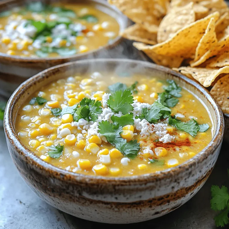 - 4 ears of fresh corn, husked and kernels removed - 2 cups vegetable broth - 1 medium onion, diced - 2 cloves garlic, minced - 1 jalapeño, deseeded and diced (adjust for spice preference) - 1 teaspoon ground cumin - 1 teaspoon smoked paprika - ½ cup heavy cream or coconut milk for a dairy-free option - 1 lime, juiced - Salt and pepper to taste - Fresh cilantro, chopped for garnish - Crumbled cotija cheese (or feta) for topping - Tortilla chips, for serving Fresh corn is the star here. It gives the soup a sweet flavor. You need to husk it and remove the kernels. You can use a sharp knife for this task. Next, vegetable broth adds depth. It helps blend the flavors. You can use homemade or store-bought broth. Aromatics bring life to the soup. I like to use onion, garlic, and jalapeño. The onion adds sweetness, while garlic gives a nice aroma. Jalapeño adds heat. You can adjust it according to your spice level. Spices like ground cumin and smoked paprika enhance the taste. They add warmth and a hint of smokiness. For creaminess, either heavy cream or coconut milk works. Coconut milk is a great option for those who prefer a dairy-free choice. Lime juice brightens the dish. It also balances the flavors. Finally, salt and pepper help season the soup. They enhance all the other ingredients. Garnishes make this soup fun. Fresh cilantro adds freshness. Crumbled cotija cheese adds a salty bite. Don't forget the tortilla chips for crunch! They make each bite exciting. Gather all these ingredients, and you'll have a delicious bowl of Mexican street corn soup. To start, you need to prepare your corn and vegetables. Husk the corn and cut off the kernels using a sharp knife. Dice the onion and mince the garlic. For a spicy kick, take out the seeds from the jalapeño and chop it finely. Next, grab a large pot and heat a drizzle of olive oil over medium heat. Once hot, add the diced onion. Sauté it for about five minutes until it becomes translucent. Then, stir in the minced garlic and diced jalapeño. Cook for another one to two minutes until you smell their aroma. After that, toss the corn kernels into the pot along with the ground cumin and smoked paprika. Mix everything well and let it cook for around three to four minutes. This step helps to bring out all the flavors. Now, pour in two cups of vegetable broth and bring the mixture to a simmer. Let it cook for about ten to fifteen minutes. This allows the flavors to blend nicely. Once your soup is cooked, it's time to blend it. I recommend using an immersion blender for this step. It is easy and quick. Blend the soup until it is smooth. If you like your soup a bit chunky, blend only half of it. This gives a nice mix of textures. Now, stir in half a cup of heavy cream or coconut milk if you want a dairy-free option. Squeeze the juice of one lime into the pot. This adds brightness to the dish. Season with salt and pepper to taste. Make sure to adjust the flavors before serving. When you are ready to serve, ladle the soup into bowls and add some fresh cilantro on top. Sprinkle crumbled cotija cheese or feta cheese for a tasty finish. Serve with crunchy tortilla chips on the side for extra texture. Enjoy this flavorful and comforting dish! To make your Mexican street corn soup shine, focus on fresh ingredients. Use sweet, juicy corn for the best flavor. If you have access, grill the corn first for a smoky taste. Grilling enhances the soup's depth and adds richness. When it comes to spices, add ground cumin and smoked paprika. They give a warm and earthy flavor. Adjust the amount based on your taste. If you want a spicier kick, keep the seeds in the jalapeño. For a milder soup, remove them. If you have dietary restrictions, you can substitute the heavy cream. Use coconut milk for a dairy-free option. This keeps the soup rich while being inclusive. You can also swap the vegetable broth for chicken broth if you prefer. For a beautiful dish, ladle the soup into vibrant bowls. Top each bowl with fresh cilantro and crumbled cotija cheese. This adds color and texture. Serve with tortilla chips on the side for a crunchy contrast. You can also add a lime wedge for an extra pop of flavor. This brightens the dish and enhances the corn's sweetness. A sprinkle of chili powder can add a nice visual touch too. Enjoy the soup warm, and share it with friends! {{image_2}} You can easily make this soup vegetarian or vegan. For a vegan version, swap heavy cream for coconut milk. It gives the soup a rich texture without dairy. You can also add more veggies. Try bell peppers, zucchini, or carrots. These add flavor and nutrition. They also make the soup even more colorful. If you want more heat, add extra jalapeño or some cayenne pepper. Start with a little. You can always add more later. For a milder soup, skip the jalapeño or use just a bit. You can also add sweet corn for a nice balance if it gets too spicy. Remember, it’s all about your taste! Toppings make your soup fun and unique. Try crumbled feta or avocado slices for creaminess. You can also add crispy bacon bits or crunchy tortilla strips. Fresh herbs like cilantro or green onions add a nice touch too. Feel free to be creative. Each topping changes the soup’s flavor and texture! After making Mexican street corn soup, let it cool down. You can store it in the fridge for about 3 to 4 days. Use an airtight container for best results. This keeps the soup fresh and tasty. To freeze the soup, first let it cool completely. Then, pour it into freezer-safe containers. Leave some space at the top, as liquids expand when frozen. Seal tightly and label with the date. The soup can stay frozen for about 2 to 3 months. When you're ready to eat, take it out and thaw it in the fridge overnight. If you need it faster, use the microwave on the defrost setting. Reheat the soup on the stove over medium heat, stirring often. Add a splash of broth or water if it seems too thick. Enjoy your comforting soup anytime! Mexican street corn soup is a tasty dish inspired by elote, or Mexican street corn. It combines fresh corn, spices, and cream into a comforting soup. The flavors of garlic, onion, and jalapeño blend well with the corn, creating a delicious meal. You can adjust the spice level easily. To make it spicy, add more jalapeño or include cayenne pepper. For a milder version, remove the seeds from the jalapeño or use less of it. You can also skip spicy toppings like hot sauce. Yes, frozen corn works well in this recipe. It saves prep time and gives you great flavor. Use about 3 cups of frozen corn to replace fresh corn. Just add it to the pot the same way as you would with fresh corn. Toppings make this soup extra special. Here are some great options: - Crumbled cotija cheese or feta - Fresh cilantro, chopped - Sliced jalapeños for extra heat - Crunchy tortilla chips for texture - A squeeze of fresh lime juice for brightness Feel free to mix and match toppings to suit your taste! This blog post covered the main ingredients and steps to make Mexican street corn soup. You learned about preparation, blending techniques, and final touches. We explored tips for authenticity and variations to suit your taste. You also found storage guidelines to keep your soup fresh. Remember, cooking should be fun and creative. So, experiment with flavors and toppings. Enjoy every spoonful of your homemade soup!