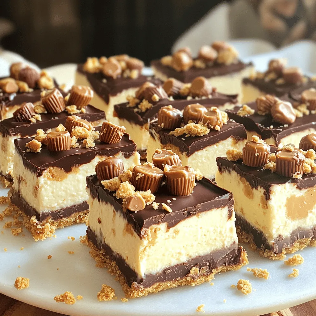 - 1 ½ cups graham cracker crumbs - ⅓ cup sugar - ½ cup unsalted butter, melted - 8 oz cream cheese, softened - 1 cup creamy peanut butter - 1 cup powdered sugar - 1 tsp vanilla extract - 1 cup heavy whipping cream - 1 cup mini peanut butter cups, chopped - Extra mini peanut butter cups for topping - Graham cracker crumbs form a crunchy crust. - Sugar adds sweetness to balance flavors. - Unsalted butter binds the crust together. - Cream cheese gives the cheesecake its creamy texture. - Creamy peanut butter provides rich flavor and creaminess. - Powdered sugar sweetens the filling and helps it set. - Vanilla extract adds depth to the flavor. - Heavy whipping cream creates lightness and fluffiness. - Mini peanut butter cups add fun texture and flavor bursts. - For graham cracker crumbs, I recommend Honey Maid. - Use Domino sugar for reliable sweetness. - Land O'Lakes makes great unsalted butter. - Philadelphia cream cheese is my go-to for richness. - Jif is a top choice for creamy peanut butter. - 10X powdered sugar by Domino is perfect for this recipe. - McCormick is a trusted brand for vanilla extract. - For whipping cream, use Horizon Organic for quality. - Reese's mini peanut butter cups are the best topping choice. To start, gather your ingredients. You need graham cracker crumbs, sugar, and melted butter. In a medium bowl, mix 1 ½ cups of graham cracker crumbs, ⅓ cup of sugar, and ½ cup of melted butter. Stir until the mix is crumbly. Next, take a greased 9x9-inch baking dish. Press the crumb mixture firmly into the bottom. This forms your crust. Place the dish in the refrigerator while you make the filling. Now, let’s create the cheesecake filling. In a large bowl, beat 8 oz of softened cream cheese and 1 cup of creamy peanut butter together. Mix until it’s smooth and creamy. Gradually add 1 cup of powdered sugar and 1 tsp of vanilla extract. Keep mixing until everything is smooth. In another bowl, whip 1 cup of heavy cream until stiff peaks form. Gently fold the whipped cream into the peanut butter mix. Finally, stir in 1 cup of chopped mini peanut butter cups, saving some for later. Spread the cheesecake filling evenly over your chilled crust. Use a spatula to smooth the top. Now, take the reserved mini peanut butter cups and press them lightly into the filling. Cover the dish and place it in the refrigerator. Let it chill for at least 4 hours, or until it’s firm. Once set, cut the bars and serve them cold. Enjoy every bite of this no-bake treat! To get a smooth and creamy filling, start with room-temperature cream cheese. This ensures it blends well with peanut butter. Beat them together until there are no lumps. Once mixed, fold in the whipped cream gently. This keeps the mixture light and airy. To avoid a soggy crust, press the graham cracker mixture firmly into the dish. This helps it hold together. Make sure to chill the crust while you prepare the filling. This sets it well before adding the creamy layer. For a beautiful presentation, slice the bars neatly and place them on a nice platter. You can drizzle melted chocolate or caramel on top for flair. Adding some crushed graham crackers enhances the look and adds a nice crunch. Adjust the layout for a neat, inviting display. {{image_2}} You can get creative with toppings for these bars. Try adding a layer of melted chocolate on top. This adds a rich flavor. You can also sprinkle crushed nuts or even drizzle caramel sauce for a sweet touch. If you love texture, add more chopped mini peanut butter cups on top. They look great and taste amazing. Mixing flavors can make these bars even better. You can add a bit of cocoa powder to the filling. This makes a chocolate peanut butter flavor that is hard to resist. If you want a fruity twist, try adding some crushed strawberries or raspberries. They brighten the flavor and add a nice contrast. To make a gluten-free crust, use gluten-free graham cracker crumbs. You can find these at most grocery stores. Another option is to use ground almonds or oats. Just mix them with the same amount of sugar and melted butter. This makes a tasty crust that everyone can enjoy. To keep your Peanut Butter Cup Cheesecake Bars fresh, store them in an airtight container. I suggest putting a layer of parchment paper between the bars and the container. This helps prevent sticking. Place them in the fridge for best results. They will stay fresh and tasty for several days. You can freeze these cheesecake bars to enjoy later. First, cut the bars into pieces. Wrap each piece tightly in plastic wrap. Then, place the wrapped bars in a freezer-safe container. They can last for up to three months in the freezer. To eat, just thaw them in the fridge overnight. These bars taste best when eaten within a week. However, if kept in the fridge, they can last about 5 to 7 days. Always check for any changes in smell or texture before eating. For the best flavor, enjoy them within the first few days. Yes, you can use crunchy peanut butter. It adds a fun texture. The bits of peanut give the bars an extra crunch. Just make sure to stir it well. The flavor will stay rich and tasty. You can tell the bars are set when they feel firm to the touch. After chilling for at least four hours, gently press the top. If it feels solid, they are ready. You can also check by cutting a small piece. It should hold its shape. If it wobbles too much, give it more time in the fridge. Yes, you can use other crumbs. For a gluten-free option, try almond flour or gluten-free crackers. You can also use vanilla wafers for a sweet twist. Just crush them into fine crumbs first. This will give your crust a new flavor. You learned how to make no-bake peanut butter cup cheesecake bars. We covered the key ingredients, their roles, and brand suggestions. I detailed steps for the crust, filling, and assembly. Effective tips help you achieve a creamy texture and prevent a soggy crust. We explored topping variations and gluten-free options. Finally, I shared storage tips to keep your bars fresh. Enjoy creating these delicious treats! They are perfect for sharing or treating yourself.