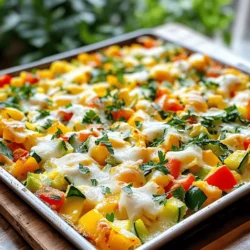 In this Sheet Pan Breakfast Bake, you'll need a mix of fresh and tasty items. Let's break it down into three main groups. - Eggs and dairy products - 6 large eggs - 1 cup milk - Vegetables - 1 cup diced potatoes (you can use frozen hash browns) - 1 bell pepper, diced (red or green) - 1 small zucchini, diced - 1 cup baby spinach - Seasonings and oils - 1 teaspoon garlic powder - 1 teaspoon onion powder - Salt and pepper to taste - 1 tablespoon olive oil - 1 cup shredded cheese (cheddar or a mix) - Fresh herbs for garnish (like parsley or chives) Each ingredient plays a big role in flavor. The eggs and milk give it a rich texture. The veggies add color and nutrients. The seasonings make it all pop. It's a great way to start your day! First, set your oven to 400°F (200°C). This temperature helps everything cook evenly. You can line your baking sheet with parchment paper. This makes cleanup easy. If you don’t have parchment, lightly grease the sheet with olive oil. Choose a large baking sheet. A bigger sheet lets you spread the ingredients out well. In a big bowl, crack open 6 large eggs. Add 1 cup of milk. This mix gives great flavor and texture. Then, sprinkle in 1 teaspoon of garlic powder and 1 teaspoon of onion powder. Add salt and pepper to taste. Use a whisk to mix everything until it looks smooth. This helps the eggs cook evenly later. Now, let's prepare the potato layer. Spread 1 cup of diced potatoes on the baking sheet. If you're using frozen hash browns, that works too! Drizzle 1 tablespoon of olive oil over the potatoes. Toss them with salt and pepper. Bake these for about 15 minutes until they are golden. Once the potatoes are ready, take the sheet out of the oven. Scatter 1 diced bell pepper, 1 small diced zucchini, and 1 cup of baby spinach on top of the potatoes. Pour the egg mixture over all the vegetables and potatoes. Make sure it covers everything evenly. Now it's time for the cheese! Sprinkle 1 cup of shredded cheese on top. Cheddar works great, but you can use any cheese you love. Place the baking sheet back in the oven. Bake it for another 20-25 minutes. You know it’s done when the eggs are set and the top is golden. When it’s ready, take it out and let it cool for a few minutes. Cut it into squares, and add fresh herbs on top for a nice touch. Enjoy your meal! Baking time can change due to many factors. The type of oven, the size of your pan, and even the thickness of the egg mixture can all influence how long it takes to cook. - Oven Type: Convection ovens cook faster than regular ones. If you use a convection oven, check the bake a few minutes early. - Pan Size: A larger pan spreads the mixture thin. This can make it cook faster. - Thickness of Mixture: If you add too many veggies, it might take longer to cook through. You can tell when your dish is done by looking for a few signs. The eggs should be firm and not jiggly. The top should be lightly golden. If you insert a knife, it should come out clean. Serving your breakfast bake can be fun and easy. You can serve it right from the pan for a casual meal. This way, everyone can help themselves. You can also cut it into squares and place them on colorful plates. Pairing ideas can make your meal even better. Try serving it with fresh fruit or a simple green salad. A glass of fresh juice or coffee can add a nice touch too. There are many ways to make your breakfast bake even tastier. You can add extra seasonings like paprika or cayenne for a kick. Fresh herbs like parsley or chives can brighten the dish. You can also mix in different ingredients for new flavors. Consider adding cooked bacon or sausage for a heartier meal. Swap in different veggies like mushrooms or broccoli to keep things fresh. The options are endless! {{image_2}} You can easily change some ingredients to fit your needs. If you want a dairy-free option, use almond milk or oat milk instead of regular milk. For the cheese, try a dairy-free version. This way, you keep all the great flavor without the dairy. If you are looking for low-carb options, swap out the potatoes for riced cauliflower. This change makes the dish lighter while still being filling. You can also add more veggies like mushrooms or broccoli to enhance the flavor and nutrition. The type of cheese you choose can change the taste a lot. Cheddar gives a sharp flavor, while mozzarella adds creaminess. You can also try feta for a tangy bite or gouda for a smoky touch. Mixing cheeses can create a rich, complex flavor. Adding meats like cooked sausage or bacon can make this bake heartier. If you prefer a vegetarian option, consider adding more colorful veggies, like bell peppers or sweet corn. Each choice adds unique flavors and textures that keep the dish exciting. For gluten-free adjustments, ensure your ingredients are labeled gluten-free. Most fresh veggies and eggs are naturally gluten-free. Always check labels on packaged items like seasonings. If you are prepping meals for different diets, consider portioning the bake into squares. This makes it easy to grab and go. You can also mix in protein-rich foods like beans or lentils for a balanced meal. To keep your Sheet Pan Breakfast Bake fresh, store leftovers in the fridge. Use an airtight container for best results. This keeps the dish moist and tasty. If you want to freeze portions, let it cool completely first. Cut into squares, then wrap each piece tightly in plastic wrap. Place them in a freezer-safe bag or container. This way, you can enjoy breakfast on busy days. To reheat, the oven is your best friend. Preheat it to 350°F (175°C). Place the breakfast bake on a baking sheet. Heat for about 15-20 minutes until warm. If you're in a hurry, use the microwave. Heat a square on a microwave-safe plate for 1-2 minutes. Check if it's warm all the way through before serving. In the fridge, your breakfast bake lasts about 3-4 days. In the freezer, it can last up to 2 months. Always check for signs of spoilage. If you see mold or it smells off, toss it out. Fresh is best for great taste! Yes, you can prepare the breakfast bake in advance. To do this, follow these tips: - Prep the night before: Mix the egg base and chop your veggies. Store them in the fridge. - Layer and bake: In the morning, layer the potatoes and veggies. Pour the egg mix on top and add cheese. - Bake fresh: This way, you enjoy a hot meal without much morning hassle. For this breakfast bake, I suggest using: - Cheddar cheese: It melts well and gives great flavor. - Mozzarella: It adds a nice stretch and mild taste. - Feta cheese: For a tangy kick, try crumbled feta. Feel free to mix and match for more fun flavors! Yes, you can swap vegetables for variety. Here are some ideas: - Mushrooms: Add sliced mushrooms for extra earthiness. - Broccoli: Chopped broccoli gives a nice crunch and color. - Asparagus: This adds a fresh taste and looks great. Experiment with what you have on hand to make it your own! This blog post covered how to make a tasty breakfast bake. We explored the key ingredients, cooking steps, and helpful tips. You learned about tasty layerings and flavor tricks. Also, we discussed variations for different diets and how to store leftovers. By following these steps, you can create a delicious, filling dish for any meal. Experiment with ingredients and make it your own! Enjoy your cooking and happy baking!