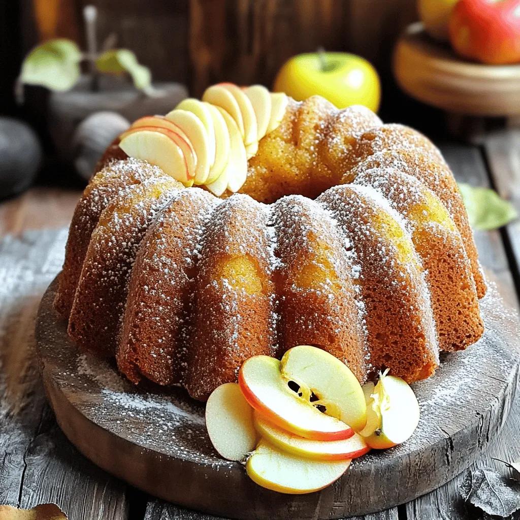 - 2 cups apple cider - 1 cup granulated sugar - 1/2 cup brown sugar, packed - 1/2 cup vegetable oil - 3 large eggs - 2 teaspoons vanilla extract - 2 cups all-purpose flour - 1 teaspoon baking powder - 1 teaspoon baking soda - 1 teaspoon ground cinnamon - 1/2 teaspoon ground nutmeg - 1/2 teaspoon salt - 1/2 cup unsweetened applesauce - 1/4 cup granulated sugar (for coating) - 1 teaspoon ground cinnamon (for coating) These ingredients come together to create a moist and flavorful cake. The apple cider gives it a rich apple flavor. Both sugars add sweetness and depth. Eggs and oil help keep it tender. The spices bring warmth and comfort. - Thin apple slices for garnish - Powdered sugar for dusting Using thin apple slices or a sprinkle of powdered sugar adds a lovely touch. It enhances the autumn feel and makes each slice even more appealing. - 10-cup Bundt pan - Mixing bowls - Whisk - Spatula - Small saucepan - Toothpick for testing doneness - Wire rack for cooling These tools are key for making your bundt cake. A good Bundt pan shapes the cake well. Mixing bowls help combine your ingredients easily. A toothpick is essential to check if your cake is ready. Start by preheating your oven to 350°F (175°C). While the oven heats, grease a 10-cup Bundt pan. I like to use vegetable oil or butter for this. After greasing, sprinkle some flour into the pan. This helps the cake come out easily later. Next, grab a small saucepan. Pour in 2 cups of apple cider. Heat it over medium heat until it boils. Then, reduce the heat to a simmer. Let it cook until it shrinks to about 1 cup, which takes 10-15 minutes. This step is key to getting that rich apple flavor. After it reduces, set it aside to cool slightly. In a large mixing bowl, combine 1 cup of granulated sugar, 1/2 cup of brown sugar, and 1/2 cup of vegetable oil. Whisk them together until smooth. Add in 3 large eggs and 2 teaspoons of vanilla extract. Mix until it looks creamy. Now, stir in the cooled apple cider and 1/2 cup of unsweetened applesauce. In another bowl, whisk together 2 cups of all-purpose flour, 1 teaspoon of baking powder, 1 teaspoon of baking soda, 1 teaspoon of ground cinnamon, 1/2 teaspoon of ground nutmeg, and 1/2 teaspoon of salt. Gradually add this dry mix to the wet mix. Stir gently until combined. Pour the batter into your prepared Bundt pan. Smooth the top with a spatula for an even bake. Place it in the oven and bake for 45-50 minutes. Check if it’s done by inserting a toothpick into the center. If it comes out clean, the cake is ready. After baking, let the cake cool in the pan for 15 minutes. This makes it easier to remove. Then, transfer it to a wire rack to cool completely. While it cools, mix 1/4 cup of granulated sugar with 1 teaspoon of ground cinnamon in a small bowl. Once the cake is cool, coat it in the cinnamon-sugar mix. You can either roll it or sprinkle it over the top. This sweet touch makes it even better! To get the best texture, use fresh apple cider. The fresh cider gives moisture and flavor. Reducing the cider thickens it and enhances its taste. Make sure to mix your wet and dry ingredients gently. Overmixing can make the cake tough. Bake the cake until a toothpick comes out clean. This means it is ready to enjoy. To prevent sticking, grease your Bundt pan well. Use butter or cooking spray. Dust the pan with flour after greasing. This helps create a barrier. Let the cake cool in the pan for 15 minutes. Then, turn it out onto a rack. If it still sticks, gently run a knife around the edges. Spices make this cake special. Don't skip the ground cinnamon and nutmeg. They add warmth and depth. You can also try adding ginger or allspice. Mix the spices into your dry ingredients. This ensures an even flavor throughout the cake. For a twist, consider adding a splash of vanilla extract. This will brighten the taste even more. {{image_2}} You can add nuts or fruits to your Apple Cider Donut Bundt Cake for extra flavor. Walnuts or pecans work well. Chop them into small pieces and fold them into the batter. You can also add diced apples. They add moisture and a nice texture. Just make sure to keep the amounts balanced. About one cup of nuts or fruits is great. If you need a gluten-free version, it’s easy to adapt this recipe. Swap out the all-purpose flour for a gluten-free blend. Look for a blend that includes xanthan gum, as it helps with texture. You can also use almond flour for a nutty taste. Just remember, the baking time may vary slightly, so keep an eye on it. Frosting can take your bundt cake to the next level. A simple glaze made with powdered sugar and apple cider is a great choice. Mix one cup of powdered sugar with two tablespoons of cider until smooth. For a richer option, try cream cheese frosting. Beat together eight ounces of cream cheese, four tablespoons of butter, and one cup of powdered sugar. This adds creaminess and pairs well with the spices in the cake. To keep your Apple Cider Donut Bundt Cake fresh, store it properly. Place the cake in an airtight container. If you don’t have one, wrap it tightly in plastic wrap. This will help keep moisture in and prevent it from drying out. Store it at room temperature for up to three days. If you want to keep it longer, refrigeration is an option, but it may change the texture slightly. If you have extra cake, freezing is a great choice. First, let the cake cool completely. Next, wrap it tightly in plastic wrap. Then, place it in a freezer-safe bag or container. This way, it can last for up to three months in the freezer. When you want to enjoy it, thaw the cake in the fridge overnight before serving. To enjoy your Apple Cider Donut Bundt Cake again, reheat it gently. Place a slice on a microwave-safe plate and cover it with a damp paper towel. Heat it for 10 to 15 seconds, checking to avoid overheating. If you prefer, you can warm it in the oven. Preheat the oven to 350°F (175°C) and heat for about 5 to 10 minutes. This will make the cake soft and delightful once more. Yes, you can use store-bought apple cider. It saves time and still adds good flavor. Look for a cider that is pure, without added sugars or preservatives. This ensures your cake tastes fresh and rich. If you want a stronger apple flavor, simmer it down as the recipe shows. This step concentrates the taste and makes your cake even better. To check if your bundt cake is done, use a toothpick. Insert it into the center of the cake. If it comes out clean or with just a few crumbs, it’s ready. If the toothpick has wet batter on it, bake for a few more minutes. Remember, every oven is different. So, keep an eye on your cake starting at 45 minutes. If you don’t have applesauce, try using mashed bananas or yogurt. Both options keep the cake moist and add sweetness. You could also use pumpkin puree for a unique twist. Just make sure to adjust the spices to match your substitution. This way, you can still enjoy a delicious bundt cake! In this post, I shared how to make a tasty apple cider donut bundt cake. We covered ingredients, tools, and step-by-step instructions. I also shared tips for the best texture and flavor. Feel free to get creative with variations and enjoy the cake later with proper storage. Baking takes practice, but you’ll make a cake to impress yourself and others! Happy baking!