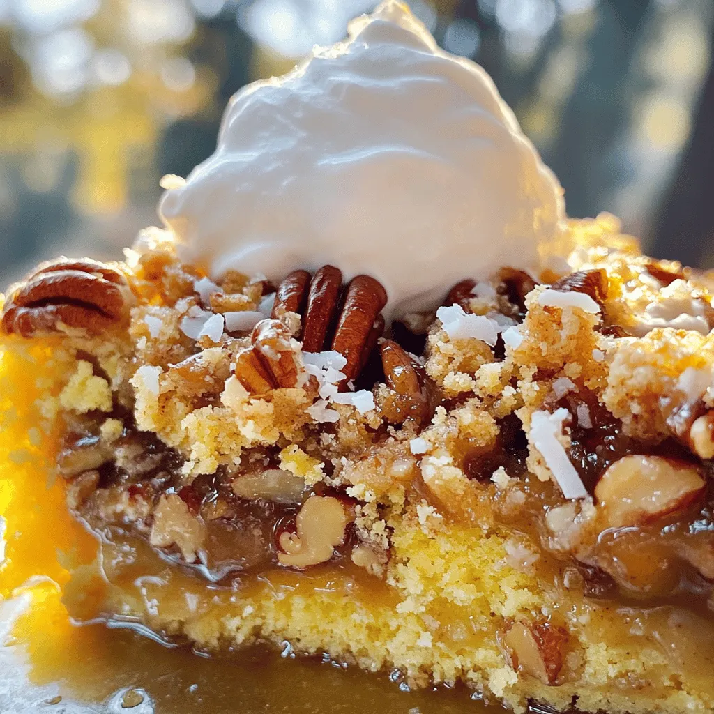 - 1 cup unsalted butter, melted - 1 cup light brown sugar, packed - 1 cup granulated sugar - 1 cup corn syrup - 4 large eggs - 1 teaspoon vanilla extract - 1 cup chopped pecans - 1 box yellow cake mix (15.25 oz) - 1 cup water - 1 cup sweetened shredded coconut (optional) - Whipped cream for serving (optional) To make Southern Pecan Pie Dump Cake, gather these simple ingredients. Each one plays a key role in the cake's rich flavor and texture. The unsalted butter adds a creamy base. You will melt it first to blend well with the sugars. Light brown sugar brings a warm, caramel taste. Granulated sugar adds sweetness. Corn syrup helps create the gooey filling we love in pecan pie. Next are the eggs. They help bind the cake together. Vanilla extract adds a nice aroma. Chopped pecans give crunch and nutty flavor. The yellow cake mix forms the main layer. You will combine it with water to get a light cake texture. If you want a twist, add sweetened shredded coconut. It gives a tropical flair. Lastly, whipped cream is optional but makes a perfect topping. This simple list creates a delightful treat that is hard to resist. 1. Preheating the oven Start by preheating your oven to 350°F (175°C). This step is key to baking. 2. Greasing the baking dish Next, take a 9x13-inch baking dish. Grease it with cooking spray or butter. This helps the cake not stick. 3. Mixing the wet ingredients In a large bowl, whisk together: - 1 cup unsalted butter, melted - 1 cup light brown sugar, packed - 1 cup granulated sugar - 1 cup corn syrup - 4 large eggs - 1 teaspoon vanilla extract Mix well until everything is combined. 4. Incorporating pecans and coconut Now, fold in: - 1 cup chopped pecans - 1 cup sweetened shredded coconut (optional) Gently stir until the nuts and coconut are evenly mixed in. 1. Pouring the mixture into the dish Pour the pecan mixture into your greased baking dish. Spread it evenly across the bottom. 2. Adding the cake mix and water Next, sprinkle 1 box of yellow cake mix evenly over the top. Then, carefully pour 1 cup of water over the cake mix. Do not stir! 3. Baking time and temperature Place the dish in your preheated oven. Bake for about 45-50 minutes. Look for a golden top and bubbly filling. 1. Letting it cool When done, take it out of the oven. Allow it to cool for about 10-15 minutes. This helps it set. 2. Serving suggestions with whipped cream Serve warm with a dollop of whipped cream on top. It adds a nice touch to this sweet treat! - Overmixing the batter: Mix your ingredients just until they combine. Too much mixing makes the cake tough. - Skipping the cooling time: Let the cake cool for 10-15 minutes. This helps it set and enhances flavor. - Choosing the right pecans: Use fresh, high-quality pecans. They add crunch and great flavor. Toast them lightly for an even richer taste. - Alternatives for sweeteners: You can swap light brown sugar for coconut sugar. This gives a deeper flavor. Honey or maple syrup can also work in place of corn syrup. - Adding spices like cinnamon or nutmeg: A pinch of these spices can brighten your cake. They add warmth that pairs well with pecans. - Using flavored extracts: Try almond or maple extract instead of vanilla. This gives your cake a unique twist. {{image_2}} One fun twist is the chocolate pecan pie dump cake. You can add chocolate chips to the batter. This makes a rich, sweet treat that many will love. For a nut-free version, simply skip the pecans. You can replace them with more coconut or use crushed cookies for crunch. These options keep your dessert tasty and enjoyable for everyone. If you need a gluten-free cake, look for a gluten-free cake mix. Many brands offer tasty options that work great in this recipe. For vegan adaptations, swap the eggs with flax eggs or applesauce. Use a plant-based butter substitute, and choose a vegan cake mix. These changes help you enjoy the same great taste while meeting your dietary needs. You can easily add festive spices for the holidays. Try cinnamon, nutmeg, or ginger to warm up the flavors. In fall, consider adding pumpkin puree for a fun twist. In summer, you can incorporate seasonal fruits like blueberries or peaches. These fruits add a fresh touch and enhance the sweetness of your cake. To keep your Southern pecan pie dump cake fresh, follow these steps: - Refrigeration methods: Allow the cake to cool completely. Cover it tightly with plastic wrap or foil. You can also place it in an airtight container. Store it in the fridge for up to five days. - Freezing tips: If you want to freeze it, slice the cake first. Wrap each piece in plastic wrap and then in foil. Place the wrapped slices in a freezer bag. This way, you can take out only what you need. The cake will last for up to three months in the freezer. When you’re ready to enjoy your leftover cake, reheating is key: - Best methods for maintaining texture: The microwave is quick. Heat a slice for about 15-20 seconds. If you prefer the oven, preheat it to 350°F (175°C). Place the slice on a baking sheet and heat for about 10 minutes. This keeps the cake soft and warm. - Recommended serving temperature: Enjoy your cake warm. This brings out the flavors and makes it even more delightful. Knowing how long your cake lasts is important: - How long it lasts in the fridge: Properly stored, the cake will stay fresh in the fridge for about five days. - Signs of spoilage: If you see mold or notice an off smell, it's best to toss it. Always trust your senses when checking for freshness. A dump cake is a simple dessert that needs little prep. You "dump" ingredients into a dish, layer them, and bake. For Southern Pecan Pie Dump Cake, you mix butter, sugars, corn syrup, and eggs. Then, you add pecans and cake mix. Lastly, you pour water on top. This method makes it easy and fun to create a tasty treat. Yes, you can prepare this cake ahead of time. Mix the wet ingredients and pecans, then store in the fridge. You can also layer the cake mix on top. When ready to bake, add water and bake it. This method saves time for busy days. Just remember to adjust baking time if cold from the fridge. Look for a golden brown top; this shows it is ready. You can also test if it is done. Insert a toothpick in the center. If it comes out clean, it is done. The filling should be bubbly around the edges. Let it cool a bit before serving, and enjoy the sweet aroma! Southern pecan pie dump cake is simple and delicious. We covered the key ingredients, easy steps, and helpful tips. Remember to avoid overmixing and let it cool before serving. You can try fun variations and store leftovers properly for later enjoyment. With these ideas, you can impress your friends and family. Enjoy this wonderful dessert, and make it your own with unique flavors and adjustments. Happy baking!