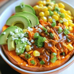 - Sweet potatoes - Chicken breasts - BBQ sauce - Olive oil - Smoked paprika - Garlic powder - Corn kernels - Avocado - Green onions - Feta cheese When I create BBQ chicken sweet potato bowls, I start with the main ingredients. Sweet potatoes are my base. They bring sweetness and a creamy texture. I always use two large sweet potatoes, peeled and cubed for even cooking. Next, I choose boneless, skinless chicken breasts. They cook nicely and soak up flavors well. I like to use about two chicken breasts for this recipe. Finally, I add BBQ sauce. You can use homemade or store-bought. The sauce gives a rich, smoky taste that pairs perfectly with sweet potatoes. Next come the seasonings. I use one tablespoon of olive oil to coat the sweet potatoes. It helps with roasting. I add one teaspoon each of smoked paprika and garlic powder. These spices bring depth to the dish. Now, for the optional toppings. Corn kernels add a crunchy texture. Slices of avocado give creaminess. I also sprinkle chopped green onions for freshness. If you like a salty bite, crumbled feta cheese is a great choice. These toppings elevate the meal and make it even more satisfying. This combination of ingredients creates a colorful and flavorful dish. Each bite is a mix of sweet, smoky, and creamy. It's one of my favorite meals to make! 1. Preheating the oven: Start by preheating your oven to 400°F (200°C). This step is key for roasting sweet potatoes perfectly. 2. Preparing sweet potatoes: Peel and cube the two large sweet potatoes. In a bowl, toss them with one tablespoon of olive oil, one teaspoon of smoked paprika, one teaspoon of garlic powder, and salt and pepper to taste. Make sure each piece gets coated well. Spread the sweet potatoes out on a baking sheet in a single layer. 1. Seasoning and cooking method: While the sweet potatoes roast, take two boneless, skinless chicken breasts. Season them with salt and pepper. Heat a skillet over medium heat and add the chicken. Cook for 6 to 7 minutes on each side, until they are brown and fully cooked. 2. Shredding the chicken: Once done, take the chicken out of the skillet. Let it rest for a few minutes. Then, use two forks to shred the chicken into bite-sized pieces. 1. Layering the ingredients: Start by placing a generous scoop of roasted sweet potatoes at the bottom of each bowl. Then, add the BBQ chicken, which you will coat with BBQ sauce. 2. Serving suggestions: Top the chicken with a handful of corn kernels, slices of avocado, and a sprinkle of chopped green onions. If you like, add crumbled feta cheese for extra flavor. Serve it warm and enjoy your tasty BBQ chicken sweet potato bowls! To roast sweet potatoes just right, you may need to adjust cooking times. If your sweet potatoes are larger, they may need a few extra minutes. Check them by piercing with a fork. If it goes in easily, they are done. Aim for a nice caramel color on the edges for that sweet flavor. For a richer BBQ chicken taste, you can make your own sauce. Combine ketchup, brown sugar, vinegar, and spices for a quick mix. If you want a kick, add hot sauce or smoked paprika. You can also use different seasonings, like chili powder or cumin, to spice things up. Garnishing makes your bowls pop. Add sliced avocado on top for creaminess and color. Chopped green onions not only add flavor but also a fresh look. If you use feta cheese, it gives a nice salty bite. Serve your bowls in clear dishes to show off the layers. {{image_2}} You can easily change the taste of your BBQ chicken sweet potato bowls. For a spicy kick, try adding hot sauce or cayenne pepper to your BBQ sauce. This gives the dish a nice heat. If you like different flavors, swap out BBQ sauce for teriyaki or honey mustard. Each sauce brings a unique taste. If you want to switch things up, there are great alternatives. Instead of sweet potatoes, you can use butternut squash or regular potatoes. Both will work well. For protein, consider turkey or a plant-based option like jackfruit. These choices keep the meal tasty and healthy. You can easily adjust this recipe for different diets. If you need it gluten-free, check your BBQ sauce. Some brands contain gluten. For a vegan version, omit the chicken and cheese. You can replace chicken with tofu or tempeh. This way, everyone can enjoy a delicious bowl! To keep your BBQ chicken sweet potato bowls fresh, store them properly. First, let the bowls cool down to room temperature. Use airtight containers for refrigeration. Separate the chicken and sweet potatoes to keep them fresh longer. If you want to freeze them, place each component in freezer bags. Remove as much air as you can before sealing. When you’re ready to eat leftovers, reheat them carefully. The best way to reheat sweet potatoes is in the oven. Preheat your oven to 350°F (175°C) and place the sweet potatoes in a baking dish. Heat for about 15-20 minutes. For the chicken, use a skillet over low heat. Add a splash of water or BBQ sauce to keep it moist. This helps maintain both texture and flavor. Store your BBQ chicken sweet potato bowls in the fridge for up to four days. If frozen, they can last up to three months. Check for signs of spoilage, such as off smells, discoloration, or any mold. If you see these signs, it's best to toss the food. Always prioritize food safety to enjoy your meals without worry. Yes, you can swap out the sweet potatoes! Try using butternut squash or regular potatoes. You can also add bell peppers, zucchini, or broccoli. These veggies add great color and taste. Just remember to cut them into equal sizes for even cooking. Roasting times may vary, so check for doneness. For the best flavor, I love making homemade BBQ sauce. You can mix ketchup, brown sugar, and vinegar for a simple recipe. If you prefer store-bought, look for sauces with natural ingredients and no high fructose corn syrup. Sweet and smoky sauces work best for this dish. Adjust the sauce amount to your taste! Yes, you can prep this dish in advance! Cook the sweet potatoes and chicken, then store them separately. Keep them in airtight containers in the fridge for up to 3 days. When ready to eat, just reheat the chicken and sweet potatoes. Assemble your bowl, and enjoy a quick and tasty meal! This post covered how to create delicious BBQ chicken bowls. We explored main ingredients like sweet potatoes, chicken, and BBQ sauce. You learned tips for perfect roasting and enhancing flavors. Variations let you customize to your taste and dietary needs. Proper storage keeps your meals fresh, and the FAQs section answered common questions. Enjoy crafting your bowls, and don't hesitate to get creative with flavors!