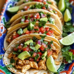 To make Chicken Street Tacos, gather these main items: - 2 chicken breasts, diced - 1 tablespoon olive oil - 8 small corn tortillas Season the chicken with these spices: - 1 teaspoon chili powder - 1 teaspoon cumin - 1 teaspoon garlic powder - 1 teaspoon onion powder - Salt and pepper to taste These spices add flavor and depth to the dish. The chili powder gives a nice kick, while the cumin adds warmth. Garlic and onion powder enhance the savory notes. Top your tacos with these fresh ingredients: - 1 cup diced tomatoes - 1/2 cup red onion, finely chopped - 1/4 cup fresh cilantro, chopped - Juice of 1 lime - 1 avocado, sliced - Optional: Hot sauce for drizzling These toppings bring freshness and color to your tacos. The lime juice brightens the flavors, and the avocado adds creaminess. Feel free to customize with your favorite hot sauce for extra heat! First, take the diced chicken breasts. Place them in a mixing bowl. Add one tablespoon of olive oil. Then, sprinkle in one teaspoon each of chili powder, cumin, garlic powder, and onion powder. Season with salt and pepper to taste. Mix well to coat each piece of chicken with the spices. This step is key for flavor. Next, heat a non-stick skillet over medium-high heat. Add the seasoned chicken to the pan. Cook for about 8 to 10 minutes. Stir occasionally. You want the chicken to be cooked through and a bit crispy on the edges. While the chicken cooks, let’s make a fresh salsa. In a separate bowl, combine one cup of diced tomatoes, half a cup of finely chopped red onion, and a quarter cup of chopped fresh cilantro. Squeeze in the juice of one lime. Stir well to mix all the flavors. Season with salt to taste. Set the salsa aside until you’re ready to assemble the tacos. In the same skillet you used for the chicken, it’s time to char the tortillas. Place one tortilla in the pan and heat it for about 30 seconds. Flip it and heat the other side for another 30 seconds. The tortillas should be warm and a little pliable. Repeat this for all eight tortillas. Now, let’s put it all together. Take a warm tortilla and layer it with the cooked chicken. Top it with a generous spoonful of the fresh salsa. Add a few slices of avocado for creaminess. If you like heat, drizzle some hot sauce over the top. Your tacos are now ready to enjoy! For great chicken street tacos, use high heat. Cooking the chicken quickly helps it brown. This gives it a nice crisp on the edges. Use good spices, too! Mixing chili powder, cumin, garlic powder, and onion powder adds depth. Don't rush; let the chicken absorb these flavors. You can also marinate the chicken for an hour before cooking to boost flavor. Warm your corn tortillas well. You want them soft and pliable, not dry. Heat them in the skillet for about 30 seconds on each side. This step adds flavor and makes them easier to fold. If you like a little char, cook them a bit longer. It adds a nice smokiness. Presentation matters! Serve the tacos on a bright platter. Garnish with extra cilantro and lime wedges for color. You can add avocado slices, too. This makes the dish look fresh and inviting. Want to impress? Serve with a side of tortilla chips and fresh salsa. It makes the meal feel complete and fun! {{image_2}} You can swap chicken for other meats. Try beef, pork, or shrimp. Each option brings a new taste. For beef, use flank steak for a tender bite. For pork, shredded carnitas add great flavor. Shrimp cooks fast and tastes fresh. Just adjust your cooking time to ensure it's safe to eat. Want a meat-free taco? Use grilled veggies or beans. Try portobello mushrooms for a meaty texture. You could also use black beans or chickpeas for protein. Just season them well, like you do with chicken. This keeps the flavor bold and exciting. Change the spices to mix up the flavor. For a smoky taste, add smoked paprika. If you like heat, try cayenne pepper or chipotle powder. For a fresh twist, use herbs like oregano or thyme. You can also play with citrus; orange juice can add a sweet zing. Each change makes the dish new and fun! To store leftover tacos, place them in an airtight container. Keep the chicken, salsa, and tortillas separate. This helps maintain texture and flavor. You can store them in the fridge for up to three days. When ready to eat, just reheat them. If you have extra cooked chicken, you can freeze it. Place the chicken in a freezer-safe bag. Remove as much air as possible before sealing. Label the bag with the date. The chicken can last in the freezer for up to three months. When you want to use it, thaw it in the fridge overnight. To reheat, use a skillet on medium heat. Add a bit of oil to the pan. Heat the chicken for about five minutes or until warm. For the tortillas, warm them in the skillet for about 30 seconds on each side. This keeps them soft and tasty. You can also use a microwave if you're in a rush. But the skillet gives a better texture. To make your chicken street tacos spicy, add more chili powder. You can also use cayenne pepper or hot sauce. Mix these spices in with the chicken before cooking. Adjust the heat to your taste. A little extra spice can make your tacos pop with flavor! Yes, you can prepare the chicken ahead of time. Simply season the diced chicken and store it in the fridge for up to 24 hours. When you’re ready to cook, just heat it in a pan. This saves time and makes meal prep easier. Corn tortillas are the best for street tacos. They are soft and have great flavor. Look for smaller tortillas, about 6 inches wide. You can also lightly char them for a better taste. This adds a nice texture to your tacos. Tacos pair well with simple side dishes. You can serve tortilla chips and fresh salsa. A light salad with cilantro and lime is also tasty. Don’t forget guacamole for a creamy touch! These sides complement the flavors of the tacos. This blog post covered all you need to make great chicken street tacos. You learned about key ingredients, how to prepare the chicken, and make fresh salsa. We shared tips for charring tortillas and presented different flavors and alternatives. You can store leftovers easily and even try spicier versions. Remember to have fun with toppings and get creative. Enjoy your taco-making journey!