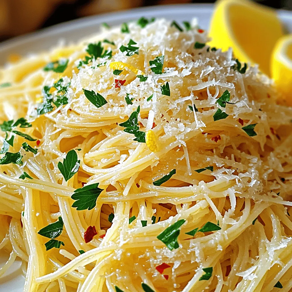 To make Garlic Butter Angel Hair, you need a few key items: - 8 oz angel hair pasta - 4 tablespoons unsalted butter - 5 cloves garlic, minced - 1 teaspoon red pepper flakes (adjust for spice) - ½ cup grated Parmesan cheese - 2 tablespoons fresh parsley, chopped - Zest of 1 lemon - Salt and pepper to taste - Lemon wedges for garnish These ingredients work together to create a rich and tasty dish. The garlic and butter give a wonderful flavor, while the lemon adds brightness. You can change the dish to fit your taste. Here are some fun ideas: - Add cooked shrimp or grilled chicken for protein. - Toss in cherry tomatoes for a pop of color and extra flavor. - Use different herbs like basil or thyme for a fresh twist. Feel free to experiment! Each change can make the dish your own. Choosing the right ingredients matters. Here are some tips: - Pasta: Look for high-quality angel hair. Check the packaging for freshness. - Garlic: Choose firm cloves with no sprouting for the best taste. - Butter: Unsalted butter lets you control the salt level. - Parsley: Pick bright green leaves. Avoid yellow or wilted ones. - Lemon: A fresh lemon should feel heavy and firm. Fresh ingredients lead to a better dish. Always take a moment to inspect what you buy. To start, fill a large pot with water. Add salt to the water and bring it to a boil. Once boiling, add 8 oz of angel hair pasta. Cook it for about 4-5 minutes until it is al dente. Be careful not to overcook it. Drain the pasta but save ½ cup of the water. Set the pasta aside for later. Next, grab a large skillet and place it over medium heat. Add 4 tablespoons of unsalted butter. Allow the butter to melt completely. After it melts, add 5 cloves of minced garlic and 1 teaspoon of red pepper flakes. Sauté this mixture for 1-2 minutes. Watch the garlic closely; it should smell great and turn golden. Avoid burning it, as burnt garlic tastes bitter. Once the garlic is ready, add the cooked angel hair pasta to the skillet. Pour in the reserved pasta water, too. Toss the pasta well to coat it in the garlic butter sauce. Next, stir in ½ cup of grated Parmesan cheese. If the sauce is too thick, add more pasta water. Season with salt and pepper to taste. Finally, mix in 2 tablespoons of chopped fresh parsley and the zest of 1 lemon. Toss everything together, then serve hot. Add extra Parmesan on top and lemon wedges on the side for a burst of flavor. Enjoy! To boost the flavor of Garlic Butter Angel Hair, use fresh garlic. Fresh garlic gives a brighter taste. You can also add herbs like basil or thyme. These herbs add depth and freshness. For a zesty kick, try lemon juice instead of just zest. A squeeze of lemon brightens every bite. You can adjust red pepper flakes for more or less spice. This lets you control how spicy your dish is. One common mistake is overcooking the pasta. Angel hair cooks fast, so watch it closely. Drain it right when it’s al dente. This keeps the noodles firm and tasty. Another mistake is burning the garlic. Garlic cooks quickly, so keep an eye on it. If it turns too dark, it can taste bitter. Finally, be careful with the salt. Taste the dish before adding more salt. The Parmesan already adds some saltiness. Use a large pot for boiling the pasta. A big pot helps the pasta move freely. This prevents it from sticking together. A skillet is key for making the garlic butter sauce. I recommend a non-stick skillet for easy cleanup. Tongs are great for tossing the pasta in the sauce. They help coat every strand evenly. A microplane is perfect for zesting the lemon. It gives you fine zest without the bitter white pith. {{image_2}} Adding proteins can make Garlic Butter Angel Hair even better. You can use cooked chicken or shrimp. For chicken, grill or pan-sear it first. Cut it into bite-sized pieces and mix it in with the pasta. For shrimp, sauté them in the garlic butter sauce until pink. Both options add a nice texture and flavor. If you want to keep it vegetarian, try adding veggies or tofu. Broccoli, spinach, or bell peppers work well. Sauté them in the garlic butter before adding the pasta. You can also use firm tofu. Cube it and cook until golden. This adds protein and makes the dish colorful and healthy. You can swap out the garlic butter for other sauces, too. Try olive oil for a lighter option. A splash of cream can make it richer. If you like a kick, add some pesto or a dash of soy sauce. Experiment with different herbs like basil or thyme to find your favorite flavor. To store leftovers, let the Garlic Butter Angel Hair cool down. Place it in an airtight container. Make sure to refrigerate it if you won’t eat it right away. It will stay fresh for about 3 days in the fridge. When you are ready to reheat, add a splash of water to the pasta. Microwave it for about 1 to 2 minutes. Stir it halfway through to heat evenly. You can also reheat it in a skillet over low heat. Just add a bit of butter and toss until warm. If you want to freeze the dish, use a freezer-safe container. Store it in the freezer for up to 2 months. To use, just thaw it in the fridge overnight. Reheat as explained above. The flavors will still be good, but the texture may change a bit. If you need a substitute for Parmesan cheese, try Pecorino Romano. It has a sharp flavor. You can also use nutritional yeast for a dairy-free option. Grated mozzarella gives a creamy touch but is milder. Yes, you can make this dish ahead of time. Cook the pasta and sauce separately. Store them in the fridge. When you're ready to eat, just reheat both parts and combine. To adjust the spice level, change the amount of red pepper flakes. Start with a little. You can always add more if you like heat. If it gets too spicy, add more butter or cheese to balance it out. No, traditional angel hair pasta contains gluten. If you need a gluten-free dish, use gluten-free pasta. Many brands make good options like rice or quinoa pasta. Always check the label to ensure it's gluten-free. This blog post covered all you need for Garlic Butter Angel Hair. We talked about key ingredients and tips for fresh selections. I shared step-by-step cooking instructions and ways to boost flavor. You learned how to customize with proteins or veggies. I also included storage methods for leftovers and answers to common questions. Enjoy making this dish your own, and remember: cooking is fun!