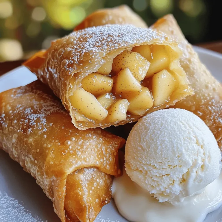 - 2 large apples (Granny Smith or Honeycrisp), peeled and diced - 1 tablespoon lemon juice - 1/4 cup brown sugar - 1 teaspoon cinnamon - 1/4 teaspoon nutmeg - 1 tablespoon cornstarch - 12 egg roll wrappers - Oil for frying - Powdered sugar for dusting (optional) - Vanilla ice cream for serving (optional) Best apples for apple pie I love using Granny Smith or Honeycrisp apples. They are crisp and tart. This makes them perfect for pie. Tart apples balance well with sweet sugar. Alternative sweeteners You can swap brown sugar with maple syrup or honey. Both add a nice flavor. Just adjust the amount since they are liquid. Choosing egg roll wrappers Look for thin, flexible egg roll wrappers. They should be easy to roll. Check the package for freshness. Fresh wrappers yield the best results. How to prepare the apple filling Start by peeling and dicing 2 large apples. I like using Granny Smith or Honeycrisp. In a medium bowl, mix the diced apples with 1 tablespoon of lemon juice. Add 1/4 cup of brown sugar, 1 teaspoon of cinnamon, 1/4 teaspoon of nutmeg, and 1 tablespoon of cornstarch. Stir until the apples are well coated. This mix gives your egg rolls a sweet and spicy flavor. Assembling the egg rolls Lay out your egg roll wrappers on a clean surface. Place a spoonful of the apple mixture in the center of each wrapper. For rolling, fold the bottom corner over the filling. Then, fold in the sides. Roll it tightly away from you. This keeps the filling inside. To seal the edge, use a bit of water. Repeat this with the rest of the wrappers and filling. Sealing techniques Make sure to seal each egg roll well. If you leave gaps, the filling may leak out during frying. A good seal locks in all the deliciousness. Frying the egg rolls: important steps In a large skillet, heat oil over medium-high heat. You want enough oil to cover the bottom of the skillet. Carefully place the egg rolls in the hot oil. Fry them in batches if needed. Cook them until golden brown and crispy, around 3-4 minutes per side. Tips for achieving crispiness To get that perfect crispy texture, do not crowd the pan. Fry in small batches for even cooking. Keep an eye on the oil temperature; it should be hot but not smoking. If it’s too cool, the egg rolls will soak up oil and become soggy. Serving warm for best taste Once fried, remove the egg rolls and place them on paper towels. This helps drain excess oil. Serve the egg rolls warm. For a fun twist, dust with powdered sugar. A scoop of vanilla ice cream on the side makes it even better! To make the best apple pie egg rolls, focus on these key tips: - Avoiding sogginess: Use firm apples like Granny Smith or Honeycrisp. These apples stay crisp and hold their shape. Also, mix in cornstarch to absorb extra moisture in the filling. - Ensuring a crispy texture: Heat the oil to 350°F before frying. If the oil is too cool, the egg rolls can soak up oil and become greasy. Fry in small batches, so the temp stays high. - Flavor boosters and enhancements: Add a pinch of salt to the filling. This helps to balance the sweetness. You can also sprinkle in some lemon zest for extra brightness. To ensure your egg rolls shine, watch out for these common mistakes: - Overfilling the wrappers: Use just a spoonful of filling for each wrapper. Too much filling makes it hard to seal and leads to messy cooking. - Incorrect oil temperature: Always test the oil before frying. Drop a small piece of wrapper in the oil. If it bubbles and rises, the oil is ready. If not, wait a bit longer. - Not sealing properly: Make sure to seal each roll tightly. Use a bit of water to help the edges stick. A good seal keeps the filling inside while cooking. {{image_2}} You can change up the taste of your apple pie egg rolls. Adding nuts or raisins gives a nice crunch and sweetness. Try chopped walnuts or pecans, or mix in some raisins for extra flavor. Different spices can also make a big difference. You might add ginger for a warm kick or cloves for a deeper spice. Drizzling chocolate or caramel sauce on top adds a sweet touch. It pairs well with the warm, crispy egg rolls. These variations let you create your perfect dessert. If you need gluten-free options, you can find gluten-free egg roll wrappers at many stores. They work just as well in this recipe. For vegan egg rolls, swap the filling with a mixture of sautéed apples and brown sugar. You can also use plant-based ice cream as a tasty side. If you have nut allergies, leave out the nuts in your filling. You can still enjoy the sweet apple taste without them. These substitutions make the recipe more inclusive for everyone. To keep your apple pie egg rolls fresh, store them properly. First, let them cool down to room temperature. Then, place them in an airtight container. You can keep them in the fridge for up to three days. If you want to store them longer, freezing is a great option. Wrap each egg roll tightly in plastic wrap. Then, put them in a freezer-safe bag or container. They will stay good for about three months in the freezer. When you're ready to enjoy your leftover egg rolls, it's important to reheat them well. The best way to keep them crispy is to use an oven. Preheat your oven to 375°F (190°C). Place the egg rolls on a baking sheet. Heat them for about 10-15 minutes until they're hot and crispy again. You can also use an air fryer if you have one. Set it to 350°F (175°C) and cook for about 5-7 minutes. Avoid using the microwave. It can make the egg rolls soggy. Enjoy your tasty treat! Making Apple Pie Egg Rolls is fun and simple. Start with fresh ingredients. Use Granny Smith or Honeycrisp apples for the best flavor. Here's a quick guide for homemade wrappers: - Use flour and water for dough. - Roll the dough thin, about 1/8 inch. - Cut the dough into squares, about 6 inches each side. - Keep wrappers covered with a damp cloth to avoid drying. You can also buy pre-made egg roll wrappers to save time. This shortcut helps you focus on the filling. Yes, you can bake Apple Pie Egg Rolls! Baking gives a different texture. - Frying makes them golden and crispy. - Baking is lighter and less greasy. To bake, preheat your oven to 400°F (200°C). Brush the egg rolls with oil and place them on a baking sheet. Bake for about 20 minutes. Turn them halfway for even cooking. Serving Apple Pie Egg Rolls is easy and fun. Here are some ideas: - Dust with powdered sugar for sweetness. - Serve warm with vanilla ice cream on the side. - Drizzle caramel or chocolate sauce for extra flavor. For drinks, pair them with warm cider or coffee. The flavors complement each other perfectly. Enjoy these treats at parties or cozy nights at home! We covered all you need for tasty apple pie egg rolls. You learned about ingredients, preparation, and cooking tips. I shared ways to avoid common mistakes while making them. Remember to try different flavors and make adjustments for dietary needs. Store leftover egg rolls properly to enjoy them later. Your homemade treats can bring joy with the right care and fun variations. Enjoy the process of creating and sharing these delicious bites!