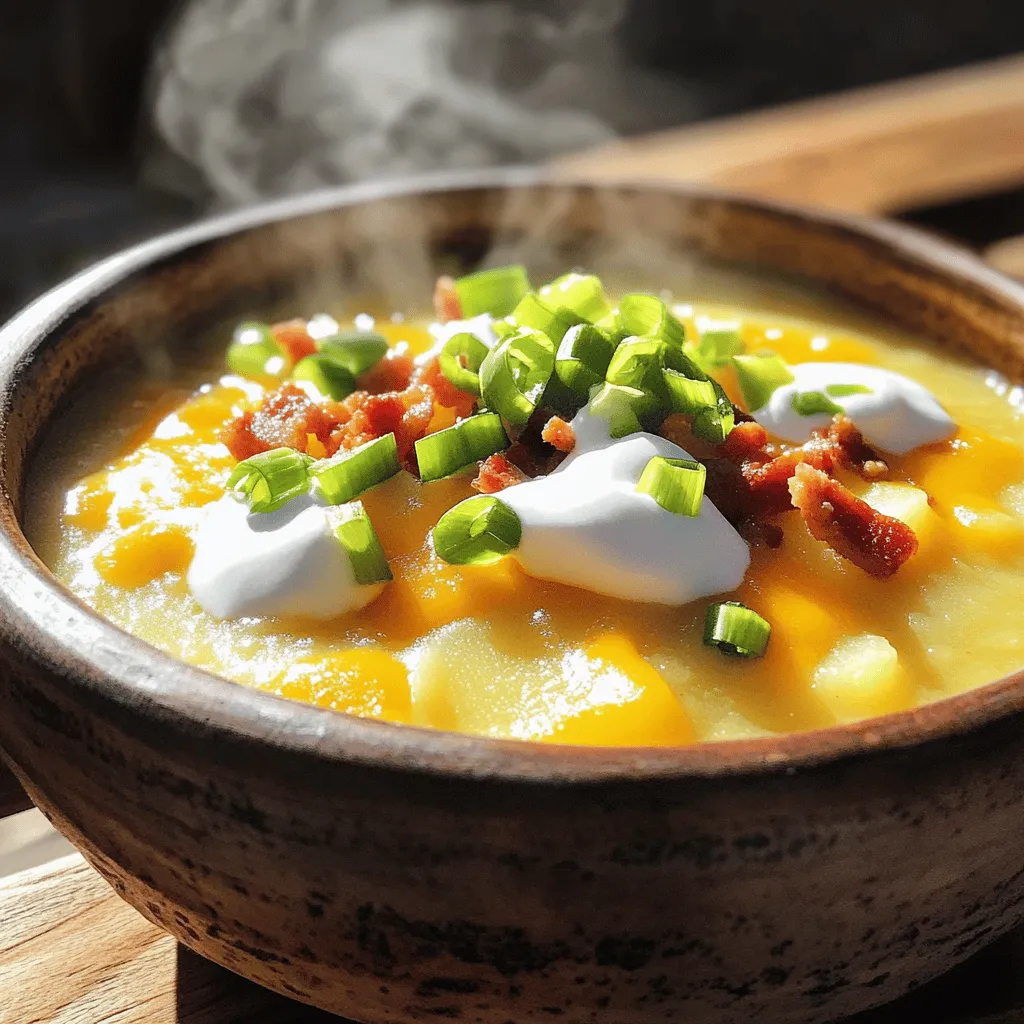 - 6 medium russet potatoes, peeled and diced - 1 small onion, finely chopped - 3 cloves garlic, minced - 4 cups chicken broth (or vegetable broth) - 1 cup cream cheese, softened - 1 cup shredded cheddar cheese - 1 cup sour cream The base of your soup is the potatoes. They bring a nice creamy texture when cooked. I prefer russet potatoes because they break down well. Next, we have the onion and garlic. They add sweet and savory notes. The broth ties everything together, making it rich. Cream cheese, cheddar cheese, and sour cream create the soup's creamy finish. - 1 tablespoon dried chives - 1 teaspoon garlic powder - 1 teaspoon onion powder - Salt and pepper to taste Seasonings make a big difference! Dried chives add a mild onion flavor. Garlic and onion powders boost the overall taste. Always season to your liking with salt and pepper. A pinch can elevate the soup. - Crispy bacon bits (or turkey bacon) - Sliced green onions - Additional shredded cheese Toppings are key for adding texture and flavor. Bacon bits give a nice crunch and a savory kick. Green onions add a fresh bite. Extra cheese? Yes, please! It melts perfectly on top. Start with the potatoes. I use 6 medium russet potatoes, peeled and diced. This size gives the best texture. Next, chop 1 small onion finely. The smaller, the better. It will blend well in the soup. Then, mince 3 cloves of garlic. This adds great flavor. Now, it's time to combine everything in the crock pot. Add the diced potatoes, chopped onion, minced garlic, and 4 cups of chicken broth. If you prefer, use vegetable broth instead. Stir in 1 teaspoon of garlic powder, 1 teaspoon of onion powder, and salt and pepper to taste. It's key that the potatoes are submerged in the broth. Cover the crock pot. Cook on low for 6-7 hours or on high for 3-4 hours. Check the potatoes. They should be tender when done. Once the cooking time is up, use a potato masher or an immersion blender. Mash the potatoes to your desired texture. I like mine a little chunky. Next, stir in 1 cup of softened cream cheese. Mix until it's fully melted. Then, add 1 cup of shredded cheddar cheese and 1 cup of sour cream. Stir well until everything is creamy. Taste your soup. Adjust the seasoning with more salt and pepper if needed. Serve it hot, and enjoy! To get the perfect texture, think about how you want your soup. For a smooth soup, use an immersion blender. Blend until it’s creamy. If you want a chunky soup, use a potato masher. Mash just a bit, leaving some potato pieces. This gives a nice contrast in texture. Seasoning can change everything. I suggest tasting as you go. If it needs more kick, add more garlic powder or onion powder. Fresh herbs can make the soup pop. Try adding chives or parsley for a fresh taste. Just stir them in right before serving. This soup is great with sides. Serve it with crusty bread for dipping. You can also pair it with a simple salad. For a fun twist, serve it in bread bowls. Just hollow out small loaves of bread and fill them with soup. It’s a treat that makes the meal special! {{image_2}} You can easily make this soup vegetarian. Just swap out the chicken broth for vegetable broth. This change keeps the flavor rich while making it meat-free. Additionally, if you want a dairy-free soup, use vegan cream cheese and a dairy-free sour cream. This way, even more people can enjoy this creamy delight. Feel free to get creative with your potatoes. You can use Yukon gold potatoes for a different taste. They offer a buttery flavor that pairs well with the soup. You can also add veggies like carrots or celery. This makes the soup heartier and adds more nutrition. Just chop them small so they cook evenly. If you like a little spice, add paprika or cayenne pepper. These spices can bring warmth to the soup. You can also mix in other cheeses like gouda or mozzarella for a twist. Each cheese adds a unique flavor that elevates the dish. Experiment with your favorites for a fun and tasty experience. To store your leftover soup, let it cool first. Transfer it to an airtight container. This keeps the soup fresh and stops it from absorbing odors. The soup lasts about 3 to 4 days in the fridge. Always check for signs of spoilage before eating. If it smells off or looks strange, toss it out. You can freeze this soup for up to three months. Pour the cooled soup into freezer-safe bags or containers. Leave some space at the top for expansion. When you want to eat it, thaw it in the fridge overnight. This keeps the soup creamy. Avoid thawing in the microwave, as it can change the texture. For reheating, you can use a microwave or stove. If using the microwave, heat in short bursts. Stir the soup often to heat evenly. On the stove, warm it on low heat. Stir it gently to avoid sticking. If the soup thickens too much, add a splash of broth or water. This brings back its creamy goodness. Cooking this soup takes 6-7 hours on low or 3-4 hours on high. The low setting allows the flavors to meld better, while the high setting cooks faster. Both methods yield tender potatoes and creamy soup. Yes, you can prep this soup ahead of time. Chop your potatoes, onion, and garlic. Store them in the fridge for a day or two. You can also cook the soup and keep it in the fridge for up to 3 days. Just reheat it when you're ready to serve. If you need a lighter version, try Greek yogurt or cottage cheese. For a dairy-free option, use cashew cream or tofu blended until smooth. These swaps keep your soup creamy without the cream cheese. Yes, this soup is gluten-free. Just ensure your broth is gluten-free. Most chicken and vegetable broths are safe, but always check the label. The other ingredients are naturally gluten-free too. Absolutely! You can add cooked chicken for protein. Crispy bacon bits or sausage also add great flavor. Just toss in the meat when you stir in the cheese and sour cream for a hearty meal. You now have a complete guide for making a delicious Crock Pot Crack Potato Soup. This recipe covers all key ingredients, step-by-step cooking instructions, and helpful tips. You can also explore variations and storage options to suit your needs. Remember, you can adjust flavors and toppings to make this soup your own. Cooking should be fun, so don’t hesitate to experiment. Enjoy your creamy, hearty soup with friends or family!